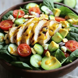 - 2 chicken breasts, grilled and sliced - 4 cups mixed greens (spinach, arugula, romaine) - 1 avocado, diced - 1 cup cherry tomatoes, halved - 1/4 cup red onion, thinly sliced - 1/2 cup cucumber, diced The main ingredients offer a balance of protein, greens, and fresh vegetables. Chicken breasts serve as the star of this dish. They provide lean protein, making the salad filling and healthy. Mixed greens add a variety of textures and flavors, while the avocado brings creaminess. Cherry tomatoes burst with sweetness, and red onion adds a sharp bite. Cucumber gives a refreshing crunch. Together, these ingredients create a colorful and nutritious meal. - 3 tablespoons honey - 2 tablespoons Dijon mustard - 2 tablespoons apple cider vinegar - 1/4 cup olive oil - Salt and pepper to taste The dressing ties everything together. Honey adds sweetness, while Dijon mustard brings a tangy kick. Apple cider vinegar adds brightness, and olive oil smooths the mix. Salt and pepper round out the flavor. This dressing is simple yet packed with flavor. It complements the salad well, enhancing each bite. - 1/4 cup crumbled feta cheese (optional) - 1/4 cup sliced almonds or walnuts (for crunch) Optional add-ins can elevate your salad. Feta cheese adds a salty tang that contrasts nicely with the sweet dressing. Sliced almonds or walnuts provide crunch and a nutty flavor. You can mix and match based on your taste. These add-ins make the salad even more satisfying. You can find the Full Recipe with all the details to get started on your Honey Mustard Chicken Salad! To start, I season the chicken breasts with salt and pepper. This simple step adds great flavor. I prefer to grill the chicken over medium-high heat. Grill each breast for about 6-7 minutes on one side. Then, flip it over and grill for another 6-7 minutes. You want the chicken to be cooked through and no longer pink inside. After grilling, let the chicken rest for a few minutes. This helps keep it juicy when you slice it. Next, I make the honey mustard dressing. In a small bowl, I whisk together the honey, Dijon mustard, apple cider vinegar, and olive oil. The key is to whisk well until the dressing is smooth and creamy. This process is called emulsification. It makes the dressing thick and helps it stick to the salad. After whisking, I taste it. If it needs more flavor, I add a pinch of salt or pepper. Now, it’s time to assemble the salad. I start with a large bowl of mixed greens. Then, I add in diced avocado, halved cherry tomatoes, thinly sliced red onion, and diced cucumber. Next, I top it with the sliced grilled chicken. For a nice crunch, I sprinkle sliced almonds or walnuts over the top. When it’s all in the bowl, I drizzle the honey mustard dressing over everything. To mix, I toss the ingredients gently. This way, all the flavors blend without crushing the greens. You can find the Full Recipe for more detailed steps and measurements. To get juicy grilled chicken, cook for about 6-7 minutes per side. This time works well for chicken breasts that are about 1 inch thick. For thicker pieces, add a few more minutes. You can use a meat thermometer to check the inside temperature. It should reach 165°F for safety. To achieve those lovely grill marks, make sure the grill is hot before adding the chicken. Place the chicken on the grill and do not move it for a few minutes. Once you see good grill lines, flip it over. This method keeps the juices inside the chicken. If your honey mustard dressing is too thick, add a small amount of water or more olive oil. Whisk well until it reaches your desired consistency. If it’s too thin, add a bit more mustard or honey. For extra flavor, you can mix in herbs like dill or chives. A splash of lemon juice can also brighten the taste. Always taste the dressing before serving, and adjust as needed. To make your salad even better, pair it with toasted bread or a light soup. These sides will balance the meal nicely. When serving, use a large bowl to present the salad. This looks great at parties. You can also arrange the salad in layers for a colorful display. Top with feta cheese and nuts just before serving for a fresh look. For the full recipe, check the link provided. {{image_2}} You can switch up the protein in this salad. Rotisserie chicken makes a quick and tasty choice. Just shred the meat and toss it in. If you want a vegetarian option, try using tofu. Press and cube the tofu, then grill or sauté it until golden. This gives you a great base for your salad. While honey mustard dressing is classic, you can change it up. Try different types of mustard like spicy brown or whole grain. Each mustard adds a unique kick. If you're out of honey, you can use agave syrup instead. It has a similar sweetness and works well in this dressing. Using seasonal fruits or vegetables can elevate your salad. In summer, add fresh strawberries or peaches. In fall, try roasted squash or apples. These ingredients add flavor and color. Adjust the salad based on what’s fresh and in season. This keeps it exciting and full of flavor. To keep your Honey Mustard Chicken Salad fresh overnight, store it in the fridge. Use an airtight container to keep out air. This helps maintain the salad's crispness. I suggest layering the salad ingredients. Place the chicken on top of the greens to avoid sogginess. You can also store the dressing separately. This method keeps everything fresh and tasty. If you want to save the salad for later, consider freezing the chicken. Freeze it in a single layer to avoid sticking. For the dressing, do not freeze it. Freezing can change its texture. Instead, store the dressing in the fridge for up to a week. Keep all salad ingredients separate, like the greens and veggies. This way, your salad stays fresh and appealing. For reheating grilled chicken, use the oven or stovetop. Heat it gently to avoid drying it out. Microwave it in short bursts, checking often. For the dressing, if it's too thick after cooling, whisk in a little water to thin it out. Make sure to re-emulsify the dressing before serving. This keeps your salad tasty and fresh. Enjoy every bite! For the full recipe, check out the Honey Mustard Chicken Salad . You can use maple syrup or agave nectar as a sweetener. Both will add a nice flavor. Maple syrup gives a rich taste, while agave is milder. You might want to adjust the amount based on your taste. Start with less and add more if needed. Yes, you can prep the salad ahead of time! Keep the greens and dressing separate. This helps keep the salad fresh and crisp. You can grill the chicken earlier and store it in the fridge. Just remember to add the dressing right before serving. A typical serving has about 350-400 calories. This can vary based on the chicken and dressing amounts. If you want to lower calories, use less dressing or skip the cheese. You can still enjoy the meal without losing flavor. Yes, this salad is gluten-free! All the ingredients, like chicken and veggies, are safe to eat. Just check your dressing to ensure no gluten is added. Most mustard and honey are gluten-free, but always read labels. Many popular chains serve this salad well. Look for it at spots like Panera Bread or Corner Bakery. They often have fresh ingredients and tasty dressings. Local cafés might also have their unique take on this dish. This blog detailed how to create a delicious Honey Mustard Chicken Salad. We covered the ingredients, from the main items to the dressing. I shared tips for perfect grilling and the right way to mix the dressing. You learned how to store it well and even explored fun variations. Remember, customizing your salad can make it your own! Enjoy crafting this meal again and again.