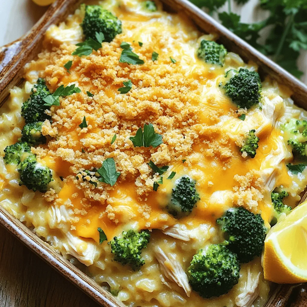 - 2 cups cooked white rice - 2 cups cooked shredded chicken - 1 cup broccoli florets - 1 cup cheddar cheese, shredded - 1 cup cream of chicken soup - 1/2 cup milk - 1 tablespoon olive oil - 1 teaspoon garlic powder - 1 teaspoon onion powder - Salt and pepper to taste - 1/2 cup breadcrumbs (optional) When I make my cheesy chicken and rice casserole, I ensure I have all the right ingredients. This dish is creamy, cheesy, and packed with protein. The rice acts as a base, while the chicken provides great flavor. Broccoli adds a nice crunch and color. If you need to change things up, here are some easy swaps: - Use rotisserie chicken instead of cooking your own. - Try dairy-free cream of chicken soup and cheese for a lighter dish. - If broccoli isn't your favorite, you can use spinach or peas instead. These substitutions keep the dish tasty while fitting your needs. For the full recipe, you can check out the details that follow. - Preheat oven to 350°F (175°C). - Prepare casserole dish with olive oil. First, turn on your oven to 350°F (175°C). This temperature helps the casserole cook evenly. Next, take a 9x13 inch casserole dish and drizzle olive oil inside. This step helps prevent sticking. - Combine rice, chicken, broccoli, cheese, soup, and milk. - Season with garlic powder, onion powder, salt, and pepper. In a large bowl, mix 2 cups of cooked white rice, 2 cups of cooked shredded chicken, and 1 cup of broccoli florets. Then, add 1 cup of shredded cheddar cheese, 1 cup of cream of chicken soup, and 1/2 cup of milk. This mix gives the casserole a creamy texture. Season everything with garlic powder, onion powder, salt, and pepper. Stir until well combined. - Transfer mixture to prepared casserole dish. - Optional: Top with breadcrumbs. - Cover with foil and bake for 20 minutes. - Uncover and bake for an additional 10-15 minutes. Now, pour the mixture into the prepared casserole dish, spreading it evenly. If you like a crunchy top, sprinkle 1/2 cup of breadcrumbs over the casserole. Cover the dish with foil to keep moisture in. Bake for 20 minutes. Then, remove the foil and bake for another 10 to 15 minutes. This step lets the top get golden brown and bubbly. Once it’s done, let it cool for a few minutes. Enjoy your comforting Cheesy Chicken and Rice Casserole! For the full recipe, check the earlier section. To ensure even cooking of the casserole, mix all ingredients well. This helps the flavors blend. Spread the mixture evenly in the dish. Cover it with aluminum foil before baking. This traps steam and keeps everything moist. For a golden breadcrumb topping, add the breadcrumbs right before the last baking phase. Bake uncovered for 10 to 15 minutes. This allows the breadcrumbs to crisp up. You can also drizzle a little olive oil over the top for extra crunch. When serving, garnish the casserole with chopped parsley or green onions. This adds color and freshness. Serve slices hot on plates. You can place a lemon wedge on the side for a zesty touch. Pair the casserole with a simple salad. A fresh green salad balances the richness of the dish. You could also serve steamed vegetables for extra nutrition. The prep time for this dish is about 15 minutes. Cooking the casserole takes around 30 minutes. Overall, you’ll spend about 45 minutes from start to finish. This recipe serves six hearty portions, making it perfect for family meals. {{image_2}} You can change the flavor of your cheesy chicken and rice casserole easily. For a spicy kick, add jalapeños or a splash of hot sauce. This will give your dish a fun and fiery twist. If you prefer Italian flavors, swap out the cream of chicken soup for marinara sauce and use mozzarella cheese instead. This makes the dish rich and comforting with a touch of zest. You can also adapt this casserole to fit different diets. For vegetarian options, replace chicken with cooked lentils or chickpeas. This keeps the dish hearty while making it meat-free. If you are watching carbs, use cauliflower rice instead of white rice. This change keeps the flavor while reducing carbs, making it a healthier choice. You can cook this casserole in several ways to make it fit your schedule. If you want a slow-cooked version, combine all the ingredients in your slow cooker. Cook on low for about 6 hours for a warm, comforting meal. For those short on time, try using an Instant Pot. Cook on high pressure for 10 minutes and let it naturally release for 5 minutes. This method saves time while still delivering that classic cheesy goodness. For the full recipe, check out the complete instructions. To keep your Cheesy Chicken and Rice Casserole fresh, follow these tips: - Cool Down: Let the casserole cool to room temperature before storing. - Refrigeration: Place the leftovers in an airtight container. Store them in the fridge. - Time Limit: Use the leftovers within 3 to 4 days for the best taste. - Labeling: Write the date on the container for easy tracking. If you want to save some for later, freezing is a great option. Here’s how to do it: - Freeze Leftovers: Portion the casserole into smaller containers. This helps with easy serving. - Wrap Well: Use plastic wrap or aluminum foil to cover the containers tightly. - Label and Date: Don’t forget to label each container with the date. When you’re ready to eat, follow these reheating tips: - Thawing: Take the casserole out of the freezer and let it thaw overnight in the fridge. - Reheat: Place the casserole in the oven at 350°F (175°C) for about 20-30 minutes. You want it hot all the way through. - Check for Doneness: Make sure it’s heated well before serving. Enjoy your meal! For the complete recipe, check the [Full Recipe]. How do I make Cheesy Chicken and Rice Casserole from scratch? You can make this dish by mixing cooked rice, shredded chicken, broccoli, cheese, soup, and milk. After seasoning with garlic powder, onion powder, salt, and pepper, you bake it. This method ensures a hearty meal that everyone loves. Can I use brown rice instead of white? Yes, you can use brown rice. It adds a nutty flavor and more fiber. Just remember, brown rice takes longer to cook. Adjust your cooking time if you use it. How long can I store leftovers in the fridge? You can store leftovers for about 3 to 5 days. Keep them in an airtight container for best results. Always check for freshness before eating. What can I substitute for cream of chicken soup? You can use homemade cream of chicken soup or a can of cream of mushroom soup. For a lighter option, mix milk with flour and seasonings. This works well too. Is this casserole freezer-friendly? Yes, this casserole is great for freezing. Just let it cool, then wrap it tightly. It can last for up to 3 months in the freezer. Can I make this recipe ahead of time? Absolutely! You can prep it a day in advance. Just mix the ingredients and keep it in the fridge. Bake it the next day for a fresh meal. For the full recipe, check out the earlier section. This blog post provided a clear recipe for Cheesy Chicken and Rice Casserole. It included ingredients, step-by-step instructions, and tips for success. You learned about ingredient substitutions and various cooking methods, which can make this dish your own. In closing, this casserole is simple and versatile. You can adapt it to suit your tastes or dietary needs. Enjoy making this dish and sharing it with friends and family!