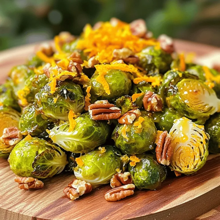 To make this dish, you need a few key items: - 1 lb Brussels sprouts, trimmed and halved - 3 tablespoons olive oil - 2 tablespoons honey or maple syrup - Zest of 1 orange - Juice of 1 orange - 1 teaspoon garlic powder - Salt and pepper to taste These ingredients create a tasty base. The olive oil helps the sprouts crisp up nicely. Honey or maple syrup adds a touch of sweetness. The orange zest and juice give a bright, fresh flavor. Garlic powder adds a savory depth. You can take your Brussels sprouts even further with these extras: - 1/4 cup pecans, roughly chopped (optional) - 2 tablespoons freshly grated Parmesan cheese (optional) Adding pecans gives a nice crunch. Parmesan cheese adds a rich, creamy finish. Both options enhance the flavor and texture. For this recipe, you will need a few tools: - A large mixing bowl - A baking sheet - Parchment paper - A sharp knife for trimming the sprouts - A measuring spoon for accurate amounts Using a baking sheet lined with parchment paper makes cleanup easy. It also helps with even roasting. Having the right tools ensures a smooth cooking experience. For the full recipe, you can refer to the detailed instructions above. Start by washing your Brussels sprouts. Remove any yellow leaves and trim the ends. Then, cut each sprout in half. This helps them cook evenly and get crispy. In a large bowl, toss the halved Brussels sprouts with olive oil. Add honey or maple syrup, orange zest, and orange juice. Next, sprinkle in garlic powder, salt, and pepper. Mix well so every sprout gets coated. This is key for flavor. Preheat your oven to 400°F (200°C). Spread the Brussels sprouts cut-side down on a lined baking sheet. This helps them brown nicely. Roast for 20-25 minutes. Stir halfway to ensure even cooking. If you want, add pecans during the last five minutes. They will toast well! When done, sprinkle with Parmesan cheese for extra taste. Let them cool a bit before serving. Enjoy your tasty dish! For the full recipe, check the section above. To get the best roast on your Brussels sprouts, follow these steps: - Cut them right: Halve each sprout to expose more surface area. - Use high heat: Set your oven to 400°F (200°C). This helps them crisp up. - Don't crowd the pan: Spread the sprouts out in a single layer. This ensures even cooking. - Check for doneness: Look for deep golden color and crispy edges. This takes about 20-25 minutes. Want to boost the flavor of your Brussels sprouts? Try these tips: - Citrus zest: Adding orange zest gives a bright, fresh taste. - Sweetness: Honey or maple syrup adds a nice touch of sweetness. - Crunch factor: Toss in chopped pecans for a delightful crunch. - Cheese: Freshly grated Parmesan makes a tasty finish. Here are some common pitfalls to watch out for: - Not trimming properly: Always trim and halve the sprouts for even cooking. - Skipping the oil: Oil is key for crispiness. Don’t skip it! - Overcooking: Keep an eye on the time. You want them crispy, not mushy. - Ignoring the toss: Stir halfway through to ensure all sides get roasted. These tips and tricks will help you create the perfect Oven-Roasted Brussels Sprouts. For a full guide, check out the Full Recipe! {{image_2}} You can change the taste by adding different seasonings. Try chili powder for heat. You can use cumin for a warm, earthy flavor. Smoked paprika gives a nice depth. Season them with a pinch of nutmeg for a warm twist. Just mix these spices with your olive oil before tossing the sprouts. Brussels sprouts pair well with many veggies. Try adding carrots for sweetness or bell peppers for crunch. Cauliflower works great for a tasty mix. You can even add sweet potatoes for a hearty dish. Just cut them to the same size as the sprouts. This way, they roast evenly. If you want a different sweetness, try agave syrup or brown sugar. Maple syrup adds a unique flavor. You can also use coconut sugar for a lower glycemic option. Each sweetener gives a different taste, so feel free to experiment. Just be sure to adjust the amount to your liking. Check out the Full Recipe for the base ingredients to get started! To store leftover Brussels sprouts, first let them cool. Place them in an airtight container. Keep the container in the fridge. Try to use them within three days for the best taste. If they are still warm, they may create steam. This steam can make the sprouts soggy, which you want to avoid. When reheating Brussels sprouts, use the oven for the best results. Preheat your oven to 350°F (175°C). Spread the sprouts on a baking sheet in a single layer. Heat them for about 10-15 minutes, or until they are warm. This method keeps them crispy. If you use a microwave, they might turn soft. You can freeze Brussels sprouts, but they need some prep. Blanch the sprouts in boiling water for three minutes. Then, quickly place them in ice water. Drain them and dry them well. Pack them in freezer bags, squeezing out the air. They can last up to six months in the freezer. When you are ready to use them, thaw in the fridge overnight before cooking. For a great dish, try them using the full recipe! Yes, you can use frozen Brussels sprouts. However, fresh sprouts give better results. Frozen sprouts often hold extra water. This can lead to steaming instead of roasting. If you choose frozen, thaw and drain them well. Pat them dry with a towel. This step helps them crisp up when roasted. Brussels sprouts are done when they are golden brown and crispy outside. They should also feel tender when pierced with a fork. A good way to check is to look for a nice caramelized color. If they look dark and crispy, they are perfectly roasted. Oven-roasted Brussels sprouts pair well with many dishes. I love to serve them with roasted chicken or fish. They also go great with quinoa or rice. For a hearty meal, try them with steak or pork chops. You can even toss them into a salad for a crunchy texture. For the full recipe, check out the detailed steps above. Oven-roasted Brussels sprouts are simple but full of flavor. We covered key ingredients, tools, and steps for making them perfectly. I shared tips to enhance taste and avoid common pitfalls. You can even explore fun variations and ways to store leftovers. In the end, these sprouts can be a delicious side for any meal. Try these methods and enjoy this healthy dish!