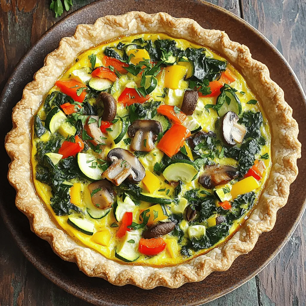 This savory vegetable quiche is simple and quick to make. You can whip it up in just one hour. It serves six people and is perfect for any meal. The mix of fresh veggies and creamy eggs makes for a tasty dish. Plus, you can serve it warm or cold. - 1 pre-made pie crust - 1 cup fresh spinach, chopped - 1 cup mushrooms, sliced - 1 medium zucchini, diced - 1 bell pepper (red or yellow), diced - 1 small onion, diced - 4 large eggs - 1 cup heavy cream - 1 cup shredded cheese (cheddar, mozzarella, or a mix) - Salt and pepper to taste - 1 teaspoon dried oregano - 1 teaspoon garlic powder You can make this quiche fun with add-ins. Try adding cooked bacon or ham for extra flavor. You can also swap in different cheeses like feta or goat cheese. Want more greens? Add kale or broccoli. The options are endless! Start by preheating your oven to 375°F (190°C). Grab your pre-made pie crust and roll it out into a 9-inch pie dish. Press it against the sides firmly. This step is key to get a nice shape. Next, you need to pre-bake the crust for 10 minutes. This helps prevent a soggy bottom. After that, remove it from the oven and let it cool slightly. Now, let’s cook the veggies. In a large skillet, drizzle some olive oil over medium heat. Add the diced onion and bell pepper first. Sauté them until they soften, about 5 minutes. This will make your kitchen smell amazing! Then, toss in the sliced mushrooms, diced zucchini, and chopped spinach. Cook this mix for another 5 minutes until all the vegetables are tender. Once done, remove from heat and set aside. In a mixing bowl, whisk together 4 large eggs and 1 cup of heavy cream. Add in 1 teaspoon each of dried oregano and garlic powder. Don’t forget to season with salt and pepper to taste. Whisk until everything is well combined. This mixture will give your quiche a rich flavor. Now, it’s time to put it all together! Spread the sautéed vegetables evenly across your pre-baked pie crust. Sprinkle 1 cup of shredded cheese over the veggies. Finally, pour the egg mixture on top. Make sure it fills the pie crust evenly. You can now find the full recipe above for the next steps, including baking! To get the best texture for your quiche, focus on cooking the veggies first. Sautéing them removes extra moisture. This step helps avoid a soggy crust. Use fresh vegetables for a vibrant taste. You can also mix in some herbs like thyme or basil. They add a nice depth of flavor. When mixing the eggs and cream, whisk until smooth. This ensures even cooking. Bake until the top is golden brown. This indicates the quiche is cooked well. When serving your savory vegetable quiche, presentation matters. Cut the quiche into even slices. Use a spatula to lift each piece. Place the slice on a colorful plate. Garnish with fresh herbs, like parsley or chives. These add a pop of color and flavor. Serve it warm, but it’s also tasty at room temperature. For a fun twist, top with a dollop of sour cream or yogurt. Pair your quiche with light side dishes. A fresh salad makes a great option. Use mixed greens, cherry tomatoes, and a simple vinaigrette. Another idea is to serve it with a side of roasted potatoes. Their crispy texture complements the soft quiche. You can also add some fruit on the side, like sliced apples or berries. This adds sweetness and balances the meal. For a simple touch, serve with a glass of iced tea or lemonade. {{image_2}} You can make this quiche even more colorful and tasty. Try adding different vegetables. Broccoli, asparagus, or artichokes work great. You can also use kale instead of spinach. For a nice kick, add sun-dried tomatoes or roasted red peppers. These add flavor and make it more fun! If you love meat, add some to your quiche. Cooked bacon or sausage gives a delicious taste. You can also try ham or turkey. Just chop the meat into small pieces and mix it with the veggies. This adds protein and makes the dish heartier. Cheese can change the whole flavor. If you want to try something new, swap out the cheese. Feta adds a salty taste that goes well with spinach. Goat cheese gives a creamy texture. You can also use dairy-free cheese for a lighter option. Mix and match to find your favorite! For the full recipe, refer back to the ingredients list. After enjoying your savory vegetable quiche, store leftovers in an airtight container. This keeps your quiche fresh. You can also wrap it tightly in plastic wrap or aluminum foil. Make sure to store it in the fridge. Leftovers can last up to three days. If you want to keep it longer, consider freezing. To reheat, you can use an oven or a microwave. For the oven, preheat it to 350°F (175°C). Place the quiche on a baking sheet and heat for about 15-20 minutes. This method keeps the crust crispy. If you’re in a hurry, use the microwave. Heat individual slices for about 1-2 minutes. Check if it’s warm throughout. Freezing quiche is a great way to save it for later. First, let the quiche cool completely. Then, wrap it well in plastic wrap and foil. You can also use a freezer-safe container. Label it with the date. Frozen quiche lasts up to two months. To enjoy, thaw in the fridge overnight before reheating. For the full recipe, check out the recipe I shared earlier. Yes, you can use many types of crusts. You can try a whole wheat crust or a gluten-free one. A puff pastry adds a flaky touch. If you prefer no crust, a crustless quiche works too. Just grease the pie dish well. This keeps the quiche from sticking. You can store the quiche in the fridge for up to four days. Make sure to cover it well. Use plastic wrap or aluminum foil to keep it fresh. When you want to eat it, just reheat slices in the oven or microwave. Yes, you can make the quiche ahead of time. Bake it and cool it completely. Then, store it in the fridge. You can also freeze it for up to three months. Just thaw it overnight in the fridge before reheating. This makes it easy for busy days. For the full recipe, check out the details above. This blog post covered how to make a delicious quiche. We went over the ingredients, step-by-step instructions, and helpful tips to get it just right. You can explore variations with veggies, meats, or different cheeses. We also talked about storage info to keep your leftovers fresh. In the end, quiche is versatile and fun to make. With these instructions, you can impress anyone at your table. Enjoy your cooking!
