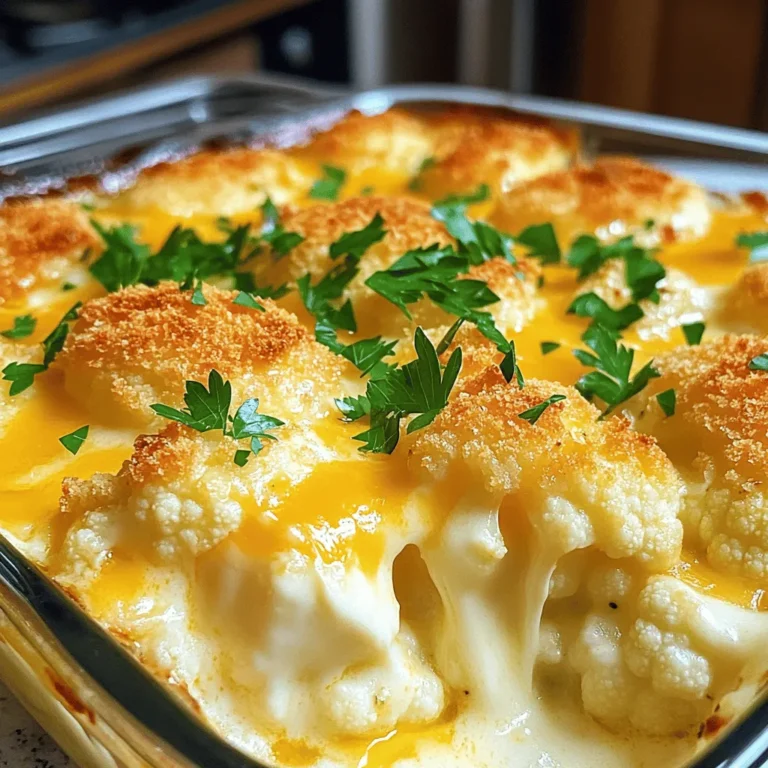 To make Cheesy Cauliflower Gratin, you need fresh, simple ingredients that create rich flavors. Here’s what you'll need: - 1 medium head of cauliflower, cut into florets - 2 cups sharp cheddar cheese, grated - 1 cup Gruyère cheese, grated - 1 cup heavy cream - 1 cup milk - 2 tablespoons unsalted butter - 2 tablespoons all-purpose flour - 1 teaspoon garlic powder - 1 teaspoon onion powder - Salt and pepper to taste - 1/2 cup breadcrumbs (for topping) - 2 tablespoons fresh parsley, chopped (for garnish) These ingredients blend together to form a creamy, cheesy delight. The cauliflower gives it a healthy twist while the cheese adds that irresistible comfort. I love using sharp cheddar for its bold taste, and Gruyère brings a nutty flavor. The heavy cream and milk create a smooth sauce that coats each floret perfectly. When you prepare this dish, make sure to use fresh cauliflower. It keeps the dish light and bright. The breadcrumbs on top give it a lovely crunch, while parsley adds a pop of color. You can find the Full Recipe for detailed steps to follow. Enjoy cooking this classic comfort dish! - First, cut your cauliflower into small florets. - Bring a pot of salted water to a boil. - Blanch the florets in boiling water for about 5 minutes. - The cauliflower should be slightly tender but still firm. - Once done, drain the florets and set them aside. - In a medium saucepan, melt the butter over medium heat. - Add the flour and whisk it for 1-2 minutes to make a roux. - Gradually pour in the milk and cream while whisking. - Keep stirring until the mix thickens, about 5 minutes. - Add garlic powder, onion powder, salt, and pepper to flavor the sauce. - Remove the saucepan from the heat. - Fold in 1.5 cups of cheddar and Gruyère cheese until melted. - In a large bowl, mix the blanched cauliflower with the cheese sauce. - Stir until every piece of cauliflower is coated. - Transfer this cheesy mixture into a greased baking dish. - In a small bowl, mix the remaining cheese with breadcrumbs. - Sprinkle this mix evenly over the top of your dish. - Bake at 375°F (190°C) for 25-30 minutes. - The top should be golden and bubbling when done. - Let it rest for 5 minutes before serving. - Garnish with fresh parsley for a pop of color. For the Full Recipe, check the ingredients and steps listed above. Enjoy this comforting dish! When picking cauliflower, look for firm, white heads. Freshness shows in tight florets. Avoid any brown spots or wilting leaves. These signs mean the cauliflower is old. To clean it, remove the leaves and cut off the stem. Rinse the florets under cold water. Make sure to wash all the nooks and crannies. This gets rid of dirt and bugs. For a great gratin, use sharp cheddar and Gruyère cheese. These cheeses melt well and add rich flavor. You can also mix in mozzarella for extra creaminess. If you prefer dairy-free options, try vegan cheese or cashew cheese. These can work well for a tasty, creamy dish. To make your gratin pop, add spices and herbs. Garlic powder and onion powder work wonders. You can also try adding thyme or nutmeg for a deeper flavor. When it comes to salt, taste as you go. Each cheese has its salt level. Adjust the salt to your liking for the best taste. {{image_2}} You can easily switch up the veggies in this dish. Broccoli and Brussels sprouts work well. They add great flavor and nutrition. You can also mix different cheeses. Mozzarella and gouda can bring a unique taste. Try a blend for a fun twist. You can cook this dish on the stovetop or in the oven. The stovetop method is quick and easy. It’s perfect for busy nights. You can also make it ahead of time. Just prepare the gratin and store it in the fridge. Bake it when you're ready to serve. It’s a great way to save time. Cheesy cauliflower gratin pairs well with many main dishes. It goes nicely with roasted chicken or baked fish. You can also serve it with a fresh salad for balance. Think about adding some crusty bread too. It helps soak up all that cheesy goodness! To store leftovers, place them in an airtight container. This keeps the cheesy cauliflower gratin fresh. Make sure to refrigerate within two hours of cooking. It will last up to three days in the fridge. When reheating, use the oven for the best results. Preheat it to 350°F (175°C). Cover the dish with foil to keep moisture in. Heat for about 15-20 minutes or until warm. You can also use the microwave, but the oven keeps the top crispy. To freeze cheesy cauliflower gratin, let it cool completely first. Portion it into freezer-safe containers. Leave some space at the top for expansion. It will stay fresh for up to three months. When you’re ready to eat, thaw it in the fridge overnight. Reheat in the oven at 350°F (175°C) for about 25-30 minutes. Cover with foil if it starts to brown too much. Enjoy the creamy, cheesy goodness again! For the full recipe, check the earlier section. You can use whole milk or half-and-half. Both make a lighter dish. You can also try coconut milk for a dairy-free option. Just remember, these swaps may change the taste and texture a bit. Yes, you can prepare it in advance. Cook the cauliflower and make the cheese sauce. Put everything together and store it in the fridge. Bake it just before serving for the best results. To reheat, place it in the oven at 350°F (175°C). Cover it with foil to keep it creamy. Heat for about 20 minutes or until warm. This method prevents it from drying out. It lasts about 3-5 days in the fridge. Keep it in an airtight container. Always check for signs of spoilage before eating leftovers. Yes, you can make it gluten-free easily. Just swap the all-purpose flour for a gluten-free flour blend. This keeps the dish safe for those with gluten sensitivities. Absolutely! Frozen cauliflower works well. Just thaw it and drain any extra water. This will help keep your gratin from being watery. You might need to adjust the cooking time slightly, so keep an eye on it. Cheesy Cauliflower Gratin is an easy dish to make and enjoy. You learned how to pick fresh cauliflower, create a creamy cheese sauce, and bake it to perfection. Tips and variations helped expand your cooking ideas. Remember, this dish is flexible. You can switch veggies or cheese types to fit your taste. With great storage options, you can enjoy leftovers for days. So dive in and create your own twist on this warm, cheesy classic!