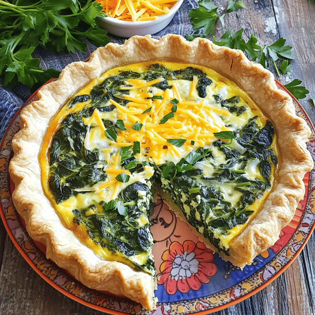 To make a tasty spinach bacon quiche, you need these key ingredients: - 1 pre-made pie crust - 2 cups fresh spinach, chopped - 4 large eggs - 1 cup heavy cream - 1 cup shredded cheese (cheddar or mozzarella) - 1 small onion, finely chopped - 2 cloves garlic, minced - Salt and pepper to taste - 1/4 teaspoon nutmeg (optional for warmth) - 1 tablespoon olive oil These ingredients blend well to create a rich and creamy filling. The pie crust holds everything together and adds a nice crunch. You can customize your quiche with these extra ingredients: - Cooked bacon or ham for added flavor - Bell peppers for sweetness and color - Mushrooms for earthiness - Fresh herbs like basil or thyme for a burst of flavor Feel free to mix and match these options. They allow you to make the quiche your own. Here are some nutritional insights for key ingredients: - Spinach: High in vitamins A and C, plus iron, spinach boosts health. - Eggs: A great source of protein and B vitamins. - Heavy cream: Adds richness but contains more calories and fat. - Cheese: Offers calcium and protein, but choose low-fat for lighter meals. Using fresh ingredients not only enhances taste but also brings health benefits. For the complete method to prepare this dish, check the Full Recipe. To start, gather your ingredients. You need fresh spinach, bacon, and some aromatics. First, cook the bacon in a skillet. Use medium heat and let it crisp up. When done, remove it and chop it into smaller pieces. In the same skillet, add a bit of olive oil if needed. Then, add finely chopped onion and minced garlic. Sauté these for about three to four minutes. The onion should get soft and clear. Next, toss in the chopped spinach. Cook until it wilts, which takes around two to three minutes. Combine the bacon with the spinach mixture after it cools. Now, grab a large bowl. Crack four large eggs into it. Pour in one cup of heavy cream. Whisk them together until smooth. Season the mix with salt and pepper. If you like, add a pinch of nutmeg for extra warmth. This step adds depth to your quiche. Once done, stir in the spinach and bacon mixture along with shredded cheese. Mix everything well until combined. Preheat your oven to 375°F (190°C). Take a pre-made pie crust and pour the filling into it. Spread the mix evenly so every slice has balanced flavors. Bake in the oven for 35 to 40 minutes. Check if it’s done by inserting a toothpick into the center. If it comes out clean, your quiche is ready. Allow it to cool for about ten minutes before slicing. This helps it set and makes serving easier. For the best presentation, cut into wedges and serve on a colorful plate. Garnish with parsley or extra cheese to make it extra appealing. For the full recipe, including all the ingredients and detailed instructions, refer to the Full Recipe link. When making quiche, avoid these common mistakes to get the best results: - Skipping the pre-bake: Always pre-bake your crust. This helps keep it crisp. - Overfilling the crust: Too much filling can make the quiche soggy. Fill it just right. - Not cooling sautéed veggies: Adding hot veggies to the egg mix can cook the eggs. Let them cool. - Underseasoning: Don’t forget to season with salt and pepper. It enhances the flavors. A great crust makes a tasty quiche. Here are some tips to perfect it: - Use a pre-made pie crust: It's easy and saves time. Look for quality brands. - Thaw properly: If using frozen crust, thaw it fully. A cold crust can crack. - Dock the crust: Poke small holes in the bottom with a fork. This prevents bubbling. - Bake until golden: Bake until the crust is lightly golden. It will hold up better. Having the right tools makes quiche-making easier. Here’s what you need: - 9-inch pie dish: A standard size for most quiche recipes. - Mixing bowl: Use a large bowl for mixing eggs and cream. - Whisk: A good whisk helps blend eggs smoothly. - Skillet: A non-stick skillet works well for sautéing veggies. - Knife: A sharp knife is great for chopping onions and garlic. These tips and tools can help you create a perfect spinach bacon quiche. For the exact recipe, check out the Full Recipe. {{image_2}} You can change the protein in your quiche to fit your taste. If you love bacon, try ham or sausage. Both add a nice, savory kick to the dish. If you want a smokier flavor, use smoked turkey or chorizo. These meats mix well with the spinach and cheese. Just cook the meat first, then add it to the egg mixture. For a vegetarian twist, skip the meat altogether. You can still enjoy a hearty quiche. Add mushrooms or bell peppers for extra flavor. Artichokes and sun-dried tomatoes also work well. These options provide a fresh taste and a colorful look. You can even add more cheese or tofu for protein. This way, everyone can enjoy the quiche! Herbs and spices can transform your quiche into something special. Fresh herbs like basil, thyme, or dill add bright flavors. Try adding a pinch of cayenne pepper for some heat. A dash of paprika can give it a nice color too. If you want warmth, add nutmeg, as mentioned in the Full Recipe. These simple additions boost the taste and make each slice a delight. To keep your quiche fresh, store it in an airtight container. Let it cool before sealing. You can also cover it tightly with plastic wrap. This method helps keep moisture in and prevents drying. Quiche stays tasty in the fridge for about 3 to 4 days. If you want to keep it longer, freezing is a great option. Reheating quiche is easy. Preheat your oven to 350°F (175°C). Place the quiche on a baking sheet. Heat for about 15 to 20 minutes. This method warms it evenly. You can also use a microwave for a quick fix. Heat it on medium for 1 to 2 minutes. However, the oven gives a better texture. Freezing quiche lets you enjoy it later. First, let it cool completely. Wrap it tightly in plastic wrap and then in aluminum foil. This double wrap prevents freezer burn. Quiche can stay frozen for up to 2 months. When ready to eat, thaw it in the fridge overnight. Then, reheat it in the oven for the best results. For the full recipe, check out the main article. I enjoy serving Spinach Bacon Quiche warm, fresh from the oven. You can slice it into wedges and place them on a colorful plate. Add a sprig of fresh parsley on top for a nice touch. This adds color and makes it look fancy. You can pair it with a simple salad or some fruit for a balanced meal. Yes, you can! If you like, try using feta, goat cheese, or even Swiss cheese. Each type adds a unique flavor to the quiche. Just remember to keep the amount around one cup, like the Full Recipe suggests. This way, your quiche will stay creamy and delicious. Spinach Bacon Quiche lasts about three to four days in the fridge. Make sure to cover it well with plastic wrap or place it in an airtight container. This keeps it fresh and tasty. If you want to keep it longer, consider freezing it. Just remember to thaw it in the fridge before reheating. Spinach bacon quiche combines tasty ingredients and easy steps. You learned about the key elements, tips to avoid mistakes, and how to customize your quiche. I shared methods to store and reheat leftovers so you waste less food. For detailed instructions, refer to the Full Recipe in the FAQs. Enjoy creating your quiche! Cook with joy and experiment with flavors to make it your own.