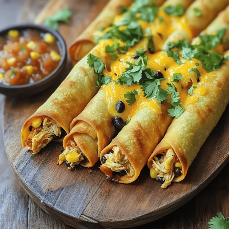 For baked chicken taquitos, you need a few key items. These ingredients create a tasty filling. Here’s what you will gather: - 2 cups shredded cooked chicken - 1 cup black beans, rinsed and drained - 1 cup corn kernels (fresh or frozen) - 1 cup shredded cheddar cheese - 10 small corn tortillas - 2 tablespoons olive oil Seasonings bring out the best flavors in your taquitos. I use simple spices that add depth. Here’s what you need: - 1 teaspoon cumin - 1 teaspoon garlic powder - 1 teaspoon onion powder - 1/2 teaspoon smoked paprika - Salt and pepper to taste These spices enhance the taste of the chicken and beans. You will love the warmth and aroma they add. You can serve your taquitos with a few extras. These items make your meal even more special. Consider these optional ingredients: - Salsa for serving - Fresh cilantro for garnish Adding salsa provides a fresh kick. Cilantro adds a nice touch of color and flavor. These options make your dish look and taste amazing. For the full recipe, check out the details above. Enjoy making these crispy and flavorful treats! First, preheat your oven to 400°F (200°C). This step gets your oven ready for the taquitos. In a large bowl, mix the shredded cooked chicken, black beans, corn, shredded cheese, cumin, garlic powder, onion powder, smoked paprika, salt, and pepper. Use a spoon to combine them well. You want every bite to be full of flavor! If your corn tortillas feel hard, warm them in the microwave. Heat them for about 30 seconds to make them soft and easy to roll. This makes filling them much easier. Now, it’s time to fill the taquitos! Take a warm tortilla and place about 2 tablespoons of the chicken mixture in the center. Roll it tightly from one end to the other. Make sure to tuck in the sides as you roll. This helps keep the filling inside. Once you have rolled all the taquitos, place them seam-side down on a baking sheet lined with parchment paper. This keeps them from sticking. Next, brush the tops of the taquitos with olive oil. This gives them that crispy texture we all love. Make sure each taquito gets a nice coat of oil. Now, put the baking sheet in the preheated oven. Bake for 20-25 minutes, or until the taquitos turn golden brown and crispy. Keep an eye on them to avoid burning. When they are done, take them out and let them cool slightly. Serve them with salsa on the side and garnish with fresh cilantro. Enjoy your crunchy and tasty baked chicken taquitos! For the complete guide, check out the Full Recipe. To get crispy taquitos, use olive oil wisely. Brush the tops before baking. This helps them brown and crisp nicely. Make sure to place them seam-side down on the baking sheet. This keeps them rolled tight and prevents them from unrolling. Bake them until golden brown, about 20 to 25 minutes. Corn tortillas work best for taquitos. They are thin and get crispy when baked. Look for small, fresh corn tortillas. If they are stiff, warm them in the microwave for about 30 seconds. This makes them easier to roll without breaking. You can also try flour tortillas, but they won’t be as crispy. Serve your taquitos with a side of salsa. Fresh salsa adds flavor and a nice kick. You can also top them with avocado or guacamole for creaminess. Fresh cilantro makes a great garnish. It adds color and a fresh taste. Enjoy these with a cold drink for a perfect meal! For more details on making these tasty treats, check the Full Recipe. {{image_2}} You can switch the chicken for other meats. Ground beef or turkey works well. Just cook the meat first. Shred or crumble it into small pieces. Mix it with the other filling ingredients. This change adds a new flavor. Beef gives a richer taste, while turkey is leaner. For a meat-free version, skip the chicken. You can use more beans or veggies instead. Try adding sautéed bell peppers, zucchini, or mushrooms. These add texture and taste. Use a mix of black beans and pinto beans for extra protein. You can also add cheese for creaminess. Want more heat? Add chopped jalapeños or diced green chilies to the filling. You can also sprinkle in some cayenne pepper or crushed red pepper flakes. Adjust the amount to your liking. For a milder flavor, leave out the spicy ingredients. Enjoy experimenting with flavors! For the full recipe, check the [Full Recipe]. After you enjoy your taquitos, let them cool completely. Place them in an airtight container. Keep them in the fridge. They will stay fresh for up to three days. This way, you can savor those yummy flavors again! To reheat, preheat your oven to 375°F (190°C). Place the taquitos on a baking sheet. Heat them for about 10 to 15 minutes, or until they are hot and crispy again. You can also use a microwave if you're in a hurry. Just warm them for about 30 seconds, but they won’t be as crispy. Want to save some for later? You can freeze taquitos! First, let them cool completely. Wrap each taquito in plastic wrap. Then, place them in a freezer-safe bag. They can last up to three months in the freezer. When you’re ready to eat, just bake them straight from the freezer. Bake at 400°F (200°C) for about 25 to 30 minutes. This makes for a quick and tasty meal! For the full recipe, check out the complete guide to Baked Chicken Taquitos. Yes, you can use frozen chicken. Just make sure to cook it first. You can boil, bake, or sauté it until it's fully cooked. After cooking, shred the chicken and follow the recipe as usual. Using frozen chicken can save time if you are in a hurry. Just remember to check that it is thoroughly cooked before mixing it with the other ingredients. To keep your taquitos crispy, here are some tips: - Use fresh or warmed tortillas. This helps them stay pliable and roll easily. - Avoid overfilling the tortillas. Too much filling can cause sogginess. - Brush the rolled taquitos with olive oil. This helps create a crispy outer layer while baking. - Bake them until golden brown. This ensures they are crispy and delicious. You can serve taquitos with many tasty sides. Here are some great options: - Salsa is a classic choice. It adds a zesty kick. - Guacamole pairs well and adds creaminess. - A fresh salad can balance the meal. - Rice or beans make a filling side. - Add some sour cream for a rich touch. You can find the full recipe for these crispy baked chicken taquitos to explore more ideas! You now have a clear recipe and tips for baked chicken taquitos. From selecting the right ingredients to achieving that perfect crispy texture, you can make a tasty meal. Variations give you options for different diets. Remember to store leftovers properly and reheat them for later. With a few simple steps, you’ll serve delicious taquitos that everyone will love. Enjoy making and sharing this fun dish!
