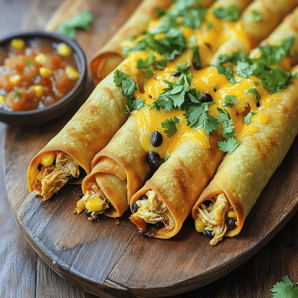 For baked chicken taquitos, you need a few key items. These ingredients create a tasty filling. Here’s what you will gather: - 2 cups shredded cooked chicken - 1 cup black beans, rinsed and drained - 1 cup corn kernels (fresh or frozen) - 1 cup shredded cheddar cheese - 10 small corn tortillas - 2 tablespoons olive oil Seasonings bring out the best flavors in your taquitos. I use simple spices that add depth. Here’s what you need: - 1 teaspoon cumin - 1 teaspoon garlic powder - 1 teaspoon onion powder - 1/2 teaspoon smoked paprika - Salt and pepper to taste These spices enhance the taste of the chicken and beans. You will love the warmth and aroma they add. You can serve your taquitos with a few extras. These items make your meal even more special. Consider these optional ingredients: - Salsa for serving - Fresh cilantro for garnish Adding salsa provides a fresh kick. Cilantro adds a nice touch of color and flavor. These options make your dish look and taste amazing. For the full recipe, check out the details above. Enjoy making these crispy and flavorful treats! First, preheat your oven to 400°F (200°C). This step gets your oven ready for the taquitos. In a large bowl, mix the shredded cooked chicken, black beans, corn, shredded cheese, cumin, garlic powder, onion powder, smoked paprika, salt, and pepper. Use a spoon to combine them well. You want every bite to be full of flavor! If your corn tortillas feel hard, warm them in the microwave. Heat them for about 30 seconds to make them soft and easy to roll. This makes filling them much easier. Now, it’s time to fill the taquitos! Take a warm tortilla and place about 2 tablespoons of the chicken mixture in the center. Roll it tightly from one end to the other. Make sure to tuck in the sides as you roll. This helps keep the filling inside. Once you have rolled all the taquitos, place them seam-side down on a baking sheet lined with parchment paper. This keeps them from sticking. Next, brush the tops of the taquitos with olive oil. This gives them that crispy texture we all love. Make sure each taquito gets a nice coat of oil. Now, put the baking sheet in the preheated oven. Bake for 20-25 minutes, or until the taquitos turn golden brown and crispy. Keep an eye on them to avoid burning. When they are done, take them out and let them cool slightly. Serve them with salsa on the side and garnish with fresh cilantro. Enjoy your crunchy and tasty baked chicken taquitos! For the complete guide, check out the Full Recipe. To get crispy taquitos, use olive oil wisely. Brush the tops before baking. This helps them brown and crisp nicely. Make sure to place them seam-side down on the baking sheet. This keeps them rolled tight and prevents them from unrolling. Bake them until golden brown, about 20 to 25 minutes. Corn tortillas work best for taquitos. They are thin and get crispy when baked. Look for small, fresh corn tortillas. If they are stiff, warm them in the microwave for about 30 seconds. This makes them easier to roll without breaking. You can also try flour tortillas, but they won’t be as crispy. Serve your taquitos with a side of salsa. Fresh salsa adds flavor and a nice kick. You can also top them with avocado or guacamole for creaminess. Fresh cilantro makes a great garnish. It adds color and a fresh taste. Enjoy these with a cold drink for a perfect meal! For more details on making these tasty treats, check the Full Recipe. {{image_2}} You can switch the chicken for other meats. Ground beef or turkey works well. Just cook the meat first. Shred or crumble it into small pieces. Mix it with the other filling ingredients. This change adds a new flavor. Beef gives a richer taste, while turkey is leaner. For a meat-free version, skip the chicken. You can use more beans or veggies instead. Try adding sautéed bell peppers, zucchini, or mushrooms. These add texture and taste. Use a mix of black beans and pinto beans for extra protein. You can also add cheese for creaminess. Want more heat? Add chopped jalapeños or diced green chilies to the filling. You can also sprinkle in some cayenne pepper or crushed red pepper flakes. Adjust the amount to your liking. For a milder flavor, leave out the spicy ingredients. Enjoy experimenting with flavors! For the full recipe, check the [Full Recipe]. After you enjoy your taquitos, let them cool completely. Place them in an airtight container. Keep them in the fridge. They will stay fresh for up to three days. This way, you can savor those yummy flavors again! To reheat, preheat your oven to 375°F (190°C). Place the taquitos on a baking sheet. Heat them for about 10 to 15 minutes, or until they are hot and crispy again. You can also use a microwave if you're in a hurry. Just warm them for about 30 seconds, but they won’t be as crispy. Want to save some for later? You can freeze taquitos! First, let them cool completely. Wrap each taquito in plastic wrap. Then, place them in a freezer-safe bag. They can last up to three months in the freezer. When you’re ready to eat, just bake them straight from the freezer. Bake at 400°F (200°C) for about 25 to 30 minutes. This makes for a quick and tasty meal! For the full recipe, check out the complete guide to Baked Chicken Taquitos. Yes, you can use frozen chicken. Just make sure to cook it first. You can boil, bake, or sauté it until it's fully cooked. After cooking, shred the chicken and follow the recipe as usual. Using frozen chicken can save time if you are in a hurry. Just remember to check that it is thoroughly cooked before mixing it with the other ingredients. To keep your taquitos crispy, here are some tips: - Use fresh or warmed tortillas. This helps them stay pliable and roll easily. - Avoid overfilling the tortillas. Too much filling can cause sogginess. - Brush the rolled taquitos with olive oil. This helps create a crispy outer layer while baking. - Bake them until golden brown. This ensures they are crispy and delicious. You can serve taquitos with many tasty sides. Here are some great options: - Salsa is a classic choice. It adds a zesty kick. - Guacamole pairs well and adds creaminess. - A fresh salad can balance the meal. - Rice or beans make a filling side. - Add some sour cream for a rich touch. You can find the full recipe for these crispy baked chicken taquitos to explore more ideas! You now have a clear recipe and tips for baked chicken taquitos. From selecting the right ingredients to achieving that perfect crispy texture, you can make a tasty meal. Variations give you options for different diets. Remember to store leftovers properly and reheat them for later. With a few simple steps, you’ll serve delicious taquitos that everyone will love. Enjoy making and sharing this fun dish!