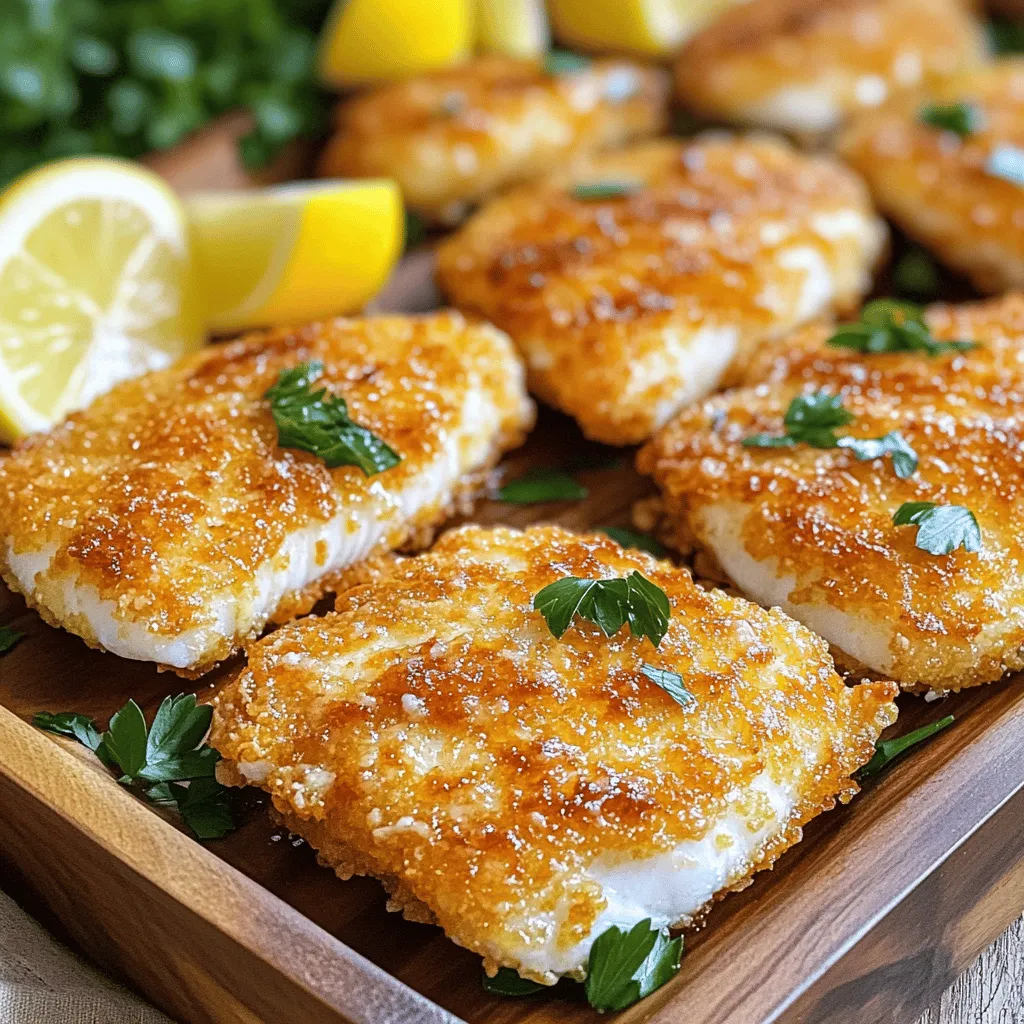 To make Parmesan crusted tilapia, you need a few key items. Here is what you will need: - 4 tilapia fillets - 1 cup grated Parmesan cheese - 1 cup panko breadcrumbs - 2 garlic cloves, minced - 1 teaspoon dried Italian herbs (oregano, basil, thyme) - 1/2 teaspoon red pepper flakes (optional) - 2 large eggs - 1 tablespoon lemon juice - Salt and pepper to taste - 2 tablespoons olive oil - Lemon wedges for serving These ingredients create a tasty and crispy crust that makes tilapia shine. You can add some ingredients to boost the flavor even more. Here are a few ideas: - Fresh herbs like parsley or dill for a bright taste. - A splash of white wine for a little depth. - Capers for a salty pop. - Paprika for a hint of smokiness. Feel free to mix and match to find your perfect taste! When serving Parmesan crusted tilapia, sides make it even better. Here are some great choices: - Steamed broccoli or green beans for a healthy crunch. - Roasted potatoes for a cozy, filling touch. - A fresh salad with lemon vinaigrette to balance the rich fish. - Quinoa or rice for a light and fluffy base. These sides will complement your meal and make it truly special. Check the Full Recipe for more details on making this delicious dish! Start by gathering all your ingredients. You need tilapia, Parmesan cheese, panko breadcrumbs, garlic, herbs, eggs, lemon juice, and olive oil. Prepare a baking sheet by lining it with parchment paper. This step keeps the fish from sticking and makes cleanup easy. In a shallow dish, mix the Parmesan, panko, minced garlic, herbs, and some salt and pepper. Stir until well combined. In another bowl, whisk the eggs and lemon juice until smooth. Dip each tilapia fillet into the egg mix, letting any extra drip off. Then, coat the fillet in the Parmesan mixture. Press it gently to help the coating stick. Place the coated fillets on the baking sheet. Drizzle them with olive oil to add flavor. Now, preheat your oven to 400°F (200°C). Once it's hot, put the baking sheet in the oven. Bake for 15 to 20 minutes. You want the tilapia to be cooked all the way through. The crust should be golden brown and crispy. After baking, let the fish rest for a couple of minutes before serving. This allows the juices to settle in the fish, making it moist. Serve with lemon wedges for a fresh touch. For the full recipe, check the previous section. To get a crispier crust on your tilapia, use panko breadcrumbs. Panko is lighter and crunchier than regular breadcrumbs. Mix the panko well with grated Parmesan cheese. This helps create a strong, tasty coating. For extra crunch, spray the fillets lightly with cooking oil before baking. This step helps the crust brown and become crispy. Bake your tilapia at 400°F (200°C) for the best results. This temperature cooks the fish evenly while crisping the crust. Check your fish at 15 minutes. It should flake easily with a fork. If you want a deeper golden color, leave it in for up to 20 minutes. Just watch it closely to prevent burning. Parmesan crusted tilapia pairs well with many sides. I love serving it with garlic mashed potatoes or a fresh salad. You can also add a squeeze of lemon juice for a bright flavor. Roasted vegetables or steamed asparagus are great options, too. For a fun twist, try it with a creamy tartar sauce. You can find the full recipe to guide you through this delicious dish. {{image_2}} If you cannot find tilapia, don't worry! You can use other fish. Cod, haddock, or catfish work great too. They have a mild taste, just like tilapia. Each option will give you a tasty dish. You can make this dish even more exciting! Try using fresh herbs like parsley or dill. They add a bright flavor. You can also mix in spices like paprika or cumin. Just a pinch can change the flavor a lot. Want to make this gluten-free? Use crushed rice crackers instead of panko. They give a nice crunch. You can also skip the breadcrumbs altogether. Just coat the fish in the Parmesan cheese mix for a cheesy kick. Enjoy the Full Recipe to explore all these options! Store leftover Parmesan crusted tilapia in an airtight container. Place it in the fridge. It will stay fresh for about 2-3 days. Make sure to let it cool down first. This helps keep the fish from getting soggy. If you have extra lemon wedges, keep them separate. To reheat tilapia, use the oven for the best taste. Preheat your oven to 350°F (175°C). Place the fish on a baking sheet. Heat for about 10 minutes or until warm. You can also use an air fryer. It will help keep the crust crispy. Avoid using the microwave, as it can make the fish rubbery. You can freeze Parmesan crusted tilapia for later use. Wrap each piece tightly in plastic wrap. Then, place them in a freezer bag. Make sure to remove as much air as possible. The fish can stay frozen for up to 2 months. When you’re ready to eat, thaw it in the fridge overnight. Then, reheat in the oven for the best taste. Yes, you can use frozen tilapia for this recipe. Just thaw it first. Place the frozen fillets in the fridge overnight or run them under cold water for faster thawing. Pat them dry before you coat them to help the crust stick better. Tilapia is fully cooked when it reaches an internal temperature of 145°F (63°C). The fish should be opaque and flake easily with a fork. If it looks dry or has a white, flaky texture, it is ready to eat. You can serve Parmesan Crusted Tilapia with many sides. Here are some tasty options: - Steamed broccoli - Garlic mashed potatoes - Mixed green salad - Rice pilaf - Roasted vegetables These sides add color and flavor to your meal. Making homemade tartar sauce is easy and quick. Here’s a simple recipe: - 1 cup mayonnaise - 2 tablespoons chopped pickles - 1 tablespoon lemon juice - 1 teaspoon Dijon mustard - Salt and pepper to taste Mix all the ingredients in a bowl. Adjust the salt and pepper to your liking. This sauce pairs perfectly with the tilapia. For the full recipe, check the main article. This blog post covered how to make Parmesan crusted tilapia. We discussed the main ingredients and optional additions for flavor. You learned easy steps for prepping, coating, and baking tilapia to crispy perfection. Remember the tips for the best crust and perfect bake time. I also shared ways to vary the recipe and store leftovers properly. Enjoy trying out this dish and its many flavors. Happy cooking!