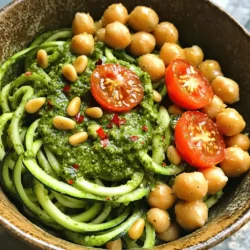 To create a delicious Pesto Zoodle Bowl, gather the following essential ingredients: - 4 medium zucchini, spiralized into noodles (zoodles) - 1 cup fresh basil leaves - 1/4 cup pine nuts (or walnuts) - 1/4 cup grated Parmesan cheese (or nutritional yeast for vegan) - 2 cloves garlic, minced - 1/3 cup extra virgin olive oil - Salt and pepper to taste - 1 cup cherry tomatoes, halved - 1/2 cup cooked chickpeas (for protein) - 1/4 teaspoon red pepper flakes (optional for heat) These ingredients create a fresh and healthy meal. The zoodles replace traditional pasta, making this dish lighter and more nutritious. If you need alternatives, you can easily swap some ingredients: - Use walnuts or almonds instead of pine nuts for the pesto. - For a vegan version, substitute Parmesan cheese with nutritional yeast. - Add other veggies like bell peppers or carrots to give more texture and color. Making these changes allows you to customize the dish to your taste or dietary needs. Don't hesitate to experiment! For the full recipe, refer to the entire guide. To make the best pesto, start by gathering your ingredients. You need fresh basil leaves, pine nuts, Parmesan cheese, and garlic. Chop these ingredients into smaller pieces. Then, place them in a food processor. Pulse the mixture until it becomes finely chopped. This helps to blend the flavors well. Next, add olive oil slowly while the processor runs. This step makes the pesto smooth and creamy. If it feels too thick, add more olive oil. Season it with salt and pepper to taste. Aim for a rich flavor that pops in your mouth! Now, let’s focus on the zoodles. Use a spiralizer to turn fresh zucchini into noodles. This is where the fun begins! In a large pan, heat it over medium heat. Add the zoodles to the pan and sauté them lightly. Cook for just 2-3 minutes. You want them tender but still al dente. Be careful not to overcook them. Overcooked zoodles turn mushy and lose their charm. To prevent mushiness, avoid cooking them too long. A quick sauté is all they need. If you see extra water in the pan, drain it before mixing with pesto. Now it’s time to bring it all together! In a large bowl, toss the sautéed zoodles with the fresh pesto. Make sure every strand of zoodle gets coated in that delicious sauce. It should look bright and inviting. Next, add your toppings. Gently fold in halved cherry tomatoes and cooked chickpeas. These add color and protein to the dish. If you enjoy heat, sprinkle in some red pepper flakes for a spicy kick. Your Pesto Zoodle Bowl is now ready to serve! It’s colorful, healthy, and packed with flavor. For the full recipe, check the recipe section above. Enjoy every bite! To make your pesto zoodle bowl pop, try adding a few spices. A pinch of salt and pepper makes a big difference. You can also add herbs like oregano or thyme for extra flavor. Want some heat? Toss in a little red pepper flakes. These will wake up your taste buds! For a lovely look, use garnishes like fresh basil leaves or a sprinkle of Parmesan cheese. Cherry tomatoes add a splash of color too. A drizzle of olive oil on top makes the dish shine. You can save time by prepping zoodles and pesto ahead of time. Spiralize the zucchini and store the zoodles in an airtight container. Keep them in the fridge for up to three days. For the pesto, blend all the ingredients and store it in a jar. It lasts about a week in the fridge. You can also freeze it in ice cube trays. This way, you have quick pesto ready whenever you want it! Storing cooked chickpeas is easy too. Keep them in a container in the fridge, and they will stay fresh for up to five days. This means you can enjoy your pesto zoodle bowl whenever you like! Check the Full Recipe for more ways to make this dish your own. {{image_2}} You can add proteins to your pesto zoodle bowl for extra flavor and nutrition. Try these options: - Grilled chicken: Tender and juicy, it pairs well with the pesto. - Tofu: Firm or soft, it soaks up flavors nicely. - Shrimp: Quick-cooking and delicious, they add a fresh taste. For vegan choices, consider: - Edamame: These green soybeans add a nice crunch. - Lentils: Packed with protein, they give a hearty texture. Change the taste of your zoodle bowl by trying new ingredients. Here are a few ideas: - Mediterranean vibe: Add olives and crumbled feta for a salty kick. - Asian twist: Drizzle some soy sauce over the top for a savory flavor. These variations let you customize your dish and keep meals exciting. Check out the Full Recipe to explore more ways to enjoy your pesto zoodle bowl! To keep your zoodle bowl fresh, follow these simple steps: - Use airtight containers: This helps to lock in moisture and flavor. - Separate components: Store zoodles and pesto in different containers. This keeps the zoodles from getting soggy. - Refrigerate promptly: Put leftovers in the fridge within two hours of serving. - Use within three days: For the best taste and texture, eat leftovers within this time. If you want to store for longer, freezing is an option: - Freeze zoodles: Place them in freezer bags with as much air removed as possible. - Freeze pesto: Pour pesto into an ice cube tray. Once frozen, transfer cubes to a bag. This way, you can use just what you need. When it's time to enjoy your leftovers, reheating is key: - Reheat zoodles carefully: Use a pan over low heat. Stir gently for a few minutes. This keeps them from becoming mushy. - For pesto: Heat it in a small pan over low heat. Stir it often to keep it smooth. - Microwave method: If you use a microwave, heat zoodles in short bursts. Check every 30 seconds to avoid overcooking. Following these tips ensures your Pesto Zoodle Bowl remains delicious. Enjoy your meal! To make zoodles from fresh zucchini, you can use a spiralizer. This tool turns zucchini into long, noodle-like strands. Here are a few methods: - Handheld Spiralizer: This is a small tool. You twist the zucchini to create zoodles. - Countertop Spiralizer: This is bigger and easier. You place the zucchini in and turn a handle. - Vegetable Peeler: You can also use a peeler to make thin strips. Zoodles are best made from firm zucchini. Choose ones that feel heavy and have smooth skin. Yes, you can make pesto ahead of time. Store it in the fridge for up to one week. Here are some tips: - Use an Airtight Jar: This keeps air out and helps preserve flavor. - Add Olive Oil on Top: A thin layer of olive oil on pesto prevents browning. - Freeze for Longer Storage: Pour pesto into ice cube trays, freeze, and then store in bags. This way, you can use it as needed. Yes, zoodles are a healthy substitute for pasta. They have fewer carbs and calories. Here’s how they compare: - Caloric Content: One cup of cooked pasta has about 200 calories. One cup of zoodles has around 20 calories. - Nutritional Value: Zoodles are rich in vitamins A and C. They also have more fiber, which is good for digestion. - Gluten-Free: Zoodles are a great option for those who avoid gluten. By using zoodles, you can enjoy a lighter meal while still tasting great. To sum it up, making a pesto zoodle bowl is easy and fun. You need fresh zoodles, tasty pesto, and your favorite toppings. You can try different nuts, veggies, or proteins for a twist. Follow my step-by-step guide to get perfect zoodles and a rich sauce. Remember to store leftovers properly for quick meals later. Enjoy creating a dish that is both healthy and delicious! With these tips, you’ll impress everyone at your table with your cooking skills.