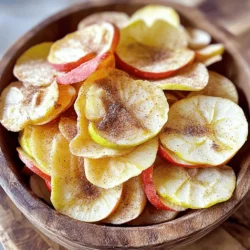 To make delicious baked apple chips, you need a few simple items: - 4 medium-sized apples (I love using a mix of Fuji and Granny Smith) - 1 teaspoon ground cinnamon - 1 tablespoon coconut sugar (you can also use regular sugar) - Pinch of salt - Optional: 1 tablespoon lemon juice (this adds a nice tartness) These ingredients work together to create a sweet and crunchy snack. The apples are the star of the show, so choose varieties with good flavor. You can play with flavors by adding other ingredients. Here are some fun options: - A sprinkle of nutmeg for warmth - A pinch of cayenne for a spicy kick - Drizzle of honey or maple syrup for extra sweetness - Chopped nuts for added crunch These add-ins can make your apple chips unique and tasty. Feel free to experiment! Choosing the right apples is key for great chips. Here's what to look for: - Pick apples that are firm and fresh. - Avoid any with bruises or soft spots. - Try a mix of sweet and tart apples for balance. Using a variety of apples adds depth in flavor. Sweet apples like Fuji and tart ones like Granny Smith create a great combo. For the best taste, buy apples that are in season. Start with four medium-sized apples. I like to mix sweet and tart apples like Fuji and Granny Smith. Wash and dry the apples well. Use a sharp knife or a mandoline slicer. Slice the apples into thin rounds, about 1/8 inch thick. Remember to remove the core. Thin slices will bake better and become crispier. In a large bowl, toss the apple slices with lemon juice if you want a tangy kick. This step helps keep the apples bright and fresh. In a small bowl, mix together 1 teaspoon ground cinnamon, 1 tablespoon coconut sugar, and a pinch of salt. This mixture adds a warm sweetness. Sprinkle it evenly over the apple slices. Toss gently to coat all the slices. Preheat your oven to 225°F (110°C). Line two baking sheets with parchment paper. Lay the seasoned apple slices in a single layer on the sheets. Make sure they don't overlap; this helps them bake evenly. Bake for about 1.5 to 2 hours. Flip the slices halfway through to get both sides crispy. Keep an eye on them as baking times can vary. When done, let them cool on the sheets. Cooling makes them even crispier. Enjoy your homemade baked apple chips as a tasty snack! For the full recipe, check out the details above. To make apple chips crisp, thin slices are key. Use a sharp knife or a mandoline slicer. Aim for 1/8 inch thick slices. This thickness helps them bake evenly. Bake at a low temperature, around 225°F (110°C). Slow baking removes moisture without burning. Flip the apple slices halfway through for even crispiness. Let them cool completely on the baking sheets after baking. This cooling time will enhance their crunch. One common mistake is slicing apples too thick. If slices are thick, they will not dry properly. Another mistake is overcrowding the baking sheets. Always lay the slices in a single layer. Overlapping can lead to sogginess. Remember to check your oven’s temperature. An oven that is too hot can burn the chips. Lastly, don’t skip the cooling step. Chips need time to crisp up after baking. Baked apple chips are a great snack on their own. You can also serve them with yogurt for dipping. A sprinkle of cinnamon adds extra flavor. Try placing them in a decorative bowl for a fun touch. They are also perfect for topping salads or oatmeal. If you want a savory twist, pair them with cheese. Try serving them at parties or gatherings as a healthy snack. {{image_2}} You can have fun with baked apple chips by changing their flavors. For a sweet twist, add a drizzle of honey or maple syrup before baking. To make them spicy, sprinkle some cayenne pepper on top. If you want a savory version, try adding garlic powder or paprika. Each flavor gives a unique taste that keeps your snack exciting. If you want to swap out coconut sugar, use other sweeteners. Stevia or agave syrup works well. You can also use brown sugar for a richer flavor. Remember, each sweetener changes the taste slightly, so feel free to experiment. Find what you enjoy the most! Toppings can add extra fun to your apple chips. Try sprinkling crushed nuts or seeds on top for crunch. You could also drizzle yogurt or nut butter for a creamy dip. If you love chocolate, melted dark chocolate makes a great dip. These toppings can turn a simple snack into a gourmet treat. To keep your baked apple chips fresh, store them in an airtight container. You can use a glass jar or a zip-top bag. Make sure the chips are completely cool before sealing. This prevents moisture build-up, which can make them soggy. Baked apple chips can last up to two weeks when stored properly. Keep them away from heat and sunlight. If you notice any signs of moisture, it's best to toss them out. For the best taste, enjoy them within the first week. If your apple chips lose their crunch, you can re-crisp them. Preheat your oven to 200°F (93°C). Spread the chips in a single layer on a baking sheet and bake for about 10 minutes. This will help restore their crispiness. Just keep an eye on them to avoid burning. The best apple varieties for baking are Fuji and Granny Smith. Fuji apples are sweet, while Granny Smith adds tartness. This mix creates a balanced flavor. You can also try Honeycrisp or Pink Lady apples. They hold their shape well and taste great. Yes, you can use a dehydrator to make baked apple chips. Set your dehydrator to 135°F (57°C). Slice the apples thin and place them on the trays. Dry them for about 6 to 8 hours. Check for crispiness, as times may vary. Baked apple chips are a healthier choice than regular chips. They have less fat and fewer calories. Apple chips offer fiber and vitamins. Regular chips often have added salt and preservatives. Baked apple chips are a tasty, guilt-free snack. You can find pre-made baked apple chips in many grocery stores. Look in the snack aisle or health food section. They are also available online. Brands like Bare and Simply Nature offer tasty options. Always check the ingredient list for added sugars. You can customize baked apple chips easily. Try adding spices like nutmeg or ginger for a warm flavor. You can also sprinkle them with cocoa powder for a chocolatey twist. For a savory snack, add a pinch of chili powder or sea salt. Explore your creativity! For the full recipe, check out the earlier section. Baked apple chips are a fun and tasty snack. We covered ingredients, preparation, and how to get them crispy. Remember to choose the right apples for the best taste. Don't forget the optional spices for extra flavor. Also, storing them properly keeps them fresh longer. These chips can be sweet, spicy, or even savory. Feel free to mix and match toppings to find your favorite. I hope you enjoy making and sharing these delicious treats!