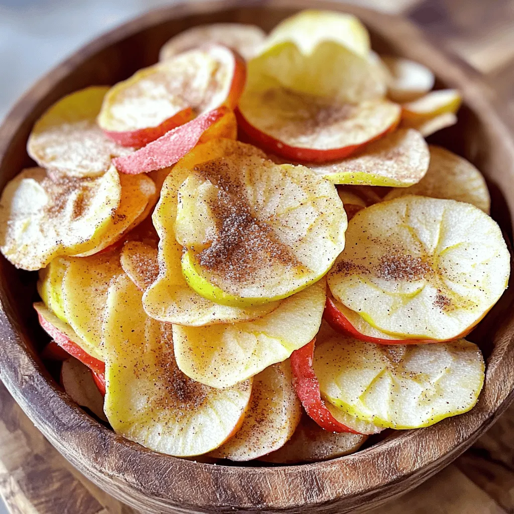 To make delicious baked apple chips, you need a few simple items: - 4 medium-sized apples (I love using a mix of Fuji and Granny Smith) - 1 teaspoon ground cinnamon - 1 tablespoon coconut sugar (you can also use regular sugar) - Pinch of salt - Optional: 1 tablespoon lemon juice (this adds a nice tartness) These ingredients work together to create a sweet and crunchy snack. The apples are the star of the show, so choose varieties with good flavor. You can play with flavors by adding other ingredients. Here are some fun options: - A sprinkle of nutmeg for warmth - A pinch of cayenne for a spicy kick - Drizzle of honey or maple syrup for extra sweetness - Chopped nuts for added crunch These add-ins can make your apple chips unique and tasty. Feel free to experiment! Choosing the right apples is key for great chips. Here's what to look for: - Pick apples that are firm and fresh. - Avoid any with bruises or soft spots. - Try a mix of sweet and tart apples for balance. Using a variety of apples adds depth in flavor. Sweet apples like Fuji and tart ones like Granny Smith create a great combo. For the best taste, buy apples that are in season. Start with four medium-sized apples. I like to mix sweet and tart apples like Fuji and Granny Smith. Wash and dry the apples well. Use a sharp knife or a mandoline slicer. Slice the apples into thin rounds, about 1/8 inch thick. Remember to remove the core. Thin slices will bake better and become crispier. In a large bowl, toss the apple slices with lemon juice if you want a tangy kick. This step helps keep the apples bright and fresh. In a small bowl, mix together 1 teaspoon ground cinnamon, 1 tablespoon coconut sugar, and a pinch of salt. This mixture adds a warm sweetness. Sprinkle it evenly over the apple slices. Toss gently to coat all the slices. Preheat your oven to 225°F (110°C). Line two baking sheets with parchment paper. Lay the seasoned apple slices in a single layer on the sheets. Make sure they don't overlap; this helps them bake evenly. Bake for about 1.5 to 2 hours. Flip the slices halfway through to get both sides crispy. Keep an eye on them as baking times can vary. When done, let them cool on the sheets. Cooling makes them even crispier. Enjoy your homemade baked apple chips as a tasty snack! For the full recipe, check out the details above. To make apple chips crisp, thin slices are key. Use a sharp knife or a mandoline slicer. Aim for 1/8 inch thick slices. This thickness helps them bake evenly. Bake at a low temperature, around 225°F (110°C). Slow baking removes moisture without burning. Flip the apple slices halfway through for even crispiness. Let them cool completely on the baking sheets after baking. This cooling time will enhance their crunch. One common mistake is slicing apples too thick. If slices are thick, they will not dry properly. Another mistake is overcrowding the baking sheets. Always lay the slices in a single layer. Overlapping can lead to sogginess. Remember to check your oven’s temperature. An oven that is too hot can burn the chips. Lastly, don’t skip the cooling step. Chips need time to crisp up after baking. Baked apple chips are a great snack on their own. You can also serve them with yogurt for dipping. A sprinkle of cinnamon adds extra flavor. Try placing them in a decorative bowl for a fun touch. They are also perfect for topping salads or oatmeal. If you want a savory twist, pair them with cheese. Try serving them at parties or gatherings as a healthy snack. {{image_2}} You can have fun with baked apple chips by changing their flavors. For a sweet twist, add a drizzle of honey or maple syrup before baking. To make them spicy, sprinkle some cayenne pepper on top. If you want a savory version, try adding garlic powder or paprika. Each flavor gives a unique taste that keeps your snack exciting. If you want to swap out coconut sugar, use other sweeteners. Stevia or agave syrup works well. You can also use brown sugar for a richer flavor. Remember, each sweetener changes the taste slightly, so feel free to experiment. Find what you enjoy the most! Toppings can add extra fun to your apple chips. Try sprinkling crushed nuts or seeds on top for crunch. You could also drizzle yogurt or nut butter for a creamy dip. If you love chocolate, melted dark chocolate makes a great dip. These toppings can turn a simple snack into a gourmet treat. To keep your baked apple chips fresh, store them in an airtight container. You can use a glass jar or a zip-top bag. Make sure the chips are completely cool before sealing. This prevents moisture build-up, which can make them soggy. Baked apple chips can last up to two weeks when stored properly. Keep them away from heat and sunlight. If you notice any signs of moisture, it's best to toss them out. For the best taste, enjoy them within the first week. If your apple chips lose their crunch, you can re-crisp them. Preheat your oven to 200°F (93°C). Spread the chips in a single layer on a baking sheet and bake for about 10 minutes. This will help restore their crispiness. Just keep an eye on them to avoid burning. The best apple varieties for baking are Fuji and Granny Smith. Fuji apples are sweet, while Granny Smith adds tartness. This mix creates a balanced flavor. You can also try Honeycrisp or Pink Lady apples. They hold their shape well and taste great. Yes, you can use a dehydrator to make baked apple chips. Set your dehydrator to 135°F (57°C). Slice the apples thin and place them on the trays. Dry them for about 6 to 8 hours. Check for crispiness, as times may vary. Baked apple chips are a healthier choice than regular chips. They have less fat and fewer calories. Apple chips offer fiber and vitamins. Regular chips often have added salt and preservatives. Baked apple chips are a tasty, guilt-free snack. You can find pre-made baked apple chips in many grocery stores. Look in the snack aisle or health food section. They are also available online. Brands like Bare and Simply Nature offer tasty options. Always check the ingredient list for added sugars. You can customize baked apple chips easily. Try adding spices like nutmeg or ginger for a warm flavor. You can also sprinkle them with cocoa powder for a chocolatey twist. For a savory snack, add a pinch of chili powder or sea salt. Explore your creativity! For the full recipe, check out the earlier section. Baked apple chips are a fun and tasty snack. We covered ingredients, preparation, and how to get them crispy. Remember to choose the right apples for the best taste. Don't forget the optional spices for extra flavor. Also, storing them properly keeps them fresh longer. These chips can be sweet, spicy, or even savory. Feel free to mix and match toppings to find your favorite. I hope you enjoy making and sharing these delicious treats!