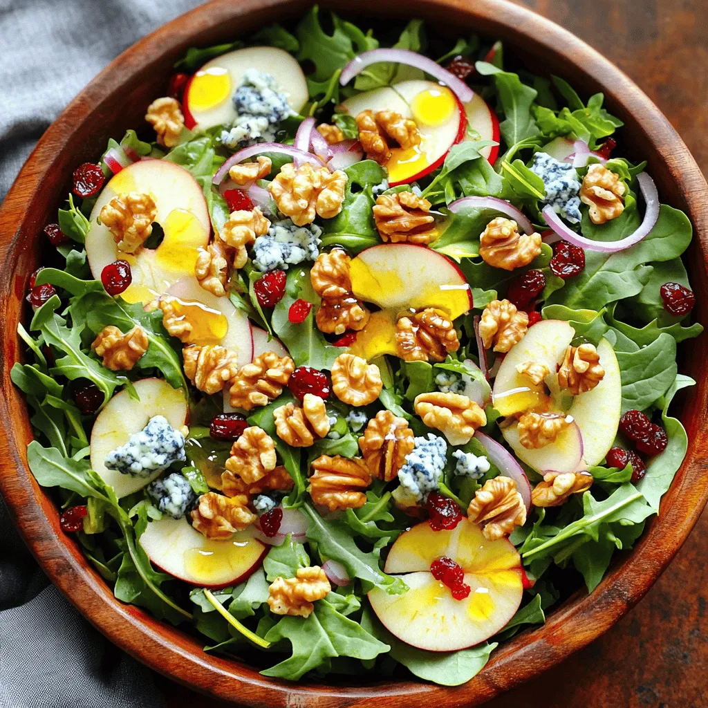 - 4 cups mixed salad greens (arugula, spinach, kale) - 1/2 cup walnuts (toasted) - 1/2 cup blue cheese (crumbled) - 1 small red apple (thinly sliced) - 1/4 cup dried cranberries - 1/4 cup red onion (thinly sliced) - 3 tablespoons olive oil - 1 tablespoon apple cider vinegar - 1 tablespoon honey - Salt and pepper to taste This walnut and blue cheese salad bursts with flavor and freshness. You get a nice mix of greens, nuts, and fruit. Each bite brings new tastes and textures. The mixed salad greens serve as a crisp base. I love using arugula, spinach, and kale for a healthy twist. They add color and nutrients. Toasting the walnuts makes them crunchy and rich. I recommend toasting them in a pan for about five minutes. This step brings out their nutty taste. Next, blue cheese crumbles add a creamy and tangy flavor. Its boldness balances the sweetness of the apple and cranberries. The small red apple gives a sweet crunch. Slicing it thin helps it mix well with the greens. Dried cranberries add a chewy and tart touch. Red onion adds a slight bite and color. It’s thinly sliced so it blends nicely. Finally, the dressing ties everything together. Olive oil, apple cider vinegar, and honey create a sweet and tangy mix. Adjust the salt and pepper to your taste. This salad is not just tasty; it's also packed with nutrition. For the full recipe, check out the details above. To make this salad, start by toasting the walnuts. Take a dry skillet and heat it over medium heat. Add the walnuts and stir them for about 5 minutes. You want them to be golden and smell nutty. Once done, remove them from the heat and let them cool. Next, slice your fruits and vegetables. For the apple, use a sharp knife and cut it thinly. This helps the apple blend well with the greens. Then, slice the red onion thinly. This adds a nice crunch and flavor to the salad. Now it's time to make the dressing. In a small bowl, add 3 tablespoons of olive oil and 1 tablespoon of apple cider vinegar. Then, add 1 tablespoon of honey, a pinch of salt, and some black pepper. Whisk everything together until smooth. Taste it! You can adjust the salt or honey if needed. Grab a large salad bowl. Start with the mixed greens as your base. You can use arugula, spinach, and kale for great flavor. Next, layer the toasted walnuts, crumbled blue cheese, thin apple slices, dried cranberries, and sliced red onion. Layering these ingredients helps mix the flavors well. Dress the salad just before you serve it. Drizzle the dressing over the top, then toss gently. Use your hands or salad tongs to mix everything without bruising the greens. This keeps your salad looking fresh and bright. Enjoy this simple yet delicious Walnut and Blue Cheese Salad! Check out the Full Recipe for more details. To make your walnut and blue cheese salad even better, try adding more toppings. Here are some great ideas: - Pumpkin seeds: They add a nice crunch. - Chopped herbs: Fresh parsley or chives brighten up the dish. - Avocado slices: They bring a creamy texture. - Roasted vegetables: Think sweet potatoes or beets for extra flavor. Different blue cheeses have unique tastes. Here are some options: - Roquefort: It is rich and creamy with a strong flavor. - Gorgonzola: This cheese is milder and slightly sweet. - Stilton: It has a crumbly texture and a bold taste. Choose a cheese that fits your taste buds for the best experience. You can easily make this salad fit your diet. Here are some tips: - Vegan option: Use a plant-based blue cheese or skip it entirely. - Gluten-free: All the ingredients are gluten-free, so no worries here. Make small changes to suit your needs while keeping the salad delicious. For the full recipe, check out the Walnut & Blue Cheese Delight Salad 🥗. {{image_2}} You can change the salad by adding seasonal fruits or vegetables. In spring, try fresh strawberries or peas. Summer brings ripe tomatoes or cucumbers. Fall calls for pears or roasted squash. Winter is perfect for pomegranate seeds or citrus slices. These additions give your salad a fresh twist and new flavors. If you want to make this salad more filling, add some protein. Grilled chicken is a great choice. It adds a nice smoky taste. You can also use chickpeas for a plant-based option. They add texture and keep it healthy. Shrimp or tofu can also work well. Just make sure to season them well before adding. The dressing can change the whole dish. While the olive oil and apple cider vinegar dressing is great, you can try others. A balsamic vinaigrette adds a sweet richness. A lemon vinaigrette gives a bright, zesty flavor. For a creamy touch, try a ranch or tahini dressing. Experiment to find your favorite! For the complete recipe, check the Full Recipe section. To keep your walnut and blue cheese salad fresh, store it in an airtight container. This helps keep the greens crisp. If you have leftover salad, separate the dressing. Add it just before serving. This stops the greens from wilting. You can store the salad in the fridge for up to two days. How long do the salad ingredients last? Here’s a quick overview: - Mixed greens: 3 to 5 days in the fridge. - Toasted walnuts: About 2 weeks if stored well in a cool place. - Blue cheese: 1 to 2 weeks after opening, in the fridge. - Apple slices: Best if eaten within 1 day, or they may brown. - Dried cranberries: Last for months if sealed properly. This gives you a good idea of how long you can enjoy your salad. Can you freeze this salad? Well, it's best to freeze only some parts. Here are some tips: - Walnuts: You can freeze toasted walnuts. Just place them in a freezer bag. They last for up to 6 months. - Blue cheese: You can freeze blue cheese, but it may change texture. Use it in cooking later. - Greens and apple slices: These do not freeze well. They will become mushy when thawed. For the best taste, prepare the salad fresh. You can find the full recipe earlier in the article. You can prepare this salad ahead of time. First, toast the walnuts and store them in a sealed bag. You can make the dressing and keep it in the fridge. Just remember to chop the apples fresh to avoid browning. Store your salad greens separately in a container. This keeps them crisp until serving. When you are ready to eat, combine all ingredients. Dress the salad just before serving. This keeps everything fresh and tasty. Yes, you can easily swap ingredients. If you have nut allergies, use seeds like sunflower or pumpkin instead of walnuts. For dairy issues, try a vegan cheese or skip it altogether. You can also use a different cheese like feta for a new flavor. If you want to avoid apples, any fruit like pears or berries can work well. I love to serve this salad in a large bowl for family style. It looks beautiful with all the colors mixed in. You can also plate individual servings for a fancy touch. Sprinkle extra walnuts or cheese on top for presentation. Use a nice serving spoon, and let guests help themselves. Absolutely! This salad can shine as a light main course. You can add protein like grilled chicken or chickpeas for more fill. It makes a great lunch or dinner option. Pair it with some crusty bread for a full meal. The blend of flavors makes it satisfying. A crisp white wine works nicely with this salad. Look for a Sauvignon Blanc or a dry Riesling. Their acidity balances the richness of blue cheese. If you prefer red, a light Pinot Noir can be a good match. Its fruitiness complements the apples and walnuts well. Enjoy your meal with the perfect drink! In this blog post, we covered how to make a delicious walnut and blue cheese salad. We explored essential ingredients, step-by-step instructions, and helpful tips. Consider your dietary needs and try different flavors or proteins. This salad is versatile and can fit any meal. When stored properly, it stays fresh for days. Whether you serve it as a side or a main dish, it's bound to impress! Enjoy creating your tasty salad, and remember to experiment with your favorite ingredients.