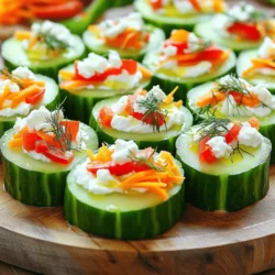 - 2 large cucumbers - 1 cup cream cheese (or dairy-free alternative) - 1/4 cup fresh dill, chopped - 1/2 cup roasted red peppers, sliced - 1/2 cup shredded carrots - 1/4 cup feta cheese, crumbled (optional) - Salt and pepper to taste - Optional: 1 tablespoon lemon juice for added zest To make the best no bake cucumber wraps, you need fresh and simple ingredients. Start with two large cucumbers. They should be firm and straight. The cream cheese adds a nice creamy base. You can use a dairy-free option if needed. Fresh dill brings a burst of flavor. It pairs well with cucumbers. Next, gather your fillings. Roasted red peppers add a sweet taste and a pop of color. Shredded carrots bring crunch and nutrition. Feta cheese is optional but adds a salty kick. Don't forget to season with salt and pepper. If you want a tangy twist, add lemon juice. This simple blend makes your wraps taste fresh and delightful. For the full recipe, check the details above. Each ingredient plays a key role in creating these tasty no bake cucumber wraps. - First, wash your cucumbers. - Cut off the ends. - Slice each cucumber in half, lengthwise. - Use a spoon to scoop out the seeds gently. This makes space for the filling. - In a bowl, combine cream cheese and chopped dill. - If you want more flavor, add lemon juice. - Mix everything until it’s smooth. - Season with salt and pepper to taste. - Spread the cream cheese mixture inside each cucumber half. - Layer roasted red peppers, shredded carrots, and feta cheese on top. - Carefully wrap each cucumber half around the filling. - If needed, use toothpicks to hold them together. - Cut the wraps into bite-sized pieces. These no bake cucumber wraps are simple yet tasty. They are perfect for a quick snack or a light meal. For the full recipe, check out the earlier section. Enjoy your fresh and crunchy bites! Choosing the right cucumbers is key. Look for firm cucumbers with smooth skin. Smaller cucumbers work best for wraps. They are easier to handle and have fewer seeds. If you use larger cucumbers, they may be watery or too thick. To scoop out cucumber seeds, cut the cucumber in half lengthwise. Use a small spoon to gently remove the seeds. Be careful not to scoop out too much flesh. You want a nice hollow space for filling. Presentation matters for these wraps. Serve them on a bright platter. Add fresh herbs like dill or parsley to enhance the look. Arrange the wraps neatly for a clean display. You can drizzle olive oil on top for extra flavor. Garnishes can add flair. Consider a sprinkle of crumbled feta cheese or chopped nuts. These add taste and crunch. You can also use lemon wedges on the side for a zesty touch. For lighter options, swap cream cheese for Greek yogurt. This adds protein while cutting calories. You can also use hummus for a tasty vegan choice. It pairs well with fresh veggies. Cucumbers bring many health benefits. They are low in calories and high in water. This keeps you hydrated. They also provide vitamins like K and C. Fresh ingredients like carrots and peppers add fiber and nutrients, making these wraps a smart snack choice. {{image_2}} You can easily customize your cucumber wraps with other veggies. Add bell peppers for a sweet crunch. Spinach gives a nice color and fresh taste. If you want a creamy touch, mix in avocado. It brings a rich texture and healthy fats to your wraps. For a protein boost, try adding turkey or chicken slices. These meats complement the fresh flavors well. If you prefer plant-based options, hummus or bean spreads work great too. They provide protein and add a nice creaminess. Make your wraps even more exciting with herbs and spices. Fresh basil or cilantro can bring a unique twist. You can also experiment with flavored cream cheeses. Options like chive or garlic cream cheese can elevate the taste and make each bite special. For the complete recipe, check out the [Full Recipe]. To store leftovers, wrap them in plastic or place them in an airtight container. Keep the wraps in the refrigerator. This method helps maintain freshness and crunch. It’s best to eat them within two days for the best taste. Cucumber wraps do not freeze well. Freezing can make the cucumbers mushy. If you want to prep ahead, fill the cucumbers just before serving. Store the cut cucumbers and filling separately. This keeps flavor and texture intact. In the fridge, the wraps can last up to two days. Check for wilting or a slimy feel. These signs mean they are no longer good to eat. Always trust your senses when it comes to food safety. For the full recipe, check the above section. To make No Bake Cucumber Wraps, follow these steps: 1. Prepare the Cucumbers: Wash two large cucumbers. Cut off the ends and slice them in half lengthwise. Scoop out the seeds gently with a spoon. This creates space for the filling. 2. Make the Filling: In a bowl, mix one cup of cream cheese with 1/4 cup of chopped fresh dill. If you want some zing, add 1 tablespoon of lemon juice. Stir until smooth. Season with salt and pepper. 3. Fill the Cucumbers: Spread the cream cheese mixture evenly inside each cucumber half. 4. Add Fillings: Layer 1/2 cup of sliced roasted red peppers, 1/2 cup of shredded carrots, and if you like, 1/4 cup of crumbled feta cheese. 5. Wrap Them Up: Carefully fold each cucumber half around the filling. If needed, use toothpicks to hold them together. 6. Cut and Serve: Slice the wraps into bite-sized pieces. These wraps take only 15 minutes to make and are a fresh delight. For the full recipe, check the details provided earlier. If you need a dairy-free option, here are some great substitutes for cream cheese: - Tofu: Silken tofu works well. Blend it until smooth. - Cashew Cream: Soak cashews in water, then blend them with lemon juice and a bit of salt. - Hummus: A flavorful option that adds a unique taste. - Avocado: Mash ripe avocado for a creamy texture without dairy. Each option gives a different taste, so feel free to experiment! Yes, you can make No Bake Cucumber Wraps ahead of time. Here are some tips: - Prep the Ingredients: You can prepare the filling and wash the cucumbers a few hours before serving. Keep them separate until it's time to eat. - Store Properly: Wrap the filled cucumbers in plastic wrap. Place them in an airtight container in the fridge. - Use Soon: For the best flavor and texture, try to eat them within 24 hours. This way, you can enjoy a quick and healthy snack anytime! No bake cucumber wraps are simple to make and so tasty. You need fresh cucumbers, cream cheese, and dill, along with other colorful fillings. Following the easy steps, you can create a dish that fits any meal. Use our tips for better prep and serving ideas. You can customize the wraps by adding different veggies or proteins. Keep leftovers fresh and enjoy them later. These wraps are healthy and fun to eat. Try them out and impress your family and friends!