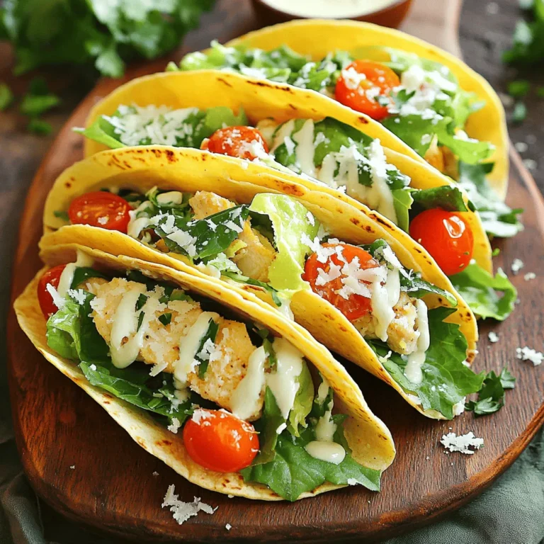 To make savory Chicken Caesar wraps, gather these key items: - 2 cups cooked chicken breast, diced or shredded - 4 large tortillas (flour or whole wheat) - 1 cup romaine lettuce, chopped - 1/2 cup cherry tomatoes, halved - 1/4 cup Parmesan cheese, grated - 1/4 cup Caesar dressing (store-bought or homemade) - 1/4 teaspoon garlic powder - 1 pinch black pepper These ingredients work together to create a tasty meal that is easy to prepare. You will need a few tools to make your Chicken Caesar wraps: - Mixing bowl - Spoon or spatula - Knife and cutting board - Grill pan or skillet (optional) - Platter for serving Using the right tools makes the cooking process smooth and fun. To add more flavor and texture, consider these optional ingredients: - 1/4 cup croutons (for added crunch) - Sliced avocado or cucumber - Fresh herbs like parsley or basil These add-ons can elevate your wraps and make them even more delicious. Enjoy experimenting with different flavors! To make Chicken Caesar Wraps, gather your ingredients first. You will need cooked chicken, tortillas, lettuce, tomatoes, Parmesan cheese, and Caesar dressing. This meal comes together fast, so prepping is key. Chop the lettuce and tomatoes. Dice or shred the chicken if you haven’t done so. This step saves you time when you're ready to roll. 1. Mix Ingredients: In a large bowl, add your diced chicken, chopped romaine lettuce, halved cherry tomatoes, and grated Parmesan cheese. 2. Add Dressing: Pour Caesar dressing over the mix. Add garlic powder and black pepper to taste. Toss the mixture until everything is well coated. This step adds great flavor to your wrap. 3. Prepare Tortillas: Place a tortilla flat on a clean surface. Spoon about 1/4 of the chicken Caesar mixture onto the center of the tortilla. If you like crunch, sprinkle some croutons on top. 4. Wrap It Up: Fold in the sides of the tortilla, then roll it up from the bottom to the top. Ensure the filling is secure as you roll. 5. Repeat: Do the same for the remaining tortillas and filling until you finish. 6. Grill (Optional): If you want a crispy finish, grill the wraps on a pan for 2-3 minutes on each side. This step gives a nice golden touch. 7. Slice and Serve: Let the wraps rest for a minute. Then slice them in half diagonally. To present your wraps well, arrange them neatly on a platter. For a fun touch, serve with extra Caesar dressing on the side for dipping. Garnish with fresh parsley and some extra Parmesan shavings. This makes your dish look even more appetizing. Enjoy the ease and flavor of this quick meal! For the complete recipe, check out the [Full Recipe]. To boost the taste of your Chicken Caesar Wraps, use fresh ingredients. Fresh romaine lettuce and ripe cherry tomatoes add crispness. A sprinkle of freshly grated Parmesan cheese makes a big difference. You can also add herbs like basil or parsley for extra flavor. If you like spice, try adding a dash of hot sauce to the Caesar dressing. This small tweak can elevate the dish. One common mistake is overfilling the wraps. If you add too much filling, the wraps can tear. Stick to about a quarter of the filling per tortilla. Another mistake is not mixing the ingredients well. Make sure every piece of chicken and vegetable gets dressing. This ensures balanced flavor in every bite. Lastly, avoid skipping the resting time after grilling. Letting the wraps sit for a minute helps the flavors meld. You can make these wraps healthier with simple swaps. Use whole wheat tortillas instead of regular ones. This adds more fiber and nutrients. Replace Caesar dressing with a lighter yogurt-based version to cut calories. Adding extra veggies, like cucumbers or bell peppers, increases vitamins. You can also reduce the cheese or skip croutons to lower fat and carbs. These changes keep the wraps tasty while making them more nutritious. For the full recipe, check out the [Full Recipe]. {{image_2}} You can switch up the chicken in your wraps. Try turkey for a leaner choice. Shrimp adds a nice twist if you love seafood. You can also use grilled steak for a heartier option. Each protein brings a unique taste, making your wraps fun and different. For a vegetarian wrap, use grilled veggies like zucchini and bell peppers. You can add chickpeas for protein and a satisfying texture. If you want a vegan wrap, use tofu or tempeh. Replace Caesar dressing with a vegan version made from cashews or tahini. This way, everyone can enjoy a tasty wrap. You can easily change the flavor of your wraps. Add some spicy elements like jalapeños or hot sauce for heat. For a tangy kick, include pickled onions or olives. Fresh herbs like basil or cilantro can brighten the dish. Adjust these flavors to match your taste or mood. After you make Chicken Caesar wraps, store any leftovers in the fridge. Place them in an airtight container. This keeps the wraps fresh for up to three days. If you have extra filling, store it in a separate container. This helps the tortillas stay crisp. You can freeze the wraps, but it’s best to freeze the filling separately. Wrap each tortilla in plastic wrap and place them in a freezer bag. They last for about two months in the freezer. When you’re ready to eat, thaw the filling overnight in the fridge. Then, reheat in a skillet until warm. This keeps the wraps tasty and fresh. Each ingredient has a different shelf life. Cooked chicken lasts three to four days in the fridge. Romaine lettuce stays fresh for about a week if stored properly. Cherry tomatoes are good for five to seven days. Parmesan cheese can last a few weeks if unopened. Check dates on store-bought Caesar dressing for freshness. To make Chicken Caesar Wraps, start with cooked chicken. You can dice or shred it. Use about 2 cups of chicken. Next, take 4 large tortillas. You can choose flour or whole wheat. Chop 1 cup of romaine lettuce and halve 1/2 cup of cherry tomatoes. Grate 1/4 cup of Parmesan cheese. In a bowl, mix the chicken, lettuce, tomatoes, and cheese. Add 1/4 cup of Caesar dressing. Sprinkle in 1/4 teaspoon garlic powder and a pinch of black pepper. Toss it all well. Lay a tortilla flat. Spoon 1/4 of the mix onto the center. If you want, add croutons for crunch. Fold the sides of the tortilla in and roll it up from the bottom. Repeat with the rest. Grill if you like it crispy. Slice in half and enjoy! For more details, check the Full Recipe. Yes, you can use store-bought Caesar dressing. It saves time and still tastes great. Many brands offer tasty options. Just be sure to choose a dressing that you enjoy. If you want to make it healthier, look for low-fat or organic choices. Many sides go well with Chicken Caesar Wraps. Here are a few ideas: - Fresh fruit salad - Crispy potato wedges - Classic coleslaw - Veggie sticks with dip - Light soup, like tomato or vegetable These sides add balance to your meal. Chicken Caesar Wraps can be healthy. They have protein from chicken and nutrients from lettuce. Using whole wheat tortillas boosts fiber. However, watch the dressing and cheese amounts. You can make it lighter by using less dressing or a lighter cheese. Overall, they can fit well in a balanced diet. This blog post covered all you need for Chicken Caesar Wraps. We explored essential ingredients, helpful tools, and tasty add-ons. The step-by-step guide simplifies cooking, while tips show you how to avoid mistakes. We also discussed variations and healthy options for everyone. Finally, you learned how to store and reheat leftovers properly. Enjoy creating your perfect Chicken Caesar Wraps! With these ideas, your meals will shine.