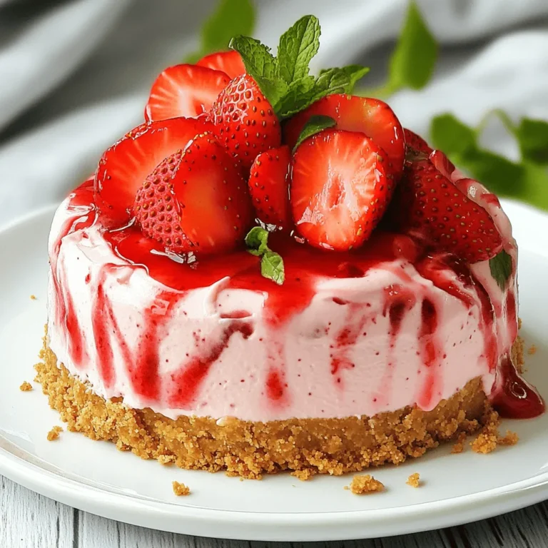 To make this delightful no bake strawberry cheesecake, gather these simple ingredients: - 1 ½ cups graham cracker crumbs - ½ cup unsalted butter, melted - 2 cups cream cheese, softened - 1 cup powdered sugar - 1 teaspoon vanilla extract - 1 cup heavy whipping cream - 1 cup fresh strawberries, pureed - 1 cup fresh strawberries, sliced (for topping) - 2 tablespoons lemon juice You can swap ingredients based on your taste or what you have at home. - Graham cracker crumbs: Use digestive biscuits or vanilla wafers. - Unsalted butter: Coconut oil or margarine work well too. - Cream cheese: Try Greek yogurt for a lighter option. - Powdered sugar: Use honey or maple syrup for a natural sweetener. - Heavy cream: Substitute with coconut cream for a dairy-free version. - Fresh strawberries: Use other fruits like raspberries or blueberries for a twist. When choosing strawberries, look for bright red ones. They should feel firm and plump. Check for any green or white spots, as those berries may not be ripe. Smell the strawberries; a sweet aroma means they are fresh and flavorful. Choose strawberries that are free of blemishes or mold. To keep them fresh longer, store strawberries in the fridge and wash them only before use. Enjoy the taste of summer with every bite of your cheesecake! First, you need to make the crust. Gather your graham cracker crumbs and melted butter. In a medium bowl, mix the crumbs and butter well. The mix should feel like wet sand. Next, take a 9-inch springform pan and press the mixture into the bottom. Use your hands or a spatula to pack it tightly. This step is key for a firm crust. Once done, place the pan in the refrigerator. Let it chill for about 30 minutes to set. Now, it's time for the filling. Begin with softened cream cheese in a large bowl. Beat it with an electric mixer until it’s smooth and creamy. This takes just a couple of minutes. Slowly add in the powdered sugar while mixing. Make sure it’s well combined. Then, stir in vanilla extract and lemon juice. These ingredients add great flavor. In a separate bowl, whip the heavy cream until you see soft peaks. This will make the filling light and airy. Gently fold the whipped cream into the cream cheese mixture. Finally, pour in the strawberry puree and fold until you see a lovely pink color. Take your chilled crust out of the fridge. Pour the strawberry cheesecake filling over the crust. Use a spatula to smooth the top. Cover the cheesecake with plastic wrap. Place it back in the refrigerator to set. You should wait at least 4 hours, or overnight if you can. When it's ready, remove the cheesecake from the pan. Top it with fresh slices of strawberries for a beautiful finish. Enjoy this sweet treat! For the full recipe, check out the earlier section. To make a smooth cream cheese mixture, use softened cream cheese. Cold cream cheese will clump. Beat it with an electric mixer until it is creamy. Slowly add the powdered sugar while mixing. This helps avoid lumps. Add the vanilla and lemon juice next. Mix until all is well combined. This mixture should feel light and fluffy. For perfect whipped cream, start with cold heavy cream. Use a chilled bowl and beaters for best results. Whip the cream on medium speed. Stop when you see soft peaks. Don't overbeat; it can turn into butter. Gently fold this whipped cream into your cheese mixture. This keeps your cheesecake light and airy. To serve your cheesecake beautifully, slice it into even pieces. Use a sharp knife for clean cuts. Place each slice on a plate. Drizzle some extra strawberry puree on top. Add fresh strawberry slices for color. A sprig of mint can make it pop! These small touches make your dessert look stunning. Find the Full Recipe for all the details! {{image_2}} You can easily change the flavor by using other fruit purees. Try mango, blueberry, or raspberry for a twist. Each fruit brings its unique taste and color. Mix the puree into the cream cheese mixture just like you do with strawberries. This gives you a fun way to enjoy different flavors all year round. Graham crackers are classic, but they are not your only choice. You can use crushed cookies like Oreos or vanilla wafers. For a gluten-free option, try almond flour or gluten-free cookies. Just mix them with melted butter and press them into your pan. Each crust option adds a new layer of taste to your cheesecake. If you love chocolate, you can add cocoa powder to the cheesecake mix. Just mix in about a quarter cup of cocoa powder for a rich chocolate flavor. For a vanilla twist, use vanilla bean paste instead of extract. This makes your cheesecake taste even more special. These small changes create new and exciting desserts you will love. For the Full Recipe, check the main article to see how to make this tasty treat! To keep your no bake strawberry cheesecake fresh, store it in the fridge. Use a tight lid or plastic wrap to cover it. This helps avoid any odor from other foods. Always place it on a flat surface. The cheesecake should stay cold and firm. If you plan to eat it within a few days, this method works best. You can freeze your cheesecake for later. First, let it chill in the fridge for at least four hours. Once it has set, wrap it tightly in plastic wrap. Then, place it in a freezer-safe container. This helps protect it from freezer burn. It can last up to three months in the freezer. When ready to enjoy, move it to the fridge to thaw overnight. Leftover no bake strawberry cheesecake lasts about five days in the fridge. Be sure to keep it covered well. After five days, check for any signs of spoilage. If it looks or smells off, it’s safer to discard it. Using fresh ingredients helps maintain its quality and taste for as long as possible. Yes, you can make this cheesecake ahead of time. I often prepare it the night before. This allows the flavors to blend well and the cheesecake to set properly. Store it in the fridge, covered. This way, you have a tasty dessert ready for any occasion. If you want a swap for cream cheese, try mascarpone cheese. It has a smooth texture and rich flavor. You can also use Greek yogurt for a lighter option. Keep in mind that the taste will change a bit, but it can still be delicious. To keep your crust crisp, make sure to press the graham cracker mixture firmly. Bake it for 10 minutes at 350°F before adding the filling. This slight baking helps to firm it up. Finally, cool the crust completely before adding the filling to avoid sogginess. You now have a clear guide to making a delicious no-bake strawberry cheesecake. We covered all the steps, from gathering ingredients to storage tips. You learned how to choose fresh strawberries and swap ingredients if needed. Perfecting your cheesecake filling and presentation will impress everyone. Remember, variations can make your cake unique. Enjoy your sweet creation knowing you can store and serve it with ease. Now, get baking and treat yourself!