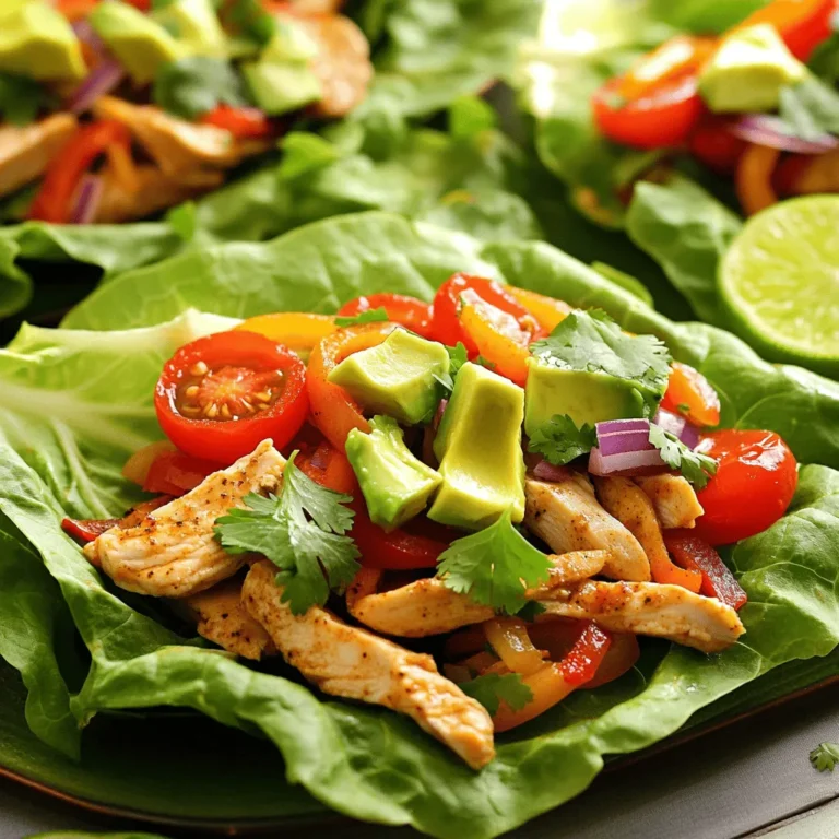 To make Chicken Fajita Lettuce Wraps, you need some key items. Here’s what you will need: - 2 boneless, skinless chicken breasts, sliced into thin strips - 1 tablespoon olive oil - 1 teaspoon chili powder - 1 teaspoon cumin - 1/2 teaspoon garlic powder - 1/2 teaspoon onion powder - 1 bell pepper (any color), sliced - 1 small red onion, thinly sliced - 8 large romaine or butter lettuce leaves - 1 avocado, diced - 1/2 cup cherry tomatoes, halved - Fresh cilantro, chopped (for garnish) - Lime wedges (for serving) - Salt and pepper to taste These ingredients give the dish its bold flavor and fresh crunch. The chicken brings protein, while the veggies add color and texture. For a perfect finish, you can add some garnishes. Here are my favorites: - Diced jalapeños for a spicy kick - Sour cream or Greek yogurt for creaminess - Shredded cheese for extra flavor - A drizzle of hot sauce for heat These toppings can elevate your wraps and make them even more fun to eat. If you have dietary needs, don’t worry! Here are some easy swaps: - Use tofu or tempeh instead of chicken for a veggie option. - Swap out the lettuce with collard greens for a sturdier wrap. - Replace olive oil with avocado oil if you prefer. - Use gluten-free taco seasoning if you are avoiding gluten. These substitutions keep the meal tasty while fitting your diet. You can enjoy Chicken Fajita Lettuce Wraps your way! For the full recipe, check out the details above. Start by slicing the chicken breasts into thin strips. Place them in a bowl. Add olive oil, chili powder, cumin, garlic powder, onion powder, salt, and pepper. Mix well until every piece is coated. This step adds great flavor to the chicken. Heat a non-stick skillet over medium-high heat. Once hot, add the chicken strips. Cook for about 5-7 minutes. Stir often until the chicken is cooked through and no longer pink. Next, add the sliced bell pepper and red onion to the pan. Sauté them for an extra 3-4 minutes. You want them tender but still crisp. After cooking, remove the skillet from heat and let it cool a bit. Grab a large lettuce leaf. Spoon a good amount of the chicken and veggie mix onto the leaf. Top it with diced avocado and halved cherry tomatoes. Don’t forget the fresh cilantro for garnish! Serve with lime wedges on the side. A little squeeze of lime juice adds a nice zing! For the full recipe, check out the previous section. To cook chicken well, start with fresh, high-quality meat. Cut chicken breasts into thin strips. This helps them cook evenly and quickly. Season the strips with olive oil and spices. Use chili powder and cumin for a great flavor. Cook the chicken in a hot skillet for 5-7 minutes. Stir often to avoid burning. The chicken should be white and firm, with no pink inside. Let it rest for a few minutes before serving. This keeps the juices in, making it more tasty. Choosing the right lettuce is key for these wraps. I recommend using romaine or butter lettuce. Both types have wide leaves that hold fillings well. Look for fresh, crisp leaves without holes or browning. Romaine adds a nice crunch, while butter lettuce gives a soft feel. If you want a fun twist, try using cabbage leaves. They add a different texture and flavor to your meal. To boost flavor, add more than just chicken and veggies. Fresh lime juice brightens the taste. Top your wraps with diced avocado for creaminess. Cherry tomatoes add sweetness and color. Don't forget fresh cilantro for that pop of flavor. You can also mix in some jalapeños for spice. These small additions make a big difference. For a full guide on making your Chicken Fajita Lettuce Wraps, check out the Full Recipe. {{image_2}} You can easily turn chicken fajita lettuce wraps into a vegetarian treat. Swap the chicken for hearty veggies. Bell peppers, mushrooms, and zucchini work well. You can also use black beans or lentils for protein. Season them with the same spices from the full recipe. This keeps the great taste while making it plant-based. Want a kick? Add more chili powder or fresh jalapeños to your wraps. If you prefer mild flavors, reduce the chili powder. Try different spices like smoked paprika or taco seasoning. Each will give your wraps a unique twist. Remember to taste as you go. This helps you find the right balance for your palate. Get creative with your fillings! You can add corn, diced mango, or even shredded cheese. Each adds a new layer of flavor. Try using different types of lettuce too. Butter lettuce gives a sweet taste, while iceberg adds crunch. You can even serve the filling in a bowl. This way, everyone can build their own wraps! After enjoying your Chicken Fajita Lettuce Wraps, store any leftover filling in an airtight container. Make sure to let it cool to room temperature before sealing. This process helps keep the chicken and veggies fresh. Store it in the fridge for up to three days. When you are ready to eat the leftovers, heat them gently. Use a skillet over medium heat for the best results. Stir the filling often until it warms through. This method keeps the flavors vibrant and the texture just right. Avoid using the microwave, as it can make the chicken rubbery. If you want to save the filling for later, freezing is a great option. Place the cooled filling in freezer-safe bags. Remove as much air as possible before sealing. You can freeze the filling for up to three months. When you're ready to use it, thaw it in the fridge overnight. Reheat it as mentioned above for a tasty meal in no time. For the full recipe, check out the instructions above! Yes, you can use other proteins. Turkey, beef, or shrimp all work great. Each protein adds its own unique taste. For turkey, use the same spices as chicken. For beef, try flank steak or ground beef. Shrimp cooks fast, so add it last to the skillet. To keep lettuce fresh, store it properly. Wrap the leaves in paper towels and place them in a bag. This helps absorb excess moisture. Use a salad spinner to dry leaves after washing. Store them in the fridge and use within a week for best crunch. To meal prep these wraps, cook the chicken and veggies ahead of time. Store them in airtight containers in the fridge. Keep the lettuce leaves separate to avoid sogginess. Assemble the wraps just before eating. This keeps everything fresh and tasty. For a full recipe, check [Full Recipe]. Chicken fajita lettuce wraps are easy and fun to make. We covered the main ingredients and ways to add your favorite toppings. You learned how to cook the chicken and vegetables and assemble the wraps. I shared tips for cooking chicken perfectly and choosing the right lettuce. We also explored vegetarian options and how to store leftovers. In closing, these wraps are flexible and tasty. Enjoy making them your way! Experiment, have fun, and dig in!
