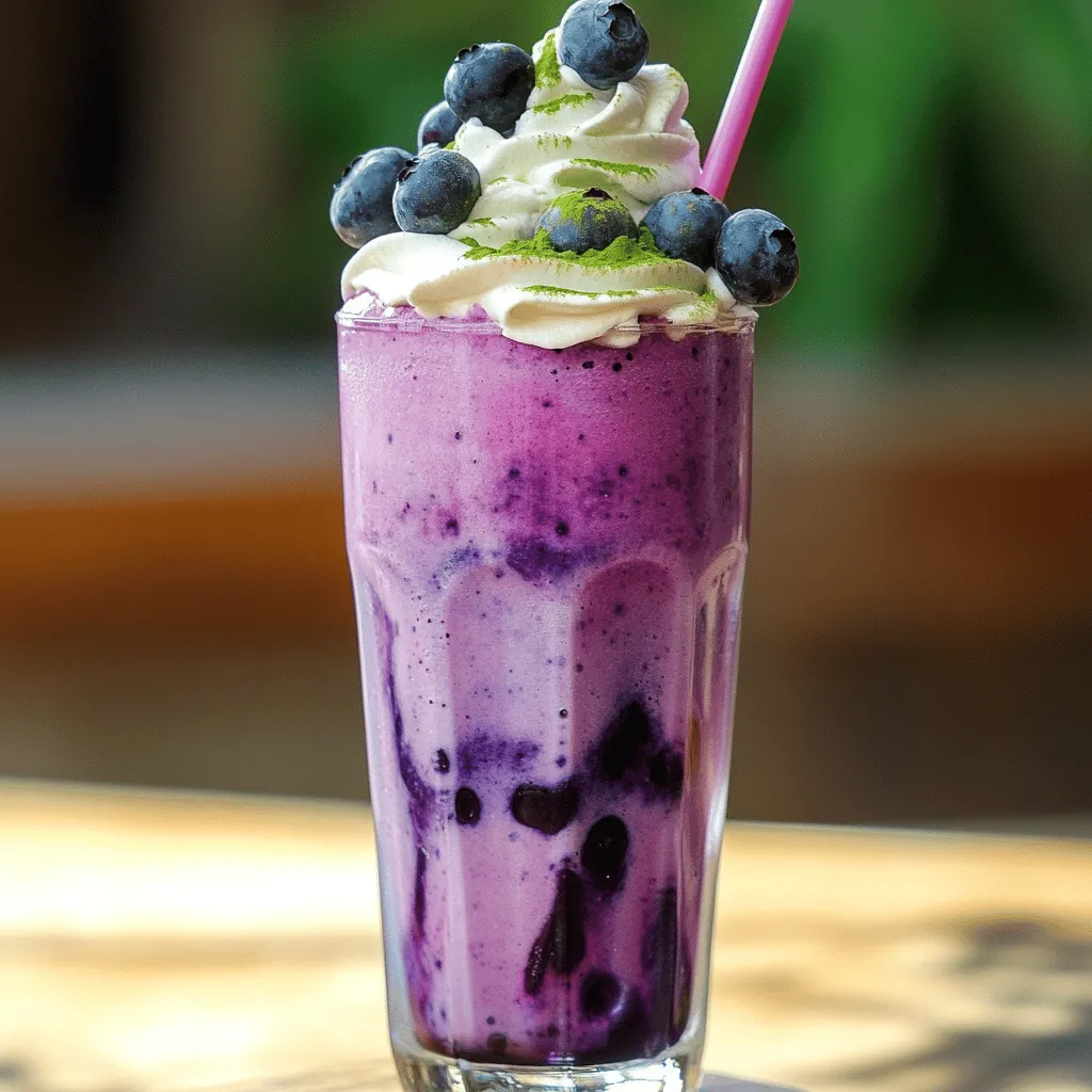 To make a tasty Blueberry Matcha Frappe, you need some simple ingredients. Here’s what you’ll need: - 1 cup fresh or frozen blueberries - 1 tablespoon matcha green tea powder - 1 cup almond milk (or any milk of choice) - 1 tablespoon honey or maple syrup (adjust to taste) - 1/2 cup ice cubes - A pinch of salt - Whipped cream (optional, for topping) - Extra blueberries and matcha powder for garnish Using fresh or frozen blueberries offers great flavor and nutrition. Matcha green tea powder adds a unique taste and health benefits. Almond milk gives a nice creamy base, but you can use any milk you like. Sweeteners like honey or maple syrup add just the right touch of sweetness. Ice cubes keep your drink cool and refreshing. Finally, toppings like whipped cream and extra blueberries make your frappe look and taste even better! This combination of ingredients makes a delicious and healthy treat. When you blend them, you create a creamy and vibrant drink. For the full recipe, check the complete instructions above. 1. Rinse and prepare blueberries If you use fresh blueberries, rinse them well under cold water. Pat them dry with a towel. If you choose frozen blueberries, set them aside. They can go straight into the blender. 2. Combine ingredients in blender In your blender, add the blueberries, matcha green tea powder, almond milk, honey or maple syrup, ice cubes, and a pinch of salt. This mix brings together sweet fruit and earthy matcha. 3. Blend to desired consistency Blend everything on high speed. Watch the mixture turn smooth and creamy. If you want it sweeter, add more honey or syrup. Blend again until you reach your preferred taste. 4. Pour into glasses and add toppings Pour your frappe into tall glasses. Leave some space at the top if you plan to add whipped cream. For a fun touch, add a dollop of whipped cream, a sprinkle of matcha powder, and a few extra blueberries on top. This Blueberry Matcha Frappe is not just a treat; it is a blend of flavors that refreshes and nourishes. Enjoy every sip and feel good about it! For the complete recipe, check out the Full Recipe section. Choosing the right matcha powder is key. Look for bright green matcha. This color shows quality and freshness. You can find it at health food stores or online. Adjusting sweetness is easy. Start with one tablespoon of honey or maple syrup. Blend, then taste. If you want it sweeter, add more. This makes each drink just for you. To achieve optimal thickness, use less almond milk. You can also add more ice. Blend until smooth. If it’s too thick, add a bit more milk. The best times to enjoy a frappe are warm days. It’s great for breakfast, snacks, or a fun treat. Pair it with light snacks. Try it with granola bars or yogurt. You can also enjoy it with healthy meals, like salads or sandwiches. {{image_2}} You can change up your Blueberry Matcha Frappe with different fruits. Try adding bananas or strawberries for a new twist. Bananas add creaminess and a mellow flavor. Strawberries bring a sweet and tangy taste. Both fruits blend well with blueberries and matcha. If you want to skip dairy, use alternative milks. Almond milk is a great choice, but you can also use oat milk or coconut milk. Each type of milk gives the frappe a unique taste. Experiment to find your favorite! For a healthier frappe, swap out sweeteners. Instead of honey or syrup, use natural sweeteners like agave or stevia. These options can cut down on sugar while still keeping your drink tasty. You can also boost the nutrition by adding protein. Try mixing in a scoop of protein powder or a spoonful of nut butter. This will make your frappe more filling and can help with energy. Each of these changes keeps the drink delicious while making it better for you. If you want the complete recipe, check out the Full Recipe section! To keep your Blueberry Matcha Frappe fresh, store any leftovers in the fridge. Use an airtight container. This way, it stays cool and tasty for up to two days. If you want to store it longer, consider freezing. Pour the frappe into ice cube trays. Once frozen, transfer the cubes to a freezer bag. This method helps you enjoy a quick treat later. When you're ready to enjoy your frappe again, you’ll need to re-blend it. If it's frozen, let it sit at room temperature for about 10 minutes. Then, place the frappe cubes in a blender. Add a splash of almond milk or water. Blend until smooth. This method gives you a fresh taste without losing flavor. What is the nutritional value of Blueberry Matcha Frappe? The Blueberry Matcha Frappe is a healthy drink. It has vitamins, minerals, and antioxidants. Blueberries provide fiber and vitamin C. Matcha adds a boost of energy and antioxidants. Almond milk is low in calories and rich in calcium. Overall, this drink is a tasty and nutritious choice. Can I use different types of matcha? Yes, you can use different types of matcha. Each type has its own taste and quality. Ceremonial grade matcha is the best for drinking. Culinary grade matcha works well for cooking and baking. Choose based on your taste and budget. Where can I buy Blueberry Matcha Frappe? You can find Blueberry Matcha Frappe in cafes and juice bars. Some grocery stores offer ready-made versions too. If you want to make it at home, use the Full Recipe for easy steps. How do I make a vegan version? To make a vegan Blueberry Matcha Frappe, just use plant-based milk. Almond milk, oat milk, or coconut milk all work well. Sweeten with maple syrup instead of honey for a vegan-friendly option. What are the health benefits of blueberries and matcha? Blueberries are low in calories and high in antioxidants. They help fight free radicals and support heart health. Matcha boosts metabolism and supports mental clarity. Together, they create a powerful health duo. How can I make this recipe with a dairy alternative? You can easily swap out regular milk for any dairy alternative. Almond milk, soy milk, or oat milk all make great choices. This way, you can enjoy the same great taste without dairy. In this blog post, we explored how to make a Blueberry Matcha Frappe. We covered the ingredients needed, step-by-step instructions, and tips for the perfect drink. You learned about flavor variations, storage tips, and answers to common questions. This refreshing frappe blends health and taste. You can adjust it to fit your needs. Enjoy making this simple treat and share it with others.