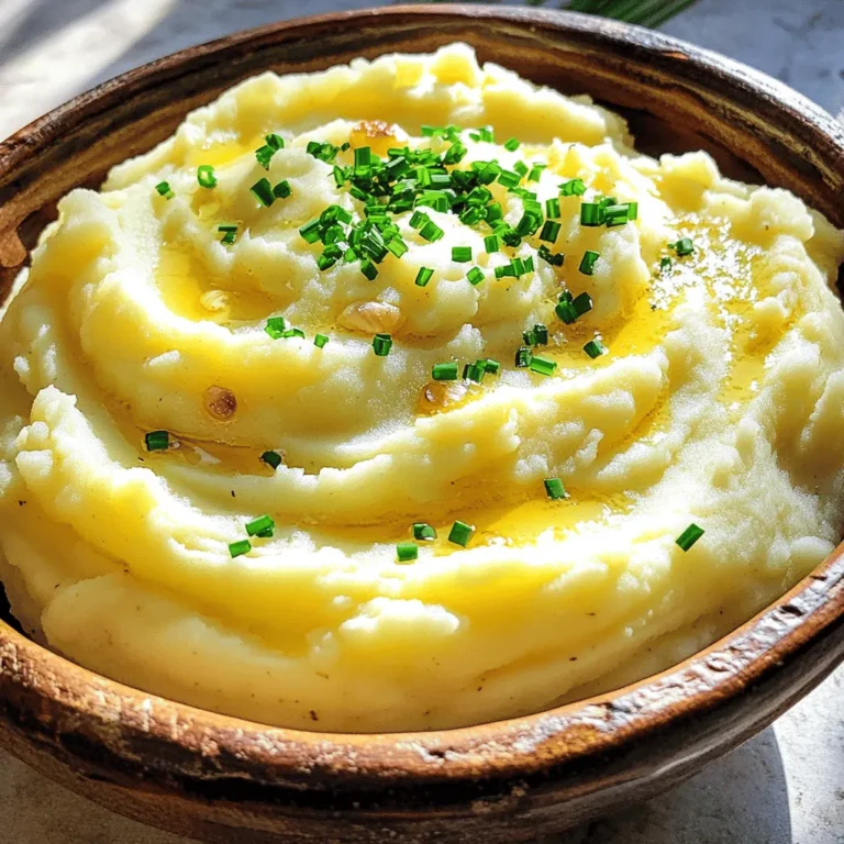 To make roasted garlic mashed potatoes, you need just a few key items: - 2 pounds Yukon Gold potatoes, peeled and chopped - 1 whole head of garlic - ½ cup unsalted butter, room temperature - ¾ cup heavy cream - Salt to taste - Freshly cracked black pepper to taste These ingredients create a rich and creamy base. Yukon Gold potatoes give a buttery texture. The butter and cream add extra richness. Roasting the garlic brings out its sweet and mellow flavor. You can enhance your mashed potatoes even more with these optional items: - 2 tablespoons fresh chives, finely chopped - ¼ cup grated Parmesan cheese Chives add a fresh burst of flavor. Parmesan cheese gives a lovely umami note. You can mix and match based on your taste. If you want to change things up, here are some substitutes: - Swap Yukon Gold potatoes for Russet potatoes for a fluffier mash. - Use olive oil instead of butter for a lighter version. - Replace heavy cream with milk for a lower-fat option. These alternatives let you customize your dish while keeping it tasty. Feel free to experiment with flavors and textures. For the full recipe, check out the Garlic Lovers' Dream Mashed Potatoes. To start, preheat your oven to 400°F (200°C). Take a whole head of garlic and cut off the top. This lets the heat in. Drizzle some olive oil on the cut part. Wrap the garlic in aluminum foil. Place it in the oven for about 30-35 minutes. The garlic should be soft and golden brown when done. Let it cool a bit. Then, squeeze the cloves out of their skins into a small bowl. Mash them with a fork until smooth. This will add a rich flavor to your potatoes. While the garlic roasts, take 2 pounds of Yukon Gold potatoes. Peel and chop them into even pieces. Place the chopped potatoes in a large pot. Fill the pot with salted water and bring it to a boil. Cook the potatoes for about 15-20 minutes. They should be fork-tender when ready. Drain the potatoes well and return them to the pot to keep them warm. Now it's time to make your mashed potatoes creamy. Add ½ cup of room-temperature butter to the potatoes. Then, mix in the roasted garlic you prepared earlier. Pour in ¾ cup of heavy cream. Add salt and freshly cracked black pepper to taste. If you like, you can also mix in ¼ cup of grated Parmesan cheese for extra flavor. Use a potato masher to blend everything together until it's smooth and fluffy. Finally, fold in 2 tablespoons of finely chopped fresh chives for a burst of fresh flavor. Adjust the seasoning if needed. Serve your roasted garlic mashed potatoes warm and enjoy this rich and creamy delight. For the full recipe, check the details above. To get creamy and smooth mashed potatoes, use Yukon Gold potatoes. They have a great texture. After cooking, mash the potatoes while they are hot. This helps avoid lumps. Use a potato masher or a ricer for the best results. Adding butter and cream while mashing makes it rich and smooth. Mix until you reach your desired texture. You can prepare these mashed potatoes ahead of time. Cook and mash the potatoes as usual. After that, let them cool. Store them in an airtight container in the fridge for up to two days. When ready to serve, reheat gently on low heat. Add a splash of cream to keep them creamy. Stir well before serving. Having the right tools makes cooking easier. Here’s what I recommend for making roasted garlic mashed potatoes: - A large pot for boiling potatoes - A good potato masher or ricer - A roasting pan for the garlic - Aluminum foil for wrapping the garlic - A mixing bowl for combining the ingredients Using these tools will help you create perfect mashed potatoes every time. For the full recipe, check out the Garlic Lovers' Dream Mashed Potatoes. {{image_2}} You can easily make vegan roasted garlic mashed potatoes. Swap out the butter and cream. Use a plant-based butter and almond or soy milk instead. These changes keep the creamy texture while adding the rich garlic flavor. For gluten-free roasted garlic mashed potatoes, simply use the standard recipe. All the main ingredients are naturally gluten-free. Just ensure any added toppings, like cheese, are also gluten-free. This way, everyone can enjoy a tasty side dish. You can get creative with flavors! Add fresh herbs like rosemary or thyme for a fragrant twist. Mixing in different cheeses, like goat cheese or cheddar, can elevate the taste. Each addition gives a new layer of flavor to your mashed potatoes. Try these variations to find your favorite. For the full recipe, check out the Garlic Lovers' Dream Mashed Potatoes. To keep your roasted garlic mashed potatoes fresh, store them in an airtight container. Make sure the potatoes cool to room temperature first. Then, place them in the fridge. They will last for up to three days. Label the container with the date to remember when you made them. When you are ready to eat the leftovers, reheat them gently. Use a microwave-safe bowl and cover it with a damp paper towel to keep moisture in. Heat in short bursts, stirring in between, until warm. You can also reheat on the stove. Add a splash of heavy cream or milk to keep them creamy. Stir often to avoid sticking. If you want to store them longer, freezing is a great option. First, let the mashed potatoes cool completely. Then, place them in a freezer-safe container or bag. Leave some space for expansion. They can be frozen for up to two months. To thaw, place them in the fridge overnight before reheating. For the full recipe, check back for more delicious details! Yukon Gold potatoes are my favorite. They are creamy and buttery. Their natural sweetness shines through in every bite. Russet potatoes are also great, but they can be a bit dry. For the best flavor and texture, stick with Yukon Gold. Yes, you can use jarred roasted garlic. It saves time and still adds flavor. However, fresh garlic gives a brighter taste. If you want the best flavor, I suggest roasting your own garlic. It’s easy and makes a big difference. To reheat, place the mashed potatoes in a pot. Add a little milk or cream for moisture. Warm them on low heat and stir often. You can also use the microwave. Cover the dish to keep steam in. This keeps your potatoes creamy and delicious. These mashed potatoes go well with many dishes. They are perfect with roasted meats, like chicken or beef. Try them with grilled vegetables for a nice touch. They also make a great side for a rich sauce or gravy. For the complete recipe, check out the Garlic Lovers' Dream Mashed Potatoes. You’ll find all the steps and tips to create this rich and creamy delight. In this post, we explored how to make roasted garlic mashed potatoes. We looked at key ingredients and their substitutions. I shared step-by-step instructions, plus tips for the perfect texture. You learned how to make this dish vegan and gluten-free, too. These mashed potatoes are not just a side; they can elevate any meal. Enjoy experimenting with flavors and sharing them with your loved ones. With practice, you'll master this delicious comfort food.