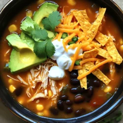 For a tasty Chicken Taco Soup, gather these main ingredients: - 1 lb boneless, skinless chicken breasts - 1 can (15 oz) black beans, drained and rinsed - 1 can (15 oz) corn, drained - 1 can (14.5 oz) diced tomatoes with green chilies - 1 medium onion, diced - 2 cloves garlic, minced - 1 medium bell pepper, diced (any color) - 2 cups low-sodium chicken broth - 1 tablespoon taco seasoning - 1 teaspoon cumin - Salt and pepper to taste - 1 tablespoon olive oil You can add these optional toppings for extra flavor and texture: - Diced avocado - Shredded cheese - Sour cream - Tortilla strips - Chopped cilantro If you need alternatives, here are some ideas: - Swap chicken for shredded beef or turkey for a different taste. - Use canned chickpeas or lentils instead of black beans for a vegetarian option. - Opt for low-sodium broth if you watch your salt intake. - Choose organic canned goods if you prefer cleaner ingredients. Preparing your ingredients well makes cooking easier. Here are some tips: - For chopping vegetables, use a sharp knife. Cut the onion and bell pepper into small, even pieces. This helps them cook evenly. - Rinse black beans and corn under cold water. This removes excess salt and preservatives. - When washing fresh veggies, rinse them under running water. Rub gently to remove dirt or chemicals. These steps help ensure your Chicken Taco Soup is both healthy and tasty. For the full recipe, check out the complete guide! First, gather your ingredients. You'll need the chicken, beans, corn, tomatoes, onion, garlic, bell pepper, broth, and spices. 1. In a large pot, heat 1 tablespoon of olive oil over medium heat. 2. Add the diced onion and bell pepper to the pot. Sauté them for about 5 minutes until they soften. 3. Next, stir in 2 minced garlic cloves. Cook for another minute until you smell the garlic. 4. Now, add the chicken breasts to the pot. Pour in 2 cups of low-sodium chicken broth, 1 can of diced tomatoes, black beans, corn, 1 tablespoon taco seasoning, and 1 teaspoon cumin. Stir it all together. 5. Bring the mixture to a boil. Then, lower the heat and cover the pot. Let it simmer for 20 to 25 minutes, until the chicken is fully cooked. After the chicken is cooked, it's time to shred it. 1. Remove the chicken breasts from the pot and place them on a cutting board. 2. Use two forks to shred the chicken into bite-sized pieces. This method helps you get even shreds. 3. Once shredded, return the chicken to the pot. Stir it in well. Now we adjust the flavors. 1. Season the soup with salt and pepper to your taste. 2. Simmer the soup for another 5 minutes to heat everything through. 3. When ready to serve, ladle the soup into bowls. You can garnish it with toppings like diced avocado, shredded cheese, sour cream, tortilla strips, or chopped cilantro. You can find the full recipe above to make this tasty meal! Using pre-cooked chicken or rotisserie chicken can save you time. This small step cuts down your cooking time by half. Just shred the chicken and add it to the soup. For quick prep methods, try using a food processor to chop your vegetables. This tool makes dicing onions and peppers fast and easy. You can also buy pre-chopped veggies at the store. They save time and are very handy. Balancing spices and seasonings is key to a tasty soup. Start with a little taco seasoning. You can always add more if you want a stronger flavor. Taste as you go to make sure it’s just right. If you want to adjust heat levels, add jalapeños or hot sauce. For a milder flavor, reduce the spice or leave out the heat altogether. Keep tasting until you find your perfect balance. To add crunch, consider topping your soup with crispy tortilla strips. They give a great texture contrast. You can also use crushed tortilla chips for a similar effect. Choosing the right toppings can enhance texture too. Diced avocado adds creaminess, while shredded cheese brings a nice melt. Sour cream can add a cool touch. Each topping offers a new bite, making your soup even better. {{image_2}} You can switch up the protein in your Chicken Taco Soup. Ground beef or turkey works great too. For a lighter touch, try using shredded rotisserie chicken. If you want a meatless option, consider using black beans or chickpeas. When using beef or turkey, cook it first. Brown the meat in the pot before adding veggies. This step adds depth to the flavor. If you use vegetarian options, keep the cooking time the same. Love heat? You’re in luck! Adding jalapeños is an easy way to spice things up. Just chop them and toss them in with the other veggies. You can also add hot sauce to your bowl for extra kick. If you enjoy a lot of heat, try using spicy diced tomatoes. This will add flavor and warmth. Adjust the amount based on your taste buds. For a vegetarian or vegan twist, use plant-based proteins like tofu or lentils. These options will still give you a hearty soup. Use vegetable broth instead of chicken broth. It keeps the flavor rich and satisfying. You can also add more vegetables. Try bell peppers, zucchini, or spinach for extra nutrition. These will make the soup colorful and tasty. For the full recipe, check out [Full Recipe]. To keep your chicken taco soup fresh, store it in the fridge. Use airtight containers. Glass containers work best. They do not absorb odors. Make sure to cool the soup before sealing it. This helps prevent condensation inside the container. Label the container with the date. This way, you know when you made it. You can freeze chicken taco soup for later. Let the soup cool before freezing. Pour the soup into freezer-safe bags or containers. Remove as much air as possible. This helps prevent freezer burn. When ready to eat, thaw it overnight in the fridge. Reheat the soup on the stove or in the microwave. Stir it well to ensure even heating. Chicken taco soup lasts about 3-4 days in the fridge. If frozen, it can last up to 3 months. Check for signs of spoilage before eating. If you see mold or a bad smell, throw it away. Also, if the soup tastes off, do not eat it. Food safety is very important. If your soup is too thick, you can fix it easily. Just add more broth or water. Start with a half cup and stir well. Keep adding until it reaches your desired thickness. When you dilute the soup, the flavors might change. Taste it after adding liquid. You may need to add more taco seasoning or cumin. A pinch of salt can also help bring back the flavor. You can make Chicken Taco Soup in both a slow cooker and an Instant Pot. For a slow cooker, add all the ingredients at once. Set it on low for 6-8 hours or high for 3-4 hours. Make sure the chicken is cooked through before shredding. If using an Instant Pot, use the sauté feature first. Brown the onions and peppers, then add all other ingredients. Seal the lid and cook on high pressure for 10-12 minutes. Let it naturally release for 10 minutes before opening. Toppings can make your soup even better! Here are some popular options: - Diced avocado - Shredded cheese - Sour cream - Crispy tortilla strips - Chopped cilantro You can mix and match these toppings. For a spicy kick, add sliced jalapeños. For a little crunch, try crushed tortilla chips. Each bowl can be unique! For the full recipe, check the [Full Recipe]. This blog post covered how to make Chicken Taco Soup. We explored ingredients, cooking steps, tips, and storage methods. With these insights, you can customize your soup to fit your taste. Remember to try different proteins or toppings to change things up. Proper storage keeps your leftovers fresh, and tips for thick soup ensure you enjoy every bowl. Now, you can confidently create a flavorful dish that satisfies your cravings. Enjoy cooking and sharing your delicious Chicken Taco Soup!