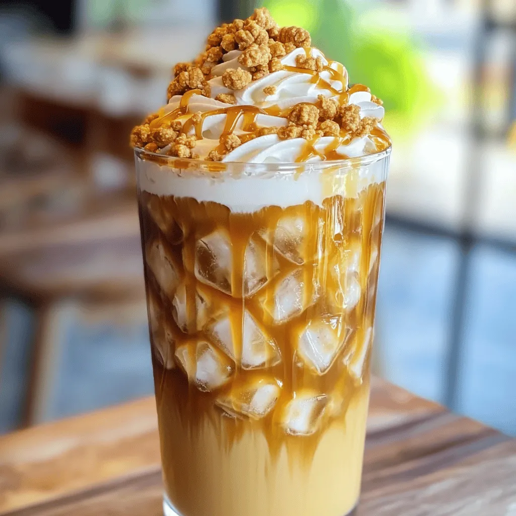 - Strong brewed coffee - Milk options (dairy and non-dairy) - Syrups: caramel, praline, and vanilla - Additional toppings: whipped cream, crushed pralines, or pecans - Ice cubes To make an Iced Caramel Praline Latte, you need a few key items. First, brew a strong cup of coffee. I prefer using dark roast coffee for a bold flavor. Let it cool before you use it. You can brew it ahead of time for ease. Next, choose your milk. You can use whole milk, almond milk, or oat milk. Each option changes the taste, so try different kinds to see what you like best. Now, gather your syrups. You will need caramel sauce, praline syrup, and vanilla syrup. These add sweetness and flavor. Adjust the amount of syrup to match your taste. For toppings, whipped cream makes it extra special. You can also add crushed pralines or pecans for a nice crunch. Finally, don't forget the ice cubes! They keep your drink cold and refreshing. You can find the full recipe for this delicious drink [Full Recipe]. Brewing the coffee Start by brewing a strong cup of coffee. Use your favorite beans for the best flavor. Allow it to cool to room temperature. You can also brew it ahead and chill it in the fridge. Cooling and preparing the glass Grab a tall glass and fill it halfway with ice cubes. This keeps your drink cold and refreshing. Make sure the glass is clean and dry before adding ice. Layering ingredients for best flavor Pour the cooled coffee over the ice. Next, add the milk. You can use dairy or a non-dairy milk of your choice. Adjust the milk based on how creamy you like your drink. Then, drizzle in the caramel sauce, praline syrup, and vanilla syrup. Stir well to mix all the flavors. Serving suggestions Top your drink with whipped cream if you like. Drizzle more caramel sauce on top for a sweet finish. For extra crunch, sprinkle crushed pralines or pecans. Serve with a straw or a long spoon to enjoy every sip. To make the best Iced Caramel Praline Latte, focus on the coffee brewing method. Use a strong brew for bold flavor. I recommend using a drip coffee maker or a French press. The stronger the coffee, the better your drink will taste. Adjust the sweetness and creaminess to your liking. Start with two tablespoons of caramel sauce. If you like it sweeter, add more syrup. For creaminess, choose your milk. Whole milk gives a rich taste, while almond milk is lighter. You can add extras for flavor enhancement. Try a pinch of sea salt to balance the sweetness. A dash of cinnamon or nutmeg can add warmth and spice. You might also enjoy adding a splash of chocolate syrup for a mocha twist. These tips will help you create your perfect Iced Caramel Praline Latte. Follow the [Full Recipe] to guide you through the steps. Enjoy your delicious drink! {{image_2}} You can make your Iced Caramel Praline Latte just the way you like it. Here are some fun ideas to try: - Dairy-free alternatives: Use almond, oat, or soy milk instead of regular milk. These options give your drink a unique taste and are great for those who are lactose intolerant. - Flavor variations: Want something different? Add mocha or hazelnut syrup for an exciting twist. Mocha gives a rich chocolate flavor, while hazelnut adds a nutty touch. Both make your latte richer and more delicious. - Seasonal adaptations: Change it up for the seasons! In fall, add a dash of pumpkin spice syrup for a cozy vibe. For winter, try a peppermint syrup for a festive feel. You can keep your drink fresh and interesting all year long. With these options, you can create a new drink every time. Just check the full recipe for the basic steps to get started. Enjoy exploring flavors! You can make your Iced Caramel Praline Latte ahead of time. Here’s how: - Storing brewed coffee: Brew your coffee in advance. Let it cool and store it in the fridge. It stays fresh for about a week. Just remember, strong coffee will keep its flavor better. - Preparing syrups in advance: You can also make your syrups ahead of time. Mix equal parts sugar and water, then add your flavors. Store these in a jar in the fridge. They should last for up to a month. - Keeping the drink fresh for later enjoyment: If you want to save your latte, mix only what you need. Store the coffee and milk separately. When you're ready to sip, add ice and mix in the syrups. This way, it tastes fresh every time. These tips let you enjoy your Iced Caramel Praline Latte anytime you want. For the full recipe, check the recipe section. To make an Iced Caramel Praline Latte at home, follow these steps: 1. Brew a strong cup of coffee and let it cool. 2. Fill a tall glass halfway with ice cubes. 3. Pour the cooled coffee over the ice. 4. Add 1 cup of milk to the coffee. 5. Stir in 2 tablespoons of caramel sauce, 1 tablespoon of praline syrup, and 1 tablespoon of vanilla syrup. 6. Top with whipped cream, if you like, and drizzle more caramel sauce on top. 7. Finish with crushed pralines or pecans, if desired. This drink is simple yet tasty and perfect for warm days. You can find the Full Recipe above. The calories in an Iced Caramel Praline Latte vary based on the ingredients used. On average, this drink has around 300 to 500 calories, depending on the milk and syrups. Dairy milk adds more calories than non-dairy options. The whipped cream and extra toppings can also increase the count. You can buy an Iced Caramel Praline Latte at many coffee shops. Popular chains often offer this drink, especially in the summer. Local cafes may also serve it. Always check their menu or ask the barista for this delicious option. Yes, you can use decaf coffee for this recipe. Decaf coffee tastes great when mixed with milk and syrups. It allows you to enjoy the flavor without the caffeine boost. Just brew it strong to keep the taste rich. If you don't have praline syrup, you can use hazelnut syrup or toffee syrup. Both options add a nutty sweetness to your latte. You can also blend crushed nuts into your drink for a similar taste. This blog post covered how to make an Iced Caramel Praline Latte. You learned about the needed ingredients, from coffee to fun toppings. I gave you clear steps for preparation and offered tips to enhance flavor. Also, we explored ways to customize your drink for your tastes. Lastly, I shared storage tips to keep your drink fresh. Making this latte at home is easy and fun. You can adjust it to match your mood and cravings. Enjoy crafting your perfect Iced Caramel Praline Latte!
