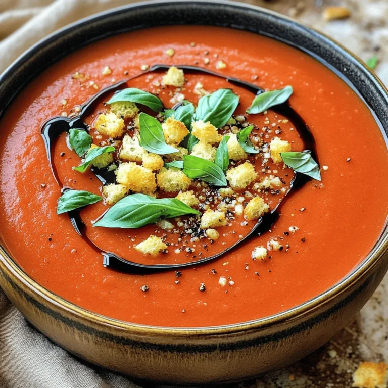 - 3 cups ripe tomatoes, diced - 1 medium onion, finely chopped - 3 cloves garlic, minced - 1 carrot, diced - 2 cups vegetable broth - 1 cup fresh basil leaves, roughly chopped - Croutons for topping - Drizzle of balsamic glaze - 1 tablespoon olive oil - 1 teaspoon sugar - Salt and pepper to taste Rustic Tomato Basil Soup shines with fresh, simple ingredients. You start with ripe tomatoes, whether fresh or canned. They provide the base for this hearty soup. Adding a medium onion and three cloves of garlic boosts flavor. A diced carrot adds a touch of sweetness. Vegetable broth ties everything together, making it warm and inviting. Fresh basil gives this soup its signature taste. You should chop it roughly, as it will release its oils and aroma. For those who want extra crunch, croutons on top are great. A drizzle of balsamic glaze can add a sweet tang to each bowl. Seasoning is key. Olive oil helps to sauté the onion and carrot. Sugar balances the acidity of the tomatoes. Salt and pepper round out the taste, making it truly delightful. You can find the full recipe above. Enjoy creating this comforting dish! - Chop vegetables and gather ingredients. - Heat olive oil in a pot over medium heat. - Sauté onion and carrot for about 5 minutes. This softens them. - Add minced garlic and cook for another 1-2 minutes. Watch the garlic closely. - Incorporate diced tomatoes, sugar, and vegetable broth. Simmer for 20 minutes. - Blend the soup until smooth. Use an immersion blender for ease. - Stir in fresh basil after blending. This adds a bright flavor. - Adjust seasoning with salt and pepper before serving. Taste and tweak as needed. You can find the full recipe to guide you through this process. Enjoy the warm and savory delight of rustic tomato basil soup! To make your Rustic Tomato Basil Soup truly shine, start with ripe, in-season tomatoes. Fresh tomatoes pack a punch in taste. They give your soup a bright and rich flavor. If fresh tomatoes are not available, high-quality canned tomatoes work well too. Next, don’t skip the herbs and spices. Fresh basil is key here. It adds a lovely aroma and flavor. You can also add a pinch of oregano or thyme for extra depth. A touch of sugar balances the acidity from the tomatoes, making the soup taste sweeter and smoother. When it comes to blending, I prefer using an immersion blender. It’s easier and quicker. You can blend the soup right in the pot. This method saves time and cuts down on cleanup. However, if you like a chunkier soup, blend only half of it. A standard blender works too, but be careful. Hot soup can splatter. Always blend in small batches to avoid mess. For a great presentation, serve your soup in warm bowls. A drizzle of balsamic glaze adds a nice touch. It enhances the flavor and looks pretty. Pair the soup with crusty bread or a side salad for a complete meal. Croutons on top add a fun crunch. You can also sprinkle fresh basil leaves as a garnish. This gives it a fresh look and flavor. For the complete recipe, check the Full Recipe section. {{image_2}} You can swap fresh tomatoes for canned ones in this soup. Canned tomatoes save time and still taste great. Just choose high-quality canned tomatoes for the best flavor. Adding cream to the soup gives it a rich texture. Pour in a splash while blending. This addition creates a velvety feel that many love. Rustic tomato basil soup may change by region. Each area has its twist, using local flavors and ingredients. For example, in the South, you might find a hint of heat from peppers. In Italy, you might find extra herbs for depth. You can make this soup unique by adding local ingredients. Think of fresh corn, bell peppers, or even local cheeses. These choices offer a fresh take on a classic dish. To make this soup vegan, skip the cream. You can use coconut milk instead for creaminess. This keeps the flavors rich while ensuring it meets vegan needs. For gluten-free options, confirm your broth is gluten-free. Many broths contain gluten, so check labels. This way, everyone can enjoy this warm and savory delight. After making your Rustic Tomato Basil Soup, let it cool down. Store leftover soup in a container with a tight lid. Glass or BPA-free plastic containers work best. You can also use zip-top bags, but make sure to remove as much air as possible before sealing. To freeze your soup, let it cool completely. Pour it into freezer-safe containers or bags. Leave some space at the top for expansion. Label each container with the date. For best results, use the soup within three months. When you’re ready to eat, thaw it overnight in the fridge. Reheat on the stove over low heat until warm. Stir gently to keep the flavor intact. In the fridge, this soup lasts about 3 to 5 days. If you freeze it properly, it can last up to 3 months. Always check for signs of spoilage before eating. If it looks or smells off, it’s best to toss it. Yes, you can use canned tomatoes. Canned tomatoes have benefits. They can save time. They also have ripe flavors sealed at peak freshness. This can enhance your soup. You can choose whole, diced, or crushed varieties. Each offers a different texture. Canned tomatoes often have added juices, giving more flavor. If you use them, adjust seasoning. You might need less salt. Reheating is easy. You can use the stove or microwave. For the stove, pour the soup into a pot. Heat over low to medium heat. Stir often to keep it smooth. This keeps the flavors intact. If using a microwave, place it in a bowl. Cover it with a microwave-safe lid. Heat in short bursts, stirring in between. This prevents hot spots. Yes, this soup is great for freezing. It holds its flavor well. To freeze, let it cool completely. Pour it into airtight containers. Leave some space at the top. This allows for expansion. When you want to eat it, defrost it in the fridge overnight. Reheat it gently on the stove. Your soup will taste fresh and tasty. This blog post highlighted how to make a delicious Rustic Tomato Basil Soup. You learned about key ingredients, preparation steps, and tips for the best flavor. We also explored variations, dietary options, and storage methods. Making this soup can be fun and rewarding. I hope you feel ready to try it. Enjoy the warmth and taste this dish brings, whether for yourself or to share with others. Cooking is a journey, and this recipe is a great place to start.