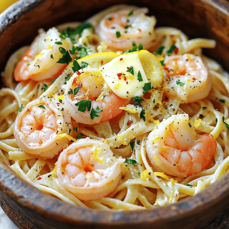To make Quick Shrimp Scampi Pasta, gather these fresh and simple ingredients. They create a tasty meal that is easy to make. - 8 ounces linguine or spaghetti - 1 pound large shrimp, peeled and deveined - 4 tablespoons unsalted butter - 4 cloves garlic, minced - 1/2 teaspoon red pepper flakes (adjust to taste) - 1 lemon, juiced - 1/4 cup chicken broth - 1/4 cup fresh parsley, chopped - Salt and pepper to taste - Zest of 1 lemon (for garnish) - Optional: Grated Parmesan cheese for serving Each ingredient plays a key role. The pasta provides a base that holds the sauce well. Shrimp adds protein and flavor, while garlic and red pepper bring warmth. Butter creates a rich sauce, and lemon juice adds brightness. Fresh parsley gives a pop of color and flavor. Using quality ingredients makes a big difference. Fresh shrimp is best for taste and texture. If you want to save time, you can use frozen shrimp. Just thaw them first. For a special touch, consider adding Parmesan cheese on top. It adds creaminess and depth. You can find the full recipe in the recipe section. Start by boiling a large pot of salted water. This step adds flavor to the pasta. Once the water boils, add 8 ounces of linguine or spaghetti. Cook according to the package instructions until al dente, which usually takes about 8 to 10 minutes. Al dente means the pasta is firm but not hard. After cooking, drain the pasta and remember to reserve a cup of pasta water. This water will help adjust the sauce later. In a large skillet, melt 2 tablespoons of unsalted butter over medium heat. Add 4 cloves of minced garlic and 1/2 teaspoon of red pepper flakes. Sauté these for about 1 minute until you smell the garlic. Then, add 1 pound of large shrimp, peeled and deveined. Cook the shrimp for about 2 to 3 minutes on each side. Look for a pink and opaque color to know they are done. Season with salt and pepper to taste. Once the shrimp are ready, add 1/4 cup of chicken broth and the juice of 1 lemon to the skillet. This will create a fresh and tangy sauce. Scrape any bits from the bottom of the pan with a spatula. Let the mixture simmer for about 2 minutes to enhance the flavor of the dish. Next, reduce the heat to low and gently mix the drained pasta with the shrimp. Toss everything together to coat the pasta well with the sauce. If the pasta seems dry, add a bit of the reserved pasta water until the sauce reaches your desired consistency. Now it’s time for the final touches. Add the remaining 2 tablespoons of butter and 1/4 cup of chopped fresh parsley. Toss the mixture again until everything is well coated and the butter melts. For a nice presentation, plate the pasta and garnish with lemon zest and extra parsley. You can also sprinkle some grated Parmesan cheese if you like. For the full recipe, check out the complete instructions. To make a great sauce, scrape the skillet. This pulls up tasty bits stuck to the pan. These bits add depth and flavor to your dish. If you want it a bit spicy, adjust the red pepper flakes. Start with half a teaspoon and add more if you like heat. Cook the shrimp for about 2 to 3 minutes on each side. They should turn pink and opaque when done. If they curl up tightly, that's a sign they are overcooked. Keep an eye on them to ensure they stay juicy and tender. To avoid sticky pasta, use plenty of salted water. Stir the pasta while it cooks to prevent clumping. To keep pasta warm, toss it with a little olive oil after draining. This keeps it nice and ready to serve. For the best results, always reserve some pasta water. You can use it to adjust the sauce later. For the full recipe, refer to the [Full Recipe]. {{image_2}} You can easily add vegetables to your shrimp scampi for more flavor and nutrients. Spinach works great because it wilts down quickly. Just toss it in during the last minute of cooking. Cherry tomatoes are another tasty option. They add a burst of sweetness and color. You can also try bell peppers, zucchini, or asparagus for a crunchy texture. These veggies not only enhance the dish but also make it more colorful and appealing. If you want to switch things up, try using scallops instead of shrimp. They cook quickly and have a sweet flavor. Chicken is another solid choice. Just cut it into bite-sized pieces and cook until golden brown. For those who prefer a meatless option, you can use chickpeas or tofu. Both options will soak up the delicious sauce, making your meal satisfying and tasty. Don’t be afraid to play with flavors in your shrimp scampi. Fresh herbs can elevate your dish. Basil, oregano, or thyme all add unique notes. You can also drizzle a bit of cream for a richer sauce. If you want a kick, consider adding a splash of Worcestershire sauce or a bit of white wine. These enhancements make your dish more complex and exciting. For the full recipe, check out the Quick Shrimp Scampi Pasta section. To store leftovers, let the pasta cool first. Place it in an airtight container. This keeps it fresh and prevents drying. Stored well, the pasta lasts 3 to 4 days in the fridge. Make sure to check for any off smells before eating. If you want to freeze it, portion the pasta in freezer-safe bags. Remove as much air as possible to avoid freezer burn. This method keeps the pasta good for about 2 months. When you want to eat it, take it out and thaw it overnight in the fridge. To reheat, use a skillet on low heat. Add a splash of water or broth for moisture. Stir gently to keep the shrimp from overcooking. This helps maintain the texture. You can also use a microwave. Heat it in short bursts, stirring often to heat evenly. It takes about 20 minutes to make Quick Shrimp Scampi Pasta. The prep time is about 10 minutes. Cooking the pasta and shrimp takes around 10 minutes. This fast recipe is perfect for busy nights. Yes, you can use frozen shrimp. Just make sure to thaw them first. I suggest placing them in cold water for about 15 minutes. This helps them cook evenly. Fresh shrimp taste great, but frozen shrimp work well too. You can pair this dish with several sides. Here are some ideas: - Garlic bread for a crunchy side. - A simple green salad for freshness. - Steamed vegetables for color and nutrition. These sides balance the meal nicely. Yes, this recipe is great for meal prep. You can cook it ahead and store it. Just keep it in an airtight container in the fridge. It will stay fresh for up to three days. When ready to eat, just reheat in a skillet. Add a splash of broth to keep it moist. In this blog post, we explored a simple and tasty shrimp scampi pasta. We covered every step, from gathering the right ingredients to cooking the pasta perfectly. I shared tips for enhancing the sauce and alternatives for proteins and veggies. Remember, you can store leftovers properly to enjoy later. With these insights, you can impress friends and family. Enjoy your cooking adventure and try new flavors. Your homemade shrimp scampi will surely delight everyone at the table.