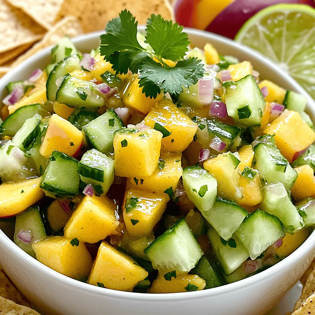 To make a vibrant Cucumber Peach Salsa, gather these simple ingredients: - 1 large cucumber, diced - 2 ripe peaches, diced - 1 small red onion, finely chopped - 1 jalapeño, deseeded and minced - 1/4 cup fresh cilantro, chopped - 2 tablespoons lime juice - 1 tablespoon honey (or agave syrup for a vegan option) - Salt and pepper to taste This mix of fresh produce gives the salsa its bright colors and tasty flavors. Choosing fresh cucumbers and peaches is key. Here are some tips: - Cucumber: Look for firm cucumbers with smooth skin. Avoid any with soft spots. - Peaches: Select peaches that are slightly soft to the touch. Their skin should have a rich color. Choosing ripe fruits makes the salsa taste better. It’s all about freshness! You can switch up the ingredients for fun twists. Here are some ideas: - Tomatoes: Swap in diced tomatoes for added juiciness. - Herbs: Try using basil or mint instead of cilantro for a different flavor. - Fruits: Add mango or pineapple for a sweeter salsa. These changes keep the dish exciting and let you explore new flavors. For the full recipe, check out the detailed steps above. To make cucumber peach salsa, you start with fresh ingredients. Here’s how: 1. Dice the cucumber: Take one large cucumber and chop it into small pieces. 2. Prepare the peaches: Use two ripe peaches and dice them similarly. 3. Chop the onion: Take a small red onion and finely chop it. 4. Mince the jalapeño: Deseed one jalapeño and mince it finely for some heat. 5. Chop the cilantro: Grab 1/4 cup of fresh cilantro and chop it up for flavor. 6. Mix in a bowl: In a large mixing bowl, combine all these ingredients. Mixing is key to great salsa. Here are some tips: - Whisk the dressing: In a small bowl, whisk together two tablespoons of lime juice and one tablespoon of honey. - Pour over the salsa: Drizzle this mixture over the chopped ingredients in the bowl. - Toss gently: Use a spoon to mix everything carefully. You want to blend the flavors without smashing the ingredients. - Let it rest: Allow the salsa to sit for at least 15 minutes. This helps the flavors meld together. Garnishing can make your salsa look even better. Try these ideas: - Use a beautiful bowl: Serve your salsa in a white bowl to highlight the colors. - Add cilantro on top: Place a sprig of cilantro on top for a fresh touch. - Pair with chips or meat: Serve it with tortilla chips or use it as a topping on grilled chicken or fish. For the full recipe, check out the [Full Recipe]. Enjoy your fresh and vibrant cucumber peach salsa! To boost the taste of your cucumber peach salsa, think about layering flavors. Use fresh lime juice for a bright kick. Add more herbs, like mint or basil, for depth. A pinch of sugar can balance tartness, while a dash of vinegar can add zing. Experiment with spices too. A sprinkle of cumin or smoked paprika can bring warmth. Each bite should excite your taste buds and feel balanced. Keep your salsa fresh by storing it in an airtight container. Place it in the fridge right after you make it. This helps preserve the bright colors and flavors. For best taste, eat it within three days. If you notice any liquid forming, just drain it before serving. If you want to save it longer, consider freezing. However, the texture may change when thawed. When making cucumber peach salsa, avoid using overripe fruits. They can make the salsa mushy. Also, don’t skip the lime juice; it adds vital acidity. Make sure to chop all ingredients evenly for a better mix. Lastly, let the salsa sit for at least 15 minutes. This step allows the flavors to meld well. It makes a big difference in taste! For the full recipe, check the section above. {{image_2}} If you want more heat, try adding different peppers. You can use a serrano for a sharper kick. A habanero gives a fruity spice but be careful; it's hot! Start with a small amount and taste as you go. This way, you control the spice level. Mixing in peppers adds depth and excitement to your cucumber peach salsa. You can also mix in other fruits for a sweeter salsa. Mango adds a tropical flair. Pineapple brings a juicy burst. Try adding diced strawberries or even kiwi for fun colors and tastes. Each fruit changes the flavor and makes it unique. Just remember to keep the balance with the cucumber and peach. Different cuisines inspire creative twists on this salsa. For a Mexican flair, add some diced avocado and a sprinkle of chili powder. If you're feeling Mediterranean, toss in some feta cheese and olives. These twists make the salsa special. They reflect the flavors of the world and your taste. Each version tells a story and brings new joy to your meals. For the full recipe, check out the detailed steps and tips for making this delightful dish. To keep your cucumber peach salsa fresh, store it in an airtight container. Place the salsa in the fridge right after making it. This helps maintain its crispness and flavor. It's best to enjoy your salsa within a few days to get the most taste. If you see any moisture, drain it off before serving. Freezing cucumber peach salsa is not ideal. The texture of cucumbers and peaches changes when frozen. They may become mushy when thawed. If you want to save some salsa, consider freezing only the peach part. This way, you can use the frozen peaches later in smoothies or other dishes. When stored in the fridge, cucumber peach salsa lasts about 3 to 5 days. After that, the flavors may fade, and the salsa can get watery. Always check for off smells or changes in color before eating. If you're unsure, it's safer to toss it out. For the best taste, enjoy it fresh! Cucumber peach salsa is packed with vitamins. Cucumbers are low in calories and high in water. They help keep you hydrated. Peaches add fiber, which aids digestion. They also contain vitamins A and C, great for your skin. This salsa is fresh and light, making it a healthy choice for snacks or meals. Yes, you can make cucumber peach salsa ahead of time. It tastes even better after sitting for a while. Just cover it and store it in the fridge. Aim to let it sit for at least 15 minutes. This lets the flavors mix well. But for best taste, use it within a day or two. Cucumber peach salsa goes well with many dishes. Serve it with grilled chicken or fish for a fresh twist. It also tastes great on tacos or nachos. Try it as a topping for burgers or sandwiches. You can even enjoy it with simple tortilla chips. This salsa makes every dish brighter and more fun. For the full recipe, check out the earlier section. Cucumber peach salsa is fresh and easy to make. We explored key ingredients, from selecting the best cucumbers and peaches to variations that spice up your dish. I shared tips on preparation, mixing flavors, and garnishing. Remember to store your salsa properly for maximum freshness. Try adding unique fruits or spices to create your own twist. This fun dish complements many meals and keeps well. Enjoy making it, and let your taste buds guide you!