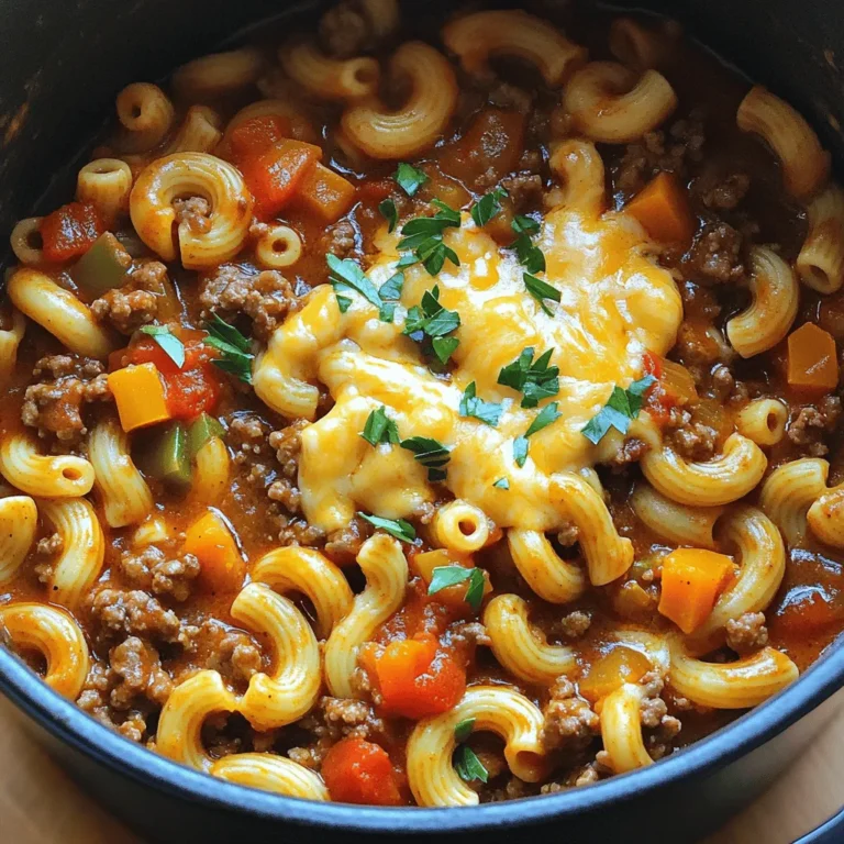 - 1 lb ground beef or turkey - 1 medium onion, chopped - 2 cloves garlic, minced - 1 bell pepper, diced (any color) - 2 cups beef broth - 1 can (14.5 oz) diced tomatoes (with juices) - 2 cups elbow macaroni - 2 tablespoons tomato paste The main ingredients create a rich base for your goulash. Ground beef or turkey gives the dish its heartiness. The onion and garlic add depth and flavor. Bell pepper brings a sweet crunch. - 2 teaspoons paprika - 1 teaspoon dried oregano - 1 teaspoon dried basil - Salt and pepper to taste Spices transform your dish into something special. Paprika adds warmth and a hint of sweetness. Oregano and basil introduce an earthy element. Adjust salt and pepper to suit your taste. - 1 cup shredded cheddar cheese - Fresh parsley for garnish Optional add-ins can elevate your meal. Cheese makes it creamy and rich, while parsley adds a fresh touch. You can mix and match flavors to your liking. For the full recipe, check out the detailed instructions! First, you need to brown the ground beef or turkey. Use a large pot or Dutch oven for this. Heat it over medium heat. Add the meat and break it apart with a spoon. Cook it for 5 to 7 minutes until it's no longer pink. Drain any excess fat if necessary. This step gives your goulash a rich flavor. Next, it's time to add the vegetables. Toss in the chopped onion and minced garlic. Sauté them for 2 to 3 minutes. You want the onion to look translucent. Then, add the diced bell pepper and cook for another 2 minutes. This softens the pepper and adds sweetness to your dish. Now, let's mix in the other ingredients. Pour in the beef broth and the can of diced tomatoes, including their juices. Then add the elbow macaroni, tomato paste, paprika, oregano, basil, salt, and pepper. Stir everything well to combine. This mixture creates a hearty base for your goulash. Cover the pot and bring the mixture to a boil. After that, reduce the heat to low. Let it simmer for 15 to 20 minutes. Stir occasionally to prevent sticking. You want the pasta to cook al dente, which means it should be tender but still firm. This adds the right texture to your goulash. Finally, stir in the shredded cheddar cheese if you want it extra creamy. Mix until the cheese melts and blends well. Taste your goulash and adjust the seasoning if necessary. This is where you make it just right for your taste buds. Enjoy this easy one pot goulash! You can find the Full Recipe for more detailed steps. To ensure your pasta doesn’t overcook, keep an eye on the time. Elbow macaroni cooks quickly. I recommend stirring it every few minutes as it simmers. This helps it cook evenly. Check for doneness after about 15 minutes. The pasta should be firm but tender. You can boost the flavor of your goulash with extra spices. Consider adding a pinch of cayenne for heat. A splash of Worcestershire sauce can add depth. You might also try a teaspoon of Italian seasoning for a twist. Fresh herbs like thyme or rosemary can also brighten the dish. Don’t forget to taste as you go! Goulash pairs well with simple sides. A fresh green salad works perfectly to balance the richness. You can also serve it with crusty bread to soak up the sauce. For a fun twist, offer some garlic bread on the side. Top your goulash with fresh parsley for a pop of color and taste. Enjoy your meal! {{image_2}} You can switch up the protein in this goulash. Ground chicken is a great choice. It gives a lighter flavor. You can also try plant-based options. Crumbled tofu or lentils work well. They add protein without meat. These swaps keep the dish tasty and satisfying. Adding more veggies makes this dish even better. Zucchini is a fun choice. It cooks quickly and adds great texture. Corn also brings sweetness and color. You can toss in spinach for some greens. Don't be shy about using what you have. Extra veggies make it colorful and healthy. If you're looking for a lighter meal, reduce the sodium. Use low-sodium beef broth instead. Whole grain pasta is another smart swap. It adds fiber and nutrients. You can also skip the cheese if you'd like. These small changes keep the dish delicious and healthy. For the full recipe, check out the earlier section. To store leftovers in the fridge, let the goulash cool. Use an airtight container. This keeps it fresh. You can keep it in the fridge for up to three days. When you’re ready to eat, just take it out and reheat. Freezing goulash is easy. First, let it cool completely. Then, place it in a freezer-safe container. Leave some space at the top for expansion. You can freeze it for up to three months. When you want to enjoy it again, just thaw it in the fridge overnight. To reheat goulash, use a pot on low heat. Stir it often to prevent sticking. You can also use a microwave. Heat in short bursts, stirring in between. This helps keep the texture nice. If it seems dry, add a splash of broth or water. Enjoy your goulash just like when it was fresh! Yes, you can prepare this dish in advance. Cook the goulash and let it cool. Store it in an airtight container in the fridge. It will stay fresh for up to three days. When ready to eat, reheat it on the stove or in the microwave. This makes it great for busy weeknights. If you do not have elbow macaroni, try other pasta types. Penne, fusilli, or shells work well. Choose any pasta you like. Just make sure to adjust the cooking time based on the pasta type. To make this recipe vegetarian, swap the ground beef or turkey for plant-based meat. You can also use lentils or mushrooms for a hearty texture. Use vegetable broth instead of beef broth. This keeps all the rich flavors while being meat-free. The total cooking time is around 30 minutes. You need 10 minutes to prep the ingredients. Then, cook everything for about 20 minutes. This quick time makes it perfect for a weeknight meal. Absolutely! You can add more vegetables to boost nutrition. Try diced zucchini, corn, or carrots. Spinach is a great addition too. Just add them when you mix in the broth and tomatoes. This way, they cook well and blend with the flavors. In this article, we explored how to make goulash, focusing on key ingredients and steps. We discussed main ingredients like ground beef, onions, and elbow macaroni. Plus, we shared tips for perfect texture and flavor. In conclusion, you can easily customize goulash to fit your taste. Try different proteins and add veggies for a healthier dish. With proper storage, you can enjoy leftovers too. Now, you have a simple guide to make this comforting meal anytime.