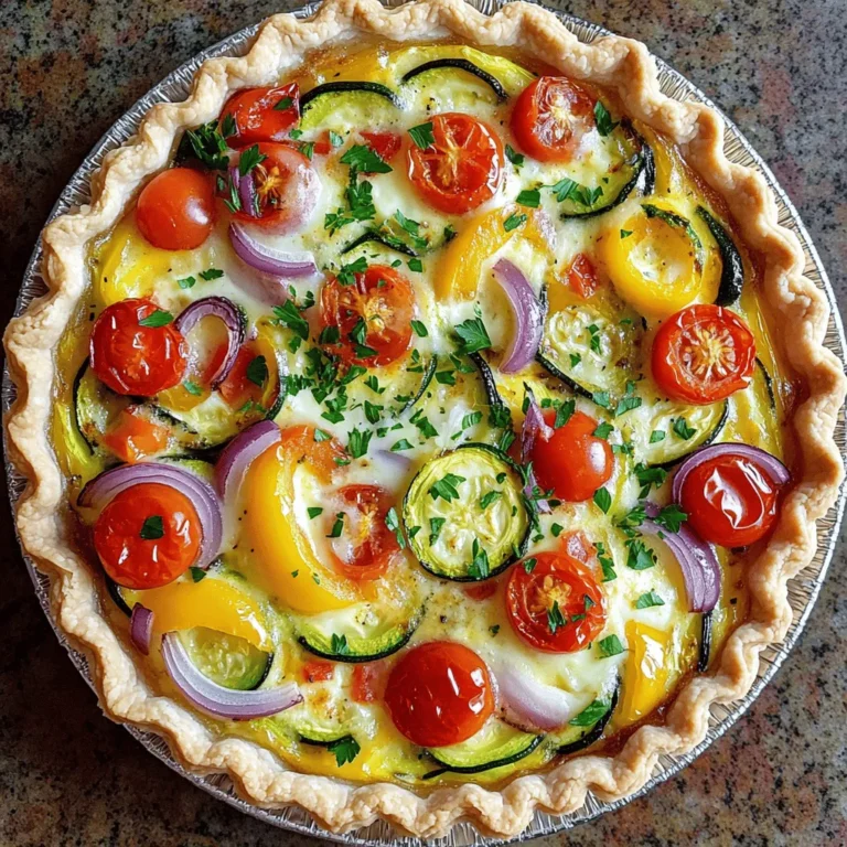 - 1 pre-made pie crust (9-inch) - 2 cups mixed vegetables (zucchini, bell peppers, cherry tomatoes, and red onions), roasted - 4 large eggs - 1 cup heavy cream - 1 cup shredded cheese (Gruyère or cheddar) - 1 teaspoon dried thyme - 1 teaspoon garlic powder - Salt and pepper to taste - Fresh parsley, chopped (for garnish) The main ingredients give the quiche its rich taste. The pie crust holds everything together. I love using a mix of vibrant veggies. Zucchini and bell peppers add color. Cherry tomatoes give a sweet burst. Red onions add a nice sharpness. You can change the cheese to fit your taste. Feta or goat cheese adds a tangy flavor. Spinach or kale can replace some veggies for more greens. Try adding herbs like basil or oregano for extra zest. - 9-inch pie dish - Mixing bowls - Whisk - Baking sheet for roasting vegetables - Oven mitts These tools make cooking easier. A good pie dish helps the crust bake evenly. Mixing bowls are great for combining ingredients. Using a whisk makes mixing the eggs smooth and quick. First, grab your pre-made pie crust. Roll it out into a 9-inch pie dish. Crimp the edges to make it pretty. Prick the bottom with a fork. This helps avoid bubbling. Pre-bake the crust at 375°F for 10 minutes. This gives it a nice, crispy base. Now, let’s prepare the vegetables. You will need 2 cups of mixed veggies. I like zucchini, bell peppers, cherry tomatoes, and red onions. Dice them up and toss with olive oil, salt, pepper, and dried thyme. Spread them on a baking sheet. Roast in the oven for 20-25 minutes until they are soft and slightly caramelized. This brings out their natural sweetness. While the veggies roast, it’s time for the egg mixture. In a large bowl, whisk together 4 large eggs and 1 cup of heavy cream. Add 1 teaspoon of garlic powder, salt, and pepper. Mix well until smooth. This creamy blend will hold the quiche together and add richness. After the veggies cool a bit, it's time to assemble. Spread the roasted vegetables evenly over the pre-baked pie crust. Gently pour the egg and cream mixture over the veggies. Make sure they are all covered. Now, sprinkle 1 cup of shredded cheese on top. Gruyère or cheddar works great here. Bake the quiche for 30-35 minutes. Look for a golden top and set egg. Once baked, take the quiche out and let it cool for a few minutes. This helps it set better. When ready, slice and serve. For a nice touch, garnish with chopped fresh parsley. Enjoy the burst of flavors in this roasted vegetable quiche! For the full recipe, check it out [here](#). To create a perfect crust, start with a good pre-made pie crust. You can use store-bought or make your own. Roll it out and place it in a 9-inch pie dish. Crimp the edges to make it look nice. Prick the bottom with a fork. This step helps avoid bubbles. Pre-bake the crust for ten minutes. This gives it a nice base for the filling. Roasting gives vegetables a rich flavor. First, chop your veggies, like zucchini and bell peppers, into even pieces. Toss them in olive oil, salt, and pepper. Spread them on a baking sheet in a single layer. Avoid overcrowding; this helps them roast evenly. Roast at 375°F for 20 to 25 minutes. Look for a nice golden color. This caramelizes their natural sugars and adds depth. Enhance your quiche with great flavors. Use dried thyme and garlic powder to boost taste. Fresh herbs, like parsley, add brightness. You can also mix in spices like paprika or cumin. For a kick, try a dash of red pepper flakes. The right seasonings can elevate your dish to new heights. Don’t shy away from experimenting until you find what you love. How you serve your quiche matters. Allow it to cool slightly after baking. This makes slicing easier. Garnish with fresh parsley for a pop of color. Serve it warm or at room temperature. Pair it with a simple salad or fresh fruit. This adds a nice contrast. For a casual touch, cut into wedges and serve on a wooden board. Your guests will love the look and taste! {{image_2}} You can mix and match your veggies for this quiche. Try using spinach, mushrooms, or asparagus. Each vegetable adds a unique taste. For a spicier kick, consider jalapeños or roasted red peppers. The key is to roast the vegetables first. This helps bring out their natural sweetness and flavor. Aim for about two cups of mixed veggies. Feel free to adjust the amount based on your taste! If you need to avoid certain cheeses, there are great options. Use lactose-free cheese if you are lactose intolerant. For a vegan twist, try a plant-based cheese. Nutritional yeast adds a cheesy flavor without dairy. You can also skip the cheese entirely for a lighter dish. Just make sure to season well. This helps maintain the quiche's richness even without cheese. Making a gluten-free quiche is easy! Use a gluten-free pie crust. You can also make a crustless version. Just pour the filling directly into a greased baking dish. For a vegan option, swap the eggs and cream. Use a mix of silken tofu and plant milk instead. Blend them until smooth. This keeps the quiche creamy and delicious. Adjust the seasoning to your liking. This way, everyone can enjoy a slice of roasted vegetable quiche! For more detailed instructions, check the Full Recipe. After enjoying your roasted vegetable quiche, store any leftovers in the fridge. Use an airtight container. This keeps the quiche fresh for up to three days. If you cut pieces, cover them well with plastic wrap. This prevents drying out. To freeze your roasted vegetable quiche, let it cool completely first. Wrap it tightly in plastic wrap, then in foil. This way, it can last for up to three months in the freezer. When you want to eat it, thaw overnight in the fridge before reheating. For the best taste, reheat your quiche in the oven. Preheat the oven to 350°F (175°C). Place the quiche on a baking sheet. Heat for about 15-20 minutes. This keeps the crust crispy and the filling warm. You can also microwave individual slices, but this may make the crust soft. Enjoy your flavorful meal again! Yes, you can make the quiche ahead of time. Just bake it, let it cool, and store it in the fridge. Cover it with plastic wrap or foil. When you're ready to serve, reheat it in the oven at 350°F (175°C) for about 15 minutes. This keeps it warm and tasty. You can use milk or half-and-half as a substitute. If you want a lighter option, use Greek yogurt or silken tofu blended until smooth. These choices will change the texture a bit, but they can still taste good in the quiche. The quiche is done when the edges are golden brown and the center is set. You can insert a knife in the center. If it comes out clean, it’s ready. The top should look slightly puffed and firm. Yes, you can use a homemade pie crust instead of a pre-made one. Just roll it out and fit it into the pie dish. Pre-bake it for about 10 minutes to avoid a soggy bottom. This adds a personal touch to your quiche. To make mini quiches, use a muffin tin. Cut the pie crust into small circles. Press them into the muffin cups. Fill them with the egg mixture and veggies. Bake for about 20-25 minutes. These mini quiches are perfect for parties and easy to serve. For the full recipe, check out the Roasted Vegetable Quiche. Roasted vegetable quiche is simple and tasty. We covered key ingredients, optional add-ins, and tools needed. I shared steps for making the crust, roasting, and baking. Tips helped you perfect your dish, while variations offered fun twists. Now you can store leftovers, freeze them, and even reheat with ease. Enjoy your quiche creations and explore new flavors. Happy cooking!