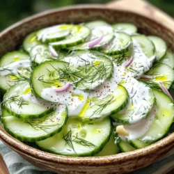 For this salad, you need fresh, crisp cucumbers. I suggest using two large cucumbers. Thin slices make the salad light and easy to eat. If you prefer, you can peel them for a smoother taste. You will also need some red onion. A quarter cup, chopped, adds a nice crunch and flavor. The dressing is the star of this salad. Start with one cup of Greek yogurt. This gives the salad a creamy base. Add two tablespoons of sour cream for extra richness. A tablespoon of lemon juice brings in brightness and tang. You will also need a clove of garlic, minced, and a tablespoon of fresh dill. This herb adds a fresh, herby taste. Don’t forget salt and pepper to season, plus a tablespoon of olive oil for smoothness. If you want to spice things up, consider adding a quarter teaspoon of cayenne pepper. This gives your salad a nice kick. You can also add a handful of cherry tomatoes or bell peppers for color and taste. These options make the salad more fun and flavorful. Check the [Full Recipe] for more details! Start by washing the cucumbers well. This step is key to remove any dirt. Next, cut off the ends. Slice the cucumbers thinly into rounds. You can peel them if you prefer a smoother bite. Thin slices blend well with the creamy dressing. In a big mixing bowl, add Greek yogurt, sour cream, and lemon juice. Whisk them together until you see a smooth texture. Next, add the minced garlic and fresh dill. Drizzle in the olive oil too. Stir until everything is mixed well. Season with salt, pepper, and cayenne pepper if you want a little heat. This dressing brings a rich flavor to the salad. In a large bowl, add the sliced cucumbers and chopped red onion. Now, pour the creamy dressing over them. Gently toss everything together. Make sure all cucumber slices are well coated. Cover the bowl with plastic wrap. Chill the salad in the fridge for at least 30 minutes. This wait time helps the flavors blend beautifully. For the full recipe, check out the details above. Chilling your salad is key to boosting its taste. When you let it sit in the fridge, the flavors blend well. I suggest chilling it for at least 30 minutes. This time allows the dressing to soak into the cucumbers. If you have more time, chill it for an hour or longer for even better flavor. Texture makes a big difference in salads. I like to slice cucumbers thinly. This helps them absorb the creamy dressing. If you prefer a crunchier bite, leave the skin on. You can also use a mix of thin and thick slices for variety. The goal is to have a creamy dressing that coats each piece well. This creamy cucumber salad is a great side dish. It pairs well with grilled meats or fish. You can also serve it at picnics or barbecues. To make it more colorful, add some cherry tomatoes or bell peppers. For a fun twist, sprinkle some feta cheese on top. Want to explore the full recipe? Check out the [Full Recipe]. {{image_2}} You can switch up the dressing to change the flavor. Try using buttermilk instead of yogurt for a tangy twist. You can also mix in some ranch dressing for a creamy kick. A splash of vinegar adds a nice zing. If you like heat, add hot sauce to the mix. Each dressing gives the salad a new taste. To make the salad heartier, you can add protein. Grilled chicken or shrimp work great. Just chop them into bite-sized pieces. Mix them in with the cucumbers and dressing. This makes the salad a full meal. You can also use chickpeas for a vegetarian option. They add protein and great texture. Feel free to swap in seasonal ingredients. In summer, try adding fresh tomatoes or bell peppers for color. In fall, how about some diced apples for sweetness? You can even add herbs like basil or mint to change the flavor. These swaps keep the salad fresh and exciting all year long. For the full recipe, check the earlier section. To keep your creamy cucumber salad fresh, store it in an airtight container. This keeps out air and moisture that can spoil the salad. Place the container in the coldest part of your fridge. This ensures the salad stays cool and crisp. Avoid leaving it out at room temperature for too long. It’s best to chill it right after serving. I do not recommend freezing creamy cucumber salad. The cucumbers lose their crunch when frozen. The creamy dressing can also separate and become watery. If you want a cold dish later, prepare the salad fresh instead. You can make the dressing in advance and store it separately. When stored properly, creamy cucumber salad lasts about 3 to 4 days in the fridge. Always check for signs of spoilage before eating. If it smells off or has a strange texture, throw it away. Enjoy your salad fresh for the best taste! For the full recipe, check the earlier section. The best type of cucumber for this salad is the English cucumber. It has fewer seeds and a thinner skin. This gives it a lovely texture and taste. You can also use regular cucumbers. Just peel them if you prefer a smoother bite. Yes, you can use mayonnaise instead of Greek yogurt. Mayonnaise will make the salad richer and creamier. However, Greek yogurt adds a nice tang and is healthier. Both options work, so pick what you like best. To make the salad vegan, swap Greek yogurt and sour cream for a plant-based yogurt. Look for one that is plain and unsweetened. You can also use cashew cream as a great alternative. This keeps the creamy texture while making it vegan-friendly. Yes, you can prepare this salad in advance. Make it a few hours before serving to let the flavors blend. Just store it in the fridge. The cucumbers might soften a bit, but it will still taste great. You can find the full recipe [here](#). Creamy cucumber salad is fresh and simple to make. We explored key ingredients and essential dressings. I shared step-by-step instructions and offered tips for the best flavor and texture. You can even try fun variations, like adding protein or swapping in seasonal ingredients. Store it properly to keep it fresh, and remember, it’s easy to make ahead. Now you’re ready to enjoy this dish any time. Dive in and savor the taste!