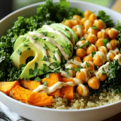 To make the Sweet Potato and Chickpea Buddha Bowl, you will need: - Sweet potatoes - Chickpeas - Olive oil - Spices and seasonings - Quinoa - Leafy greens - Avocado - Tahini dressing ingredients - Garnish options The base of this bowl is sweet potatoes and chickpeas. Both provide great flavor and nutrients. Sweet potatoes are sweet and creamy. They pair well with crunchy chickpeas. For seasoning, I love using olive oil, smoked paprika, and cumin. These spices add depth and warmth. Feel free to adjust the salt and pepper to your taste. Quinoa serves as a hearty base. It cooks quickly and is rich in protein. Leafy greens like kale add a nice crunch and color. Don’t forget the avocado. It adds creaminess and healthy fats. For the tahini dressing, you mix tahini, lemon juice, and maple syrup. This dressing ties the bowl together. Lastly, you can add fresh parsley or other herbs as a garnish. It makes the dish look pretty and fresh. For the complete recipe, check out the Full Recipe. - Start by peeling the sweet potatoes. Cut them into small cubes. - Rinse the chickpeas in cold water. Drain them well. - Cook the quinoa according to the package instructions. This usually takes about 15 minutes. - Preheat your oven to 400°F (200°C). - In a bowl, toss the sweet potatoes with 1 tablespoon of olive oil, smoked paprika, cumin, salt, and pepper. Mix until they are evenly coated. - Spread the sweet potatoes on a baking sheet in a single layer. Roast for 25-30 minutes. Flip them halfway for even cooking. They should be tender and slightly caramelized. - In a bowl, combine the drained chickpeas with the remaining tablespoon of olive oil, salt, and pepper. Toss well to coat. - Spread the chickpeas on another baking sheet. Roast them for 20 minutes until they become crispy. - In a small bowl, mix tahini, lemon juice, maple syrup, and water. Whisk until smooth. - Adjust the consistency with more water if needed. It should be drizzly, not too thick. - In a serving bowl, layer the cooked quinoa at the bottom. - Top it with roasted sweet potatoes, crispy chickpeas, chopped kale, and sliced avocado. - Drizzle the tahini dressing over the top. Garnish with fresh parsley. Follow these steps to create a vibrant and nourishing meal. For the complete list of ingredients and detailed instructions, check the Full Recipe. Enjoy your wholesome Buddha bowl! To roast sweet potatoes just right, start with the oven at 400°F (200°C). This heat helps them cook evenly. Cut them into small cubes, about one inch each. This size allows them to cook fast and get tender. Toss them with olive oil, smoked paprika, cumin, salt, and pepper. Spread them on a baking sheet in one layer. Roast them for 25-30 minutes. Flip them halfway through for even browning. To avoid sogginess, do not overcrowd the pan. Air needs to circulate around each piece. For crispy chickpeas, use drained and rinsed canned chickpeas. Pat them dry with a towel to remove excess moisture. Toss them in olive oil, salt, and pepper. Spread them on a separate baking sheet. Roast them for about 20 minutes until they are golden brown. If you want extra crunch, try increasing the oven temperature to 425°F (220°C) for the last few minutes. For flavor, consider adding garlic powder, chili powder, or even your favorite herbs. If you don't have tahini, you can use almond butter or sunflower seed butter. Both options will give a nice creamy texture. For added flavor, mix in minced garlic or a pinch of cayenne pepper. You can also add fresh herbs like dill or parsley to brighten the taste. Adjust the dressing's thickness by adding more water if needed. It should be smooth and drizzly. This dressing pairs well with the sweet potatoes and chickpeas in the Buddha bowl. For the full recipe, check out the details above. {{image_2}} You can change the protein in your Buddha bowl. Use other legumes, like black beans or lentils. Both add great flavor and nutrients. For a different texture, try tofu. Firm tofu absorbs spices well and adds protein. You can also add nuts or seeds for crunch. Consider almonds, walnuts, or pumpkin seeds. They boost protein and healthy fats. Just sprinkle them on top before serving. Feel free to swap kale with other greens. Spinach or arugula work nicely. They have different tastes and textures that complement the bowl. You can also add seasonal veggies. Think roasted Brussels sprouts or sautéed zucchini. These options keep your bowl fresh and exciting. You can introduce different spices to change the flavor. Try curry powder for a warm taste. Garlic powder adds depth, while chili powder gives heat. Each spice can change your dish completely. If you want a new dressing, consider yogurt or a vinaigrette. A lemon vinaigrette adds tanginess, while a yogurt dressing brings creaminess. Experiment to find your favorite combination. For the full recipe, check out [Full Recipe]. To keep your Buddha Bowl fresh, store it in the fridge. Use airtight containers. This helps maintain flavor and texture. You can keep leftovers for up to three days. If you store it properly, the sweet potatoes and chickpeas stay tasty. You can freeze the roasted sweet potatoes and chickpeas. First, let them cool completely. Place them in freezer bags or containers. Remove as much air as possible to prevent freezer burn. When you want to eat them, thaw overnight in the fridge. Reheat in the oven or on the stove for best results. Avoid freezing the quinoa and avocado. They do not thaw well. Quinoa may become mushy, and avocado may turn brown and mushy. Enjoy your fresh Buddha Bowl instead! For the full recipe, refer to the Sweet Potato and Chickpea Buddha Bowl. A Buddha bowl is a colorful dish. It includes a base of grains, veggies, and protein. Think of it as a hearty salad. You can mix and match your favorite ingredients. The key is to create balance. Use a variety of colors and textures. This makes your meal both tasty and fun to eat! Yes, this recipe is easily vegan. The main ingredients are already plant-based. You can swap any non-vegan items. For instance, use maple syrup instead of honey. You can also check for vegan tahini. This way, you keep all the flavors without any animal products. Making this dish gluten-free is simple. Use gluten-free grains like quinoa or brown rice. Check the labels of your tahini and other sauces. Some brands add gluten. Always confirm that your ingredients fit your diet. This way, you enjoy a safe, tasty meal! You can use many grains in a Buddha bowl. Try brown rice, farro, or millet. Each grain offers a different taste and texture. You can even use cooked lentils for a twist. Be creative! Mix grains to find your favorite combo. Yes! You can meal prep this dish ahead of time. Cook the grains and roast the veggies. Store them separately in airtight containers. This keeps them fresh. When you are ready to eat, just assemble your bowl. Drizzle with tahini dressing before serving. It’s a quick and healthy option for busy days! For the full recipe, check out the Sweet Potato and Chickpea Buddha Bowl details! This article covered the key ingredients and steps to create a delicious Buddha bowl. You learned how to prepare sweet potatoes, chickpeas, quinoa, and tahini dressing. I shared tips to perfect roasting and customizing your bowl. Remember, you can make this dish your own with different proteins and veggies. Storing and serving options help keep your meal fresh and fun. Enjoy experimenting with flavors and textures in your Buddha bowl creation!