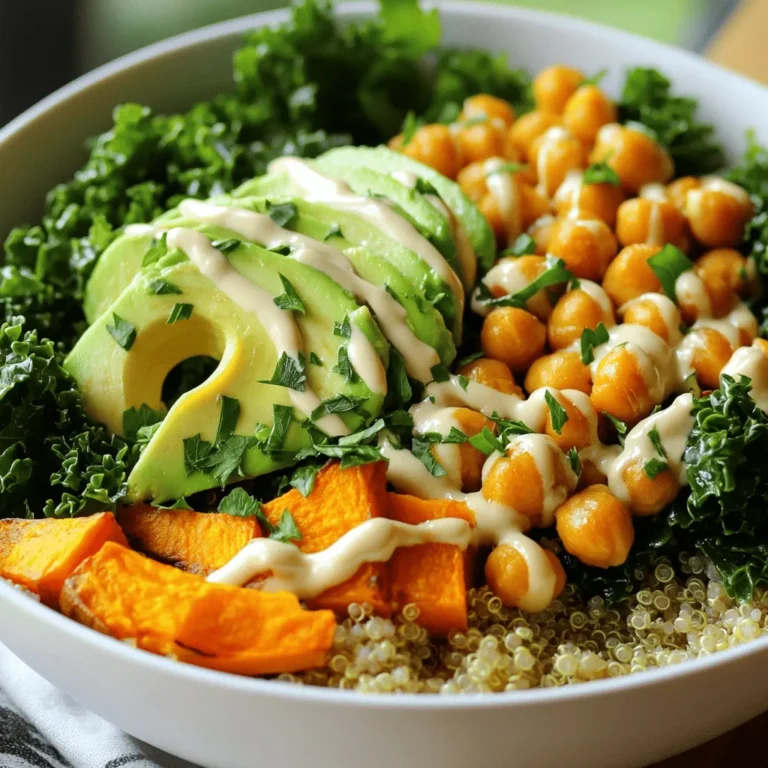 To make the Sweet Potato and Chickpea Buddha Bowl, you will need: - Sweet potatoes - Chickpeas - Olive oil - Spices and seasonings - Quinoa - Leafy greens - Avocado - Tahini dressing ingredients - Garnish options The base of this bowl is sweet potatoes and chickpeas. Both provide great flavor and nutrients. Sweet potatoes are sweet and creamy. They pair well with crunchy chickpeas. For seasoning, I love using olive oil, smoked paprika, and cumin. These spices add depth and warmth. Feel free to adjust the salt and pepper to your taste. Quinoa serves as a hearty base. It cooks quickly and is rich in protein. Leafy greens like kale add a nice crunch and color. Don’t forget the avocado. It adds creaminess and healthy fats. For the tahini dressing, you mix tahini, lemon juice, and maple syrup. This dressing ties the bowl together. Lastly, you can add fresh parsley or other herbs as a garnish. It makes the dish look pretty and fresh. For the complete recipe, check out the Full Recipe. - Start by peeling the sweet potatoes. Cut them into small cubes. - Rinse the chickpeas in cold water. Drain them well. - Cook the quinoa according to the package instructions. This usually takes about 15 minutes. - Preheat your oven to 400°F (200°C). - In a bowl, toss the sweet potatoes with 1 tablespoon of olive oil, smoked paprika, cumin, salt, and pepper. Mix until they are evenly coated. - Spread the sweet potatoes on a baking sheet in a single layer. Roast for 25-30 minutes. Flip them halfway for even cooking. They should be tender and slightly caramelized. - In a bowl, combine the drained chickpeas with the remaining tablespoon of olive oil, salt, and pepper. Toss well to coat. - Spread the chickpeas on another baking sheet. Roast them for 20 minutes until they become crispy. - In a small bowl, mix tahini, lemon juice, maple syrup, and water. Whisk until smooth. - Adjust the consistency with more water if needed. It should be drizzly, not too thick. - In a serving bowl, layer the cooked quinoa at the bottom. - Top it with roasted sweet potatoes, crispy chickpeas, chopped kale, and sliced avocado. - Drizzle the tahini dressing over the top. Garnish with fresh parsley. Follow these steps to create a vibrant and nourishing meal. For the complete list of ingredients and detailed instructions, check the Full Recipe. Enjoy your wholesome Buddha bowl! To roast sweet potatoes just right, start with the oven at 400°F (200°C). This heat helps them cook evenly. Cut them into small cubes, about one inch each. This size allows them to cook fast and get tender. Toss them with olive oil, smoked paprika, cumin, salt, and pepper. Spread them on a baking sheet in one layer. Roast them for 25-30 minutes. Flip them halfway through for even browning. To avoid sogginess, do not overcrowd the pan. Air needs to circulate around each piece. For crispy chickpeas, use drained and rinsed canned chickpeas. Pat them dry with a towel to remove excess moisture. Toss them in olive oil, salt, and pepper. Spread them on a separate baking sheet. Roast them for about 20 minutes until they are golden brown. If you want extra crunch, try increasing the oven temperature to 425°F (220°C) for the last few minutes. For flavor, consider adding garlic powder, chili powder, or even your favorite herbs. If you don't have tahini, you can use almond butter or sunflower seed butter. Both options will give a nice creamy texture. For added flavor, mix in minced garlic or a pinch of cayenne pepper. You can also add fresh herbs like dill or parsley to brighten the taste. Adjust the dressing's thickness by adding more water if needed. It should be smooth and drizzly. This dressing pairs well with the sweet potatoes and chickpeas in the Buddha bowl. For the full recipe, check out the details above. {{image_2}} You can change the protein in your Buddha bowl. Use other legumes, like black beans or lentils. Both add great flavor and nutrients. For a different texture, try tofu. Firm tofu absorbs spices well and adds protein. You can also add nuts or seeds for crunch. Consider almonds, walnuts, or pumpkin seeds. They boost protein and healthy fats. Just sprinkle them on top before serving. Feel free to swap kale with other greens. Spinach or arugula work nicely. They have different tastes and textures that complement the bowl. You can also add seasonal veggies. Think roasted Brussels sprouts or sautéed zucchini. These options keep your bowl fresh and exciting. You can introduce different spices to change the flavor. Try curry powder for a warm taste. Garlic powder adds depth, while chili powder gives heat. Each spice can change your dish completely. If you want a new dressing, consider yogurt or a vinaigrette. A lemon vinaigrette adds tanginess, while a yogurt dressing brings creaminess. Experiment to find your favorite combination. For the full recipe, check out [Full Recipe]. To keep your Buddha Bowl fresh, store it in the fridge. Use airtight containers. This helps maintain flavor and texture. You can keep leftovers for up to three days. If you store it properly, the sweet potatoes and chickpeas stay tasty. You can freeze the roasted sweet potatoes and chickpeas. First, let them cool completely. Place them in freezer bags or containers. Remove as much air as possible to prevent freezer burn. When you want to eat them, thaw overnight in the fridge. Reheat in the oven or on the stove for best results. Avoid freezing the quinoa and avocado. They do not thaw well. Quinoa may become mushy, and avocado may turn brown and mushy. Enjoy your fresh Buddha Bowl instead! For the full recipe, refer to the Sweet Potato and Chickpea Buddha Bowl. A Buddha bowl is a colorful dish. It includes a base of grains, veggies, and protein. Think of it as a hearty salad. You can mix and match your favorite ingredients. The key is to create balance. Use a variety of colors and textures. This makes your meal both tasty and fun to eat! Yes, this recipe is easily vegan. The main ingredients are already plant-based. You can swap any non-vegan items. For instance, use maple syrup instead of honey. You can also check for vegan tahini. This way, you keep all the flavors without any animal products. Making this dish gluten-free is simple. Use gluten-free grains like quinoa or brown rice. Check the labels of your tahini and other sauces. Some brands add gluten. Always confirm that your ingredients fit your diet. This way, you enjoy a safe, tasty meal! You can use many grains in a Buddha bowl. Try brown rice, farro, or millet. Each grain offers a different taste and texture. You can even use cooked lentils for a twist. Be creative! Mix grains to find your favorite combo. Yes! You can meal prep this dish ahead of time. Cook the grains and roast the veggies. Store them separately in airtight containers. This keeps them fresh. When you are ready to eat, just assemble your bowl. Drizzle with tahini dressing before serving. It’s a quick and healthy option for busy days! For the full recipe, check out the Sweet Potato and Chickpea Buddha Bowl details! This article covered the key ingredients and steps to create a delicious Buddha bowl. You learned how to prepare sweet potatoes, chickpeas, quinoa, and tahini dressing. I shared tips to perfect roasting and customizing your bowl. Remember, you can make this dish your own with different proteins and veggies. Storing and serving options help keep your meal fresh and fun. Enjoy experimenting with flavors and textures in your Buddha bowl creation!