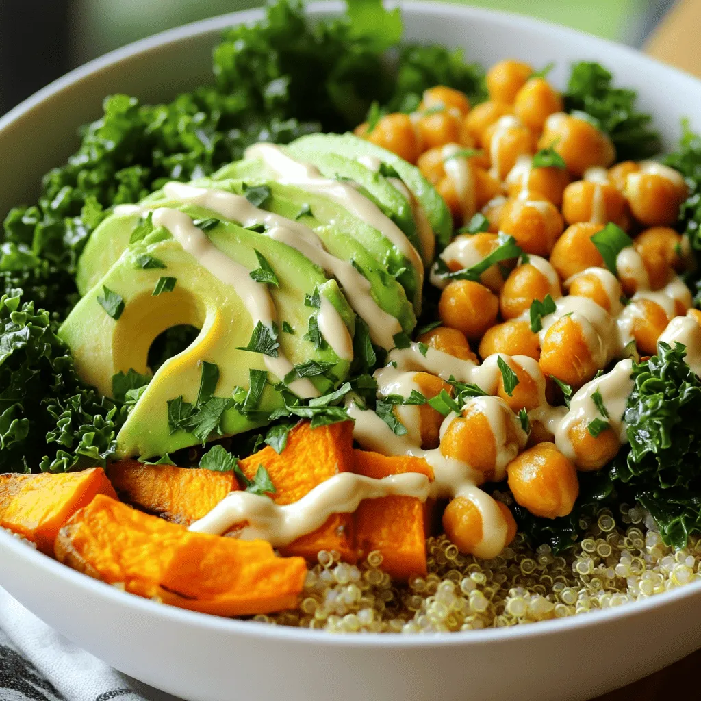 To make the Sweet Potato and Chickpea Buddha Bowl, you will need: - Sweet potatoes - Chickpeas - Olive oil - Spices and seasonings - Quinoa - Leafy greens - Avocado - Tahini dressing ingredients - Garnish options The base of this bowl is sweet potatoes and chickpeas. Both provide great flavor and nutrients. Sweet potatoes are sweet and creamy. They pair well with crunchy chickpeas. For seasoning, I love using olive oil, smoked paprika, and cumin. These spices add depth and warmth. Feel free to adjust the salt and pepper to your taste. Quinoa serves as a hearty base. It cooks quickly and is rich in protein. Leafy greens like kale add a nice crunch and color. Don’t forget the avocado. It adds creaminess and healthy fats. For the tahini dressing, you mix tahini, lemon juice, and maple syrup. This dressing ties the bowl together. Lastly, you can add fresh parsley or other herbs as a garnish. It makes the dish look pretty and fresh. For the complete recipe, check out the Full Recipe. - Start by peeling the sweet potatoes. Cut them into small cubes. - Rinse the chickpeas in cold water. Drain them well. - Cook the quinoa according to the package instructions. This usually takes about 15 minutes. - Preheat your oven to 400°F (200°C). - In a bowl, toss the sweet potatoes with 1 tablespoon of olive oil, smoked paprika, cumin, salt, and pepper. Mix until they are evenly coated. - Spread the sweet potatoes on a baking sheet in a single layer. Roast for 25-30 minutes. Flip them halfway for even cooking. They should be tender and slightly caramelized. - In a bowl, combine the drained chickpeas with the remaining tablespoon of olive oil, salt, and pepper. Toss well to coat. - Spread the chickpeas on another baking sheet. Roast them for 20 minutes until they become crispy. - In a small bowl, mix tahini, lemon juice, maple syrup, and water. Whisk until smooth. - Adjust the consistency with more water if needed. It should be drizzly, not too thick. - In a serving bowl, layer the cooked quinoa at the bottom. - Top it with roasted sweet potatoes, crispy chickpeas, chopped kale, and sliced avocado. - Drizzle the tahini dressing over the top. Garnish with fresh parsley. Follow these steps to create a vibrant and nourishing meal. For the complete list of ingredients and detailed instructions, check the Full Recipe. Enjoy your wholesome Buddha bowl! To roast sweet potatoes just right, start with the oven at 400°F (200°C). This heat helps them cook evenly. Cut them into small cubes, about one inch each. This size allows them to cook fast and get tender. Toss them with olive oil, smoked paprika, cumin, salt, and pepper. Spread them on a baking sheet in one layer. Roast them for 25-30 minutes. Flip them halfway through for even browning. To avoid sogginess, do not overcrowd the pan. Air needs to circulate around each piece. For crispy chickpeas, use drained and rinsed canned chickpeas. Pat them dry with a towel to remove excess moisture. Toss them in olive oil, salt, and pepper. Spread them on a separate baking sheet. Roast them for about 20 minutes until they are golden brown. If you want extra crunch, try increasing the oven temperature to 425°F (220°C) for the last few minutes. For flavor, consider adding garlic powder, chili powder, or even your favorite herbs. If you don't have tahini, you can use almond butter or sunflower seed butter. Both options will give a nice creamy texture. For added flavor, mix in minced garlic or a pinch of cayenne pepper. You can also add fresh herbs like dill or parsley to brighten the taste. Adjust the dressing's thickness by adding more water if needed. It should be smooth and drizzly. This dressing pairs well with the sweet potatoes and chickpeas in the Buddha bowl. For the full recipe, check out the details above. {{image_2}} You can change the protein in your Buddha bowl. Use other legumes, like black beans or lentils. Both add great flavor and nutrients. For a different texture, try tofu. Firm tofu absorbs spices well and adds protein. You can also add nuts or seeds for crunch. Consider almonds, walnuts, or pumpkin seeds. They boost protein and healthy fats. Just sprinkle them on top before serving. Feel free to swap kale with other greens. Spinach or arugula work nicely. They have different tastes and textures that complement the bowl. You can also add seasonal veggies. Think roasted Brussels sprouts or sautéed zucchini. These options keep your bowl fresh and exciting. You can introduce different spices to change the flavor. Try curry powder for a warm taste. Garlic powder adds depth, while chili powder gives heat. Each spice can change your dish completely. If you want a new dressing, consider yogurt or a vinaigrette. A lemon vinaigrette adds tanginess, while a yogurt dressing brings creaminess. Experiment to find your favorite combination. For the full recipe, check out [Full Recipe]. To keep your Buddha Bowl fresh, store it in the fridge. Use airtight containers. This helps maintain flavor and texture. You can keep leftovers for up to three days. If you store it properly, the sweet potatoes and chickpeas stay tasty. You can freeze the roasted sweet potatoes and chickpeas. First, let them cool completely. Place them in freezer bags or containers. Remove as much air as possible to prevent freezer burn. When you want to eat them, thaw overnight in the fridge. Reheat in the oven or on the stove for best results. Avoid freezing the quinoa and avocado. They do not thaw well. Quinoa may become mushy, and avocado may turn brown and mushy. Enjoy your fresh Buddha Bowl instead! For the full recipe, refer to the Sweet Potato and Chickpea Buddha Bowl. A Buddha bowl is a colorful dish. It includes a base of grains, veggies, and protein. Think of it as a hearty salad. You can mix and match your favorite ingredients. The key is to create balance. Use a variety of colors and textures. This makes your meal both tasty and fun to eat! Yes, this recipe is easily vegan. The main ingredients are already plant-based. You can swap any non-vegan items. For instance, use maple syrup instead of honey. You can also check for vegan tahini. This way, you keep all the flavors without any animal products. Making this dish gluten-free is simple. Use gluten-free grains like quinoa or brown rice. Check the labels of your tahini and other sauces. Some brands add gluten. Always confirm that your ingredients fit your diet. This way, you enjoy a safe, tasty meal! You can use many grains in a Buddha bowl. Try brown rice, farro, or millet. Each grain offers a different taste and texture. You can even use cooked lentils for a twist. Be creative! Mix grains to find your favorite combo. Yes! You can meal prep this dish ahead of time. Cook the grains and roast the veggies. Store them separately in airtight containers. This keeps them fresh. When you are ready to eat, just assemble your bowl. Drizzle with tahini dressing before serving. It’s a quick and healthy option for busy days! For the full recipe, check out the Sweet Potato and Chickpea Buddha Bowl details! This article covered the key ingredients and steps to create a delicious Buddha bowl. You learned how to prepare sweet potatoes, chickpeas, quinoa, and tahini dressing. I shared tips to perfect roasting and customizing your bowl. Remember, you can make this dish your own with different proteins and veggies. Storing and serving options help keep your meal fresh and fun. Enjoy experimenting with flavors and textures in your Buddha bowl creation!