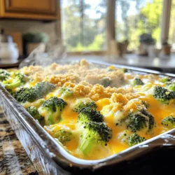 - Fresh broccoli florets - Cooked white or brown rice - Shredded sharp cheddar cheese - Cream of mushroom soup - Milk - Diced onion - Garlic powder - Black pepper - Salt - Crushed buttery crackers - Melted butter Choosing the right ingredients matters a lot. Fresh broccoli florets give the best taste. Look for bright green color and firm stems. They should feel crisp and not wilted. When it comes to the cream of mushroom soup, you can go homemade or store-bought. Homemade soup tastes richer, but store-bought is convenient. If you want to save time, grab a can. Just check the label for quality. If you need gluten-free options, crushed gluten-free crackers work well. For a lighter dish, use low-fat cheese or milk. Remember, the right ingredients make a big difference in flavor and texture. For the full recipe, check the previous section. It has all the detailed steps for making this tasty dish. 1. Preheat oven and blanch broccoli: First, set your oven to 350°F (175°C). Next, boil water in a large pot. Add 4 cups of fresh broccoli florets and blanch them for 3 minutes. Drain the broccoli and set it aside. 2. Mixing the casserole ingredients: In a mixing bowl, combine 1 cup of cream of mushroom soup with 1/2 cup of milk. Whisk until smooth. Add in 2 cups of cooked white or brown rice, 1 cup of shredded sharp cheddar cheese, 1/2 cup of diced onion, 1/2 teaspoon of garlic powder, 1/2 teaspoon of black pepper, and 1/4 teaspoon of salt. Stir everything until it is well mixed. 3. Incorporating the broccoli: Gently fold in the blanched broccoli florets into the cheese mixture. Make sure all the broccoli is coated well. 1. Transferring mixture to the baking dish: Grease a 9x13 inch baking dish. Pour the broccoli mixture into the dish, spreading it evenly. 2. Preparing the crumb topping: In a separate bowl, mix 1 cup of crushed buttery crackers with 2 tablespoons of melted butter. Stir until the crumbs are fully coated. 3. Baking time and temperature: Sprinkle the cracker topping over the broccoli mixture. Bake in the preheated oven for 25-30 minutes. It is ready when bubbly and golden brown. 1. How to serve and garnish: Let the casserole cool for a few minutes before serving. You can garnish with a sprinkle of fresh herbs if you like. 2. Ideal side dishes to pair with casserole: This cheesy broccoli casserole pairs well with a light salad or roasted chicken. Enjoy it as a comforting side dish or a main meal. For the full recipe, check out the detailed steps and tips to make this dish a success. To make your casserole perfect, follow these tips: - Ensuring even cooking: Cut your broccoli into uniform pieces. This helps them cook at the same rate. Blanching the broccoli before baking will also ensure it cooks evenly. - Achieving the best cheese melt: Use freshly shredded cheese. Packaged cheese often has anti-caking agents that can affect melting. Combine your cheese with the warm casserole mix for the best results. - Cooling tips before serving: Let the casserole sit for about five minutes after baking. This helps it set and makes serving easier. Sometimes, things don't go as planned. Here’s how to fix common problems: - Casserole too dry solutions: If your casserole is dry, add a splash of milk or broth before serving. This adds moisture and flavor. You can also cover it with foil while baking to keep moisture in. - Fixing overcooked vegetables: If your veggies are too soft, reduce the baking time next time. You want them tender but still with a little crunch. Want to make your casserole even tastier? Try these ideas: - Suggested herbs and spices to add: Fresh thyme or rosemary adds a nice touch. A pinch of red pepper flakes can also bring heat. - Alternative cheeses for different flavors: Swap cheddar for mozzarella or gouda for a unique taste. Each cheese can change the flavor profile of your casserole. For a full recipe, check out the Full Recipe section. {{image_2}} You can change the vegetables in your casserole. Broccoli works great, but cauliflower or carrots also taste good. These veggies add different textures and flavors. If you want a new base, try using quinoa or couscous. Both grains cook quickly and mix well with cheese. To make this dish vegan, use dairy-free cheese. Many brands offer tasty options that melt well. Instead of cream of mushroom soup, look for plant-based soups. These swaps keep the dish creamy and delicious without dairy. Add spices to give your casserole an international flair. For example, try adding cumin for a warm touch or chili powder for some heat. You can also include ingredients from different cultures. Think sun-dried tomatoes for a Mediterranean twist or black beans for a Latin flavor. These changes can make your casserole truly unique and exciting. For the full recipe, check out the detailed instructions above. To keep your cheesy broccoli casserole fresh, store it in an airtight container. Let it cool to room temperature before sealing it. This way, it won’t trap moisture. Place it in the fridge if you plan to eat it within a few days. For long-term storage, freezing is a great option. Just wrap the casserole tightly in plastic wrap and foil. This prevents freezer burn. Reheating is easy! For best results, use an oven. Preheat to 350°F (175°C). Place the casserole in a baking dish. Cover it with foil to keep it moist. Heat for about 20 minutes. If you need a quicker option, you can use the microwave. Heat in short bursts, stirring in between. This helps keep the texture nice. In the fridge, your casserole can last up to four days. If you freeze it, it can last for three months. Always check for signs of spoilage before eating. Look for changes in color or smell. If it seems off, throw it away. Enjoy your delicious dish! For the full recipe, check out Cheesy Broccoli Bliss Casserole. Can I prepare Cheesy Broccoli Casserole ahead of time? Yes, you can prepare this casserole ahead of time. Mix all the ingredients and store them in the fridge. Just bake it when you are ready to serve. This saves time and lets flavors blend well. What can I use instead of rice? If you want a change, you can use quinoa or couscous instead of rice. Both options work well and add a different taste. You can also try pasta for a fun twist. Is this recipe suitable for meal prep? Absolutely! This casserole is great for meal prep. You can make a big batch and portion it out for the week. It reheats well, making it a quick meal option. Caloric breakdown per serving One serving of Cheesy Broccoli Casserole has about 300 calories. This can vary based on the cheese and rice you use. It packs a good amount of flavor without too many calories. Nutritional benefits of broccoli and cheese Broccoli is full of vitamins C and K. It also has fiber, which is great for digestion. Cheese adds protein and calcium, helping your bones stay strong. Together, they make a tasty and healthy meal. Do I need to steam the broccoli first? You do not need to steam the broccoli. Blanching it in boiling water for three minutes is enough. This keeps the broccoli bright and tender but still crisp. Can I substitute different cooking methods (stovetop, slow cooker)? Yes, you can use a slow cooker for this dish. Just mix all the ingredients and cook on low for about 4 hours. If you prefer the stovetop, cook the mixture in a pot, then transfer to a baking dish to finish. For the full recipe, check out the Cheesy Broccoli Bliss Casserole above. In this post, we explored the ingredients and steps to make a Cheesy Broccoli Casserole. You learned about ingredient selection, baking techniques, and how to serve it right. I shared tips for troubleshooting common issues and enhancing the dish's flavor. No matter how you choose to make this casserole, it is a tasty meal that fits many diets. Your kitchen can be the place for delicious family meals. Enjoy experimenting with this recipe!