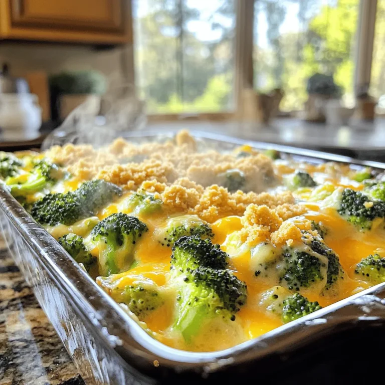 - Fresh broccoli florets - Cooked white or brown rice - Shredded sharp cheddar cheese - Cream of mushroom soup - Milk - Diced onion - Garlic powder - Black pepper - Salt - Crushed buttery crackers - Melted butter Choosing the right ingredients matters a lot. Fresh broccoli florets give the best taste. Look for bright green color and firm stems. They should feel crisp and not wilted. When it comes to the cream of mushroom soup, you can go homemade or store-bought. Homemade soup tastes richer, but store-bought is convenient. If you want to save time, grab a can. Just check the label for quality. If you need gluten-free options, crushed gluten-free crackers work well. For a lighter dish, use low-fat cheese or milk. Remember, the right ingredients make a big difference in flavor and texture. For the full recipe, check the previous section. It has all the detailed steps for making this tasty dish. 1. Preheat oven and blanch broccoli: First, set your oven to 350°F (175°C). Next, boil water in a large pot. Add 4 cups of fresh broccoli florets and blanch them for 3 minutes. Drain the broccoli and set it aside. 2. Mixing the casserole ingredients: In a mixing bowl, combine 1 cup of cream of mushroom soup with 1/2 cup of milk. Whisk until smooth. Add in 2 cups of cooked white or brown rice, 1 cup of shredded sharp cheddar cheese, 1/2 cup of diced onion, 1/2 teaspoon of garlic powder, 1/2 teaspoon of black pepper, and 1/4 teaspoon of salt. Stir everything until it is well mixed. 3. Incorporating the broccoli: Gently fold in the blanched broccoli florets into the cheese mixture. Make sure all the broccoli is coated well. 1. Transferring mixture to the baking dish: Grease a 9x13 inch baking dish. Pour the broccoli mixture into the dish, spreading it evenly. 2. Preparing the crumb topping: In a separate bowl, mix 1 cup of crushed buttery crackers with 2 tablespoons of melted butter. Stir until the crumbs are fully coated. 3. Baking time and temperature: Sprinkle the cracker topping over the broccoli mixture. Bake in the preheated oven for 25-30 minutes. It is ready when bubbly and golden brown. 1. How to serve and garnish: Let the casserole cool for a few minutes before serving. You can garnish with a sprinkle of fresh herbs if you like. 2. Ideal side dishes to pair with casserole: This cheesy broccoli casserole pairs well with a light salad or roasted chicken. Enjoy it as a comforting side dish or a main meal. For the full recipe, check out the detailed steps and tips to make this dish a success. To make your casserole perfect, follow these tips: - Ensuring even cooking: Cut your broccoli into uniform pieces. This helps them cook at the same rate. Blanching the broccoli before baking will also ensure it cooks evenly. - Achieving the best cheese melt: Use freshly shredded cheese. Packaged cheese often has anti-caking agents that can affect melting. Combine your cheese with the warm casserole mix for the best results. - Cooling tips before serving: Let the casserole sit for about five minutes after baking. This helps it set and makes serving easier. Sometimes, things don't go as planned. Here’s how to fix common problems: - Casserole too dry solutions: If your casserole is dry, add a splash of milk or broth before serving. This adds moisture and flavor. You can also cover it with foil while baking to keep moisture in. - Fixing overcooked vegetables: If your veggies are too soft, reduce the baking time next time. You want them tender but still with a little crunch. Want to make your casserole even tastier? Try these ideas: - Suggested herbs and spices to add: Fresh thyme or rosemary adds a nice touch. A pinch of red pepper flakes can also bring heat. - Alternative cheeses for different flavors: Swap cheddar for mozzarella or gouda for a unique taste. Each cheese can change the flavor profile of your casserole. For a full recipe, check out the Full Recipe section. {{image_2}} You can change the vegetables in your casserole. Broccoli works great, but cauliflower or carrots also taste good. These veggies add different textures and flavors. If you want a new base, try using quinoa or couscous. Both grains cook quickly and mix well with cheese. To make this dish vegan, use dairy-free cheese. Many brands offer tasty options that melt well. Instead of cream of mushroom soup, look for plant-based soups. These swaps keep the dish creamy and delicious without dairy. Add spices to give your casserole an international flair. For example, try adding cumin for a warm touch or chili powder for some heat. You can also include ingredients from different cultures. Think sun-dried tomatoes for a Mediterranean twist or black beans for a Latin flavor. These changes can make your casserole truly unique and exciting. For the full recipe, check out the detailed instructions above. To keep your cheesy broccoli casserole fresh, store it in an airtight container. Let it cool to room temperature before sealing it. This way, it won’t trap moisture. Place it in the fridge if you plan to eat it within a few days. For long-term storage, freezing is a great option. Just wrap the casserole tightly in plastic wrap and foil. This prevents freezer burn. Reheating is easy! For best results, use an oven. Preheat to 350°F (175°C). Place the casserole in a baking dish. Cover it with foil to keep it moist. Heat for about 20 minutes. If you need a quicker option, you can use the microwave. Heat in short bursts, stirring in between. This helps keep the texture nice. In the fridge, your casserole can last up to four days. If you freeze it, it can last for three months. Always check for signs of spoilage before eating. Look for changes in color or smell. If it seems off, throw it away. Enjoy your delicious dish! For the full recipe, check out Cheesy Broccoli Bliss Casserole. Can I prepare Cheesy Broccoli Casserole ahead of time? Yes, you can prepare this casserole ahead of time. Mix all the ingredients and store them in the fridge. Just bake it when you are ready to serve. This saves time and lets flavors blend well. What can I use instead of rice? If you want a change, you can use quinoa or couscous instead of rice. Both options work well and add a different taste. You can also try pasta for a fun twist. Is this recipe suitable for meal prep? Absolutely! This casserole is great for meal prep. You can make a big batch and portion it out for the week. It reheats well, making it a quick meal option. Caloric breakdown per serving One serving of Cheesy Broccoli Casserole has about 300 calories. This can vary based on the cheese and rice you use. It packs a good amount of flavor without too many calories. Nutritional benefits of broccoli and cheese Broccoli is full of vitamins C and K. It also has fiber, which is great for digestion. Cheese adds protein and calcium, helping your bones stay strong. Together, they make a tasty and healthy meal. Do I need to steam the broccoli first? You do not need to steam the broccoli. Blanching it in boiling water for three minutes is enough. This keeps the broccoli bright and tender but still crisp. Can I substitute different cooking methods (stovetop, slow cooker)? Yes, you can use a slow cooker for this dish. Just mix all the ingredients and cook on low for about 4 hours. If you prefer the stovetop, cook the mixture in a pot, then transfer to a baking dish to finish. For the full recipe, check out the Cheesy Broccoli Bliss Casserole above. In this post, we explored the ingredients and steps to make a Cheesy Broccoli Casserole. You learned about ingredient selection, baking techniques, and how to serve it right. I shared tips for troubleshooting common issues and enhancing the dish's flavor. No matter how you choose to make this casserole, it is a tasty meal that fits many diets. Your kitchen can be the place for delicious family meals. Enjoy experimenting with this recipe!