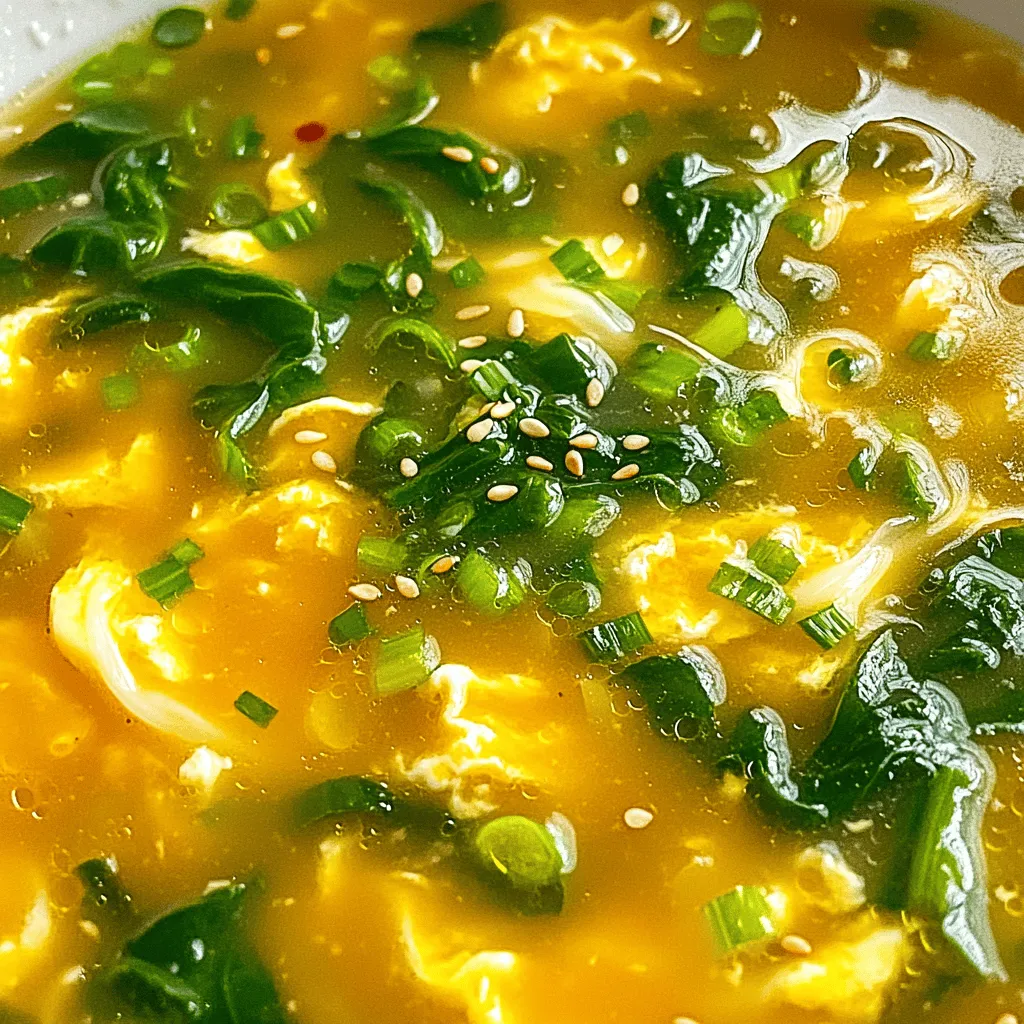 To make a great egg drop soup, you need some key items. Here’s what you will need: - 4 cups vegetable or chicken broth - 2 large eggs - 1 tablespoon cornstarch - 2 tablespoons water - 2 green onions, finely chopped - 1 cup fresh baby spinach - 1 teaspoon grated ginger - 1 clove garlic, minced - 1 teaspoon sesame oil - Salt and white pepper to taste - 1 teaspoon chili oil (optional, for garnish) These ingredients work together to create a rich and tasty broth. The eggs add creaminess and texture, while the ginger and garlic bring warmth and flavor. You can also add some optional ingredients to make your soup unique. Here are a few ideas: - Mushrooms for an earthy flavor - Carrots for sweetness and color - Tofu for extra protein - Bok choy for a crunchy texture - Peas for freshness These additions let you create a soup that matches your taste. If you don't have some ingredients, don't worry! You can easily swap them out. Here are some common substitutions: - Use low-sodium broth if you want a lighter soup. - Swap fresh spinach for kale or swiss chard. - Replace sesame oil with olive oil for a different taste. - Use egg whites only for a lighter option. These substitutions can help you make a delicious soup with what you have on hand. For the full recipe, check out the delicious steps to create your egg drop soup! Start by choosing your broth. You can use vegetable or chicken broth. In a pot, heat the broth over medium heat until it starts to simmer. This will take about 5 minutes. Next, add the grated ginger and minced garlic. These will add great flavor to your soup. Stir well to mix everything together. Once the broth simmers, it's time for the next step. In a small bowl, crack two large eggs and beat them lightly with a fork. This part is fun! As the broth simmers, take your beaten eggs and slowly drizzle them into the pot. Use a fork or a whisk to stir gently. This will create lovely ribbons of egg. Watch as they swirl in the broth. It looks beautiful, and it tastes even better! Now, add in the chopped green onions and fresh spinach. Stir everything together gently. Let the spinach cook for about 1-2 minutes until it wilts. Then, drizzle one teaspoon of sesame oil into the pot. This will give your soup a rich flavor. Finally, season with salt and white pepper to your taste. If you like a bit of heat, add a dash of chili oil on top. That’s it! You just made a warm and delicious egg drop soup. For the complete recipe, check out the [Full Recipe]. To get a smooth texture, keep the broth simmering. Stir it gently as you add the eggs. This helps form those lovely ribbons. If the soup gets too thick, add more broth. A little cornstarch goes a long way, so use just enough. Aim for a creamy, not gloopy, feel. Add fresh ginger and garlic to boost taste. They give your soup depth and warmth. A drizzle of sesame oil adds richness. For a little heat, try chili oil on top. Green onions bring a fresh crunch too. Don't forget to season with salt and white pepper for balance. Don't rush the egg addition. If you pour them in too fast, you'll have clumps. Make sure to stir the broth constantly. Avoid overcooking the spinach; it should be bright and tender. Lastly, taste as you go. Adjust seasoning before serving. For complete guidance, refer to the Full Recipe. {{image_2}} Egg drop soup is simple, but you can add fun twists. One way is to add proteins like shredded chicken or tofu. This makes your soup heartier. You can also add different veggies. Try carrots, mushrooms, or even corn. Each veggie brings new flavors. For a spicy kick, add some sriracha or chili oil. This gives your soup a bold taste. You can even switch up the broth. Use miso or a spicy broth for a new flavor. Each twist makes your soup unique and exciting. If you want a vegetarian or vegan version, it’s easy! Use vegetable broth as the base. Replace eggs with silken tofu for a creamy texture. Just blend it smooth and stir it in the soup. You can also use nutritional yeast. It adds a cheesy flavor without dairy. For added protein, consider chickpeas or lentils. They make the soup filling while keeping it plant-based. Don't forget the veggies! Spinach, kale, or bell peppers add more nutrients and color. Many regions have their own takes on egg drop soup. In China, you might find a version with black vinegar. This gives it a unique tang. In some regions, they add sesame paste for a rich flavor. In the Philippines, they mix in calamansi juice, which adds a citrusy twist. Each region reflects the local tastes and ingredients. By trying these versions, you’ll explore global flavors right in your kitchen. You can find the full recipe to start creating your own bowl of delicious egg drop soup today! To keep your egg drop soup fresh, store it in an airtight container. Let it cool to room temperature first. This helps prevent bacteria growth. Place the container in the fridge. It’s best if you eat it within three days. If you want to save it longer, consider freezing it. When you’re ready to enjoy your leftover soup, grab a pot. Pour the soup into the pot and heat it over medium heat. Stir it often to keep it from sticking. Heat until it’s warm, but do not boil. Boiling can ruin the texture of the eggs. You can freeze egg drop soup for later use. Use a freezer-safe container or bag for storage. Make sure to leave some space at the top. Liquid expands when frozen. When you want to eat it, move it to the fridge to thaw overnight. Reheat it gently in a pot, just like before. Enjoy your soup at its best! Egg drop soup can last about 3 to 4 days in the fridge. Store it in an airtight container to keep it fresh. If you notice any changes in smell or color, it is best to toss it. Yes, you can make egg drop soup ahead of time. Just prepare the soup and let it cool down. Then, store it in the fridge. When you're ready to enjoy it, reheat it gently on the stove. Stirring helps keep the texture smooth. Egg drop soup can be gluten-free. Use gluten-free broth and cornstarch. Check labels to ensure all ingredients are safe. This way, you can enjoy your soup without worry. You can boost protein by adding cooked chicken, shrimp, or tofu. These ingredients mix well and add flavor. For a vegetarian option, try cooked lentils or chickpeas. They enhance the soup while keeping it hearty. For more details on making this delicious dish, check out the Full Recipe. You can make a tasty egg drop soup with the right ingredients and steps. We covered essential ingredients, optional add-ins, and helpful tips for a great dish. Remember the secrets for flavor and texture to avoid mistakes. You can try unique twists, including vegetarian options. Storing and reheating is easy with proper methods. After your delicious soup, you can refer to the FAQs for helpful info. Enjoy making and sharing your egg drop soup!