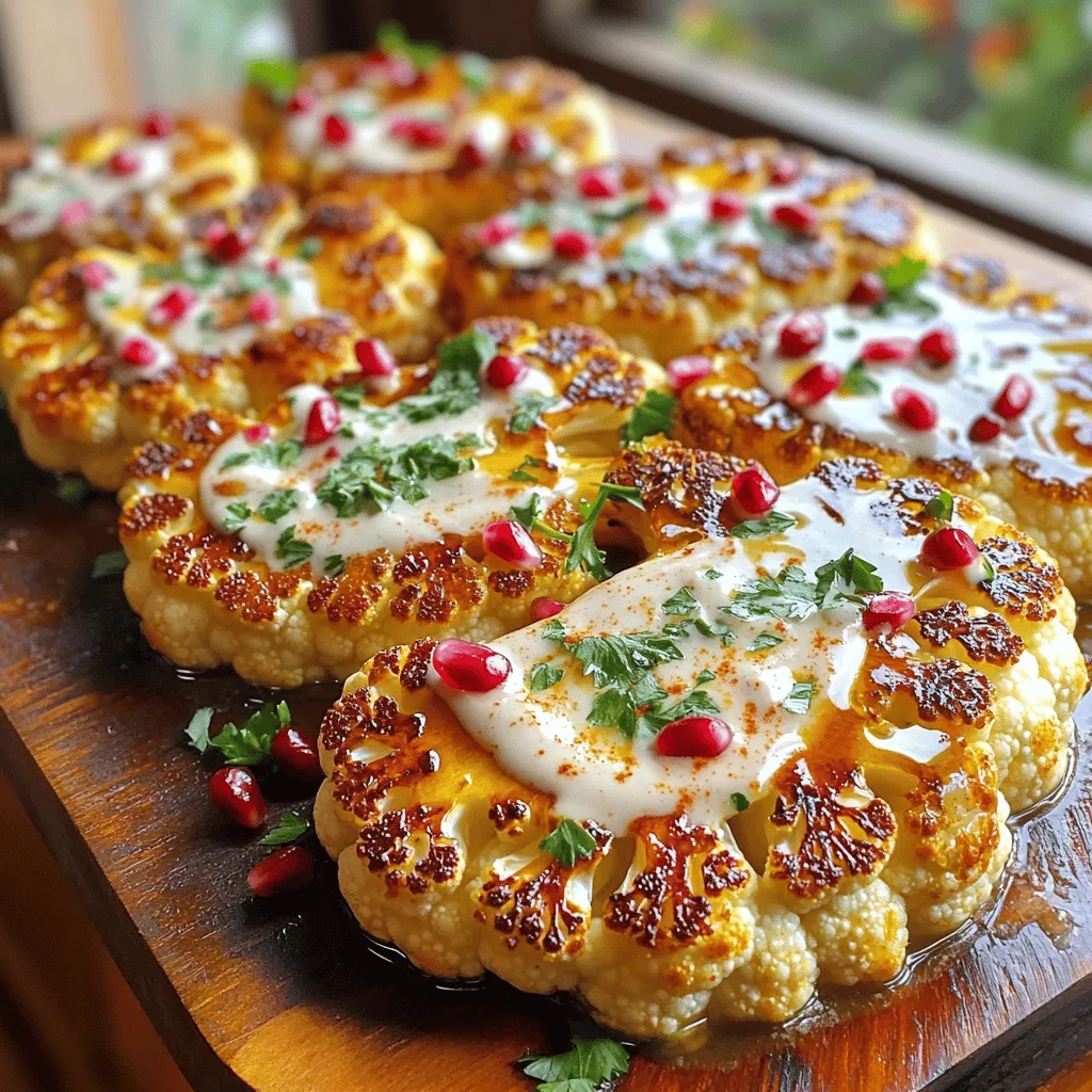 - 1 large head of cauliflower - 3 tablespoons olive oil - 1 teaspoon garlic powder - 1 teaspoon smoked paprika - 1/2 teaspoon ground cumin - 1/2 teaspoon salt - 1/4 teaspoon black pepper - Fresh parsley, chopped (for garnish) - 1/2 cup tahini - 2 tablespoons lemon juice - 2 tablespoons water (to thin the tahini) - Pomegranate seeds (optional, for garnish) - Calories: 200 - Fat: 15g - Carbs: 10g - Protein: 5g Roasted cauliflower steaks are not just easy to make; they are tasty! Cauliflower is a great veggie that absorbs flavors well. When roasted, it turns golden and tender. For the main ingredients, you need a large head of cauliflower. Olive oil helps in roasting and adds richness. Garlic powder and smoked paprika give it a nice kick. Ground cumin, salt, and black pepper boost the flavor even more. For the sauce, tahini is a must. It gives a creamy texture. Lemon juice adds brightness, while water helps to thin it out. Pomegranate seeds are optional but add a fun crunch and color. This dish is healthy and can fit well in many diets. With simple ingredients, you can create a gourmet meal at home. You can check the Full Recipe for more details to make this flavorful dish! - Preheat the oven to 425°F (220°C). - Remove the outer leaves and trim the stem. To start, you need to prepare the cauliflower. Preheating the oven is key to getting that perfect roast. Then, take off the outer leaves. Make sure to trim the stem so the cauliflower can sit flat. This way, it cooks evenly. - Slice cauliflower into 1-inch thick steaks. - Yield: approximately 2-3 steaks. Now, it’s time to cut the cauliflower. Use a sharp knife to slice it into 1-inch thick steaks. You should get about 2-3 good-sized steaks. Save any leftover florets for another dish or snack. - Whisk together olive oil and spices. - Brush the mixture onto both sides of the steaks. Next, let’s add some flavor. In a small bowl, combine olive oil, garlic powder, smoked paprika, cumin, salt, and black pepper. Whisk this mixture well. Then, brush it on both sides of the cauliflower steaks. This will make them taste great as they roast. - Place on a baking sheet and roast for 20-25 minutes. - Flip halfway for even cooking. Lay the steaks on a baking sheet lined with parchment paper. Roast them for about 20-25 minutes. Flip the steaks halfway through cooking. This helps them brown evenly and ensures they are tender. - Mix tahini, lemon juice, and water for the sauce. - Adjust consistency as needed. While the cauliflower roasts, let’s make the tahini sauce. In a bowl, mix tahini, lemon juice, and water. Stir until it’s smooth. If it’s too thick, add more water. This sauce will add a lovely creamy touch to the dish. - Drizzle sauce over roasted cauliflower. - Garnish with parsley and pomegranate seeds. Once the cauliflower is done, take it out of the oven. Drizzle the tahini sauce over the hot steaks. For a pop of color, sprinkle chopped parsley and pomegranate seeds on top. This makes the dish not only tasty but also beautiful. For the full recipe, check the main article above. To get tender cauliflower steaks without mushiness, start with fresh cauliflower. A large head is best. Slice the cauliflower into 1-inch thick steaks. This thickness helps them cook evenly. Roast them for 20-25 minutes at 425°F (220°C). Flip them halfway for an even roast. If they are thicker, you may need a few extra minutes. Keep an eye on them to avoid overcooking. Spices and herbs can boost the flavor of your cauliflower. Try garlic powder, smoked paprika, and ground cumin. You can also add a pinch of chili flakes if you like a kick. For marinades, olive oil mixed with lemon juice gives a fresh taste. Let the steaks marinate for at least 30 minutes if you have time. This step makes a big difference in flavor. Plating is just as important as cooking. Serve your cauliflower steaks on a large platter. Drizzle extra tahini sauce over the top for a rich look. Garnish with fresh parsley for a pop of green. Pomegranate seeds add a fun burst of color and sweetness. This makes the dish not just tasty but also beautiful. {{image_2}} You can easily change the flavor of roasted cauliflower steaks. Adding spices like curry powder or chili flakes gives a nice kick. For a milder option, try a blend of herbs like oregano or thyme. You can also change the dressing. Instead of tahini, use a yogurt-based sauce. This adds creaminess and tang. Roasted cauliflower steaks are great for many diets. They are vegan and gluten-free. If you need a nut-free option, swap tahini for sunflower seed butter. It gives a similar texture without the nuts. Always check labels to ensure all ingredients fit your dietary needs. These cauliflower steaks pair well with many sides. Serve them with a fresh salad or grain bowl. Quinoa or farro adds heartiness and nutrition. You can also add roasted veggies for more flavor. Try serving them with a light vinaigrette to brighten the meal. Explore the [Full Recipe] for details on making these delicious steaks! To store leftover cauliflower steaks, let them cool down first. Place them in an airtight container. They will stay fresh for up to three days in the fridge. Keep the tahini sauce in a separate jar. It can last about a week in the fridge. If the sauce thickens, just add a little water and stir. For reheating, the best method is using the oven. Preheat it to 350°F (175°C). Place the steaks on a baking sheet and heat for about 10 to 15 minutes. This way, they keep their nice texture. You can also use a skillet on medium heat. Just add a drizzle of oil and warm them for a few minutes. This method adds a bit of crispness, enhancing the taste. Yes, you can freeze roasted cauliflower steaks! Make sure they cool completely before freezing. Wrap each steak tightly in plastic wrap, then place them in a freezer bag. When you're ready to eat, take them out and let them thaw in the fridge overnight. To reheat, use the oven as mentioned before. This keeps the flavor and texture intact, making your meal just as tasty as when fresh. Check out the Full Recipe for all the details on making these delicious roasted cauliflower steaks. Roasted cauliflower steaks last about 3 to 5 days in the fridge. Store them in an airtight container. This keeps them fresh. Yes, you can prepare cauliflower steaks in advance. Cut the steaks a day ahead. Store them in water to keep them moist. You can also mix the seasoning and tahini sauce ahead of time. This saves you time on cooking day. Serve roasted cauliflower steaks on a large platter. Drizzle them with tahini sauce. Pair them with fresh herbs or pomegranate seeds for color. You can also serve them with a side salad or grains like quinoa. Cauliflower steaks are very nutritious. They are low in calories and high in fiber. One serving has about 100 calories and many vitamins. They support digestion and help keep you full. Yes, you can use other vegetables. Try thick slices of eggplant, zucchini, or portobello mushrooms. These can also be roasted like cauliflower steaks. Each brings a unique flavor to your dish. Roasted cauliflower steaks are a tasty and healthy option. We learned how to prepare them with a simple mix of olive oil, spices, and tahini sauce. You now have tips for flavor, texture, and presentation. Don't forget the variations and storage tips to make this dish your own. Enjoy serving these steaks with your favorite sides. They are sure to impress anyone at your table. Get cooking, and have fun experimenting with flavors!