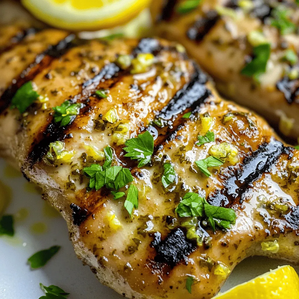 For this dish, you will need: - 4 boneless, skinless chicken breasts - 1/4 cup olive oil - Juice and zest of 2 lemons - 4 cloves garlic, minced - 2 teaspoons dried oregano - 2 teaspoons dried thyme - 1 teaspoon salt - 1/2 teaspoon black pepper - Fresh parsley, chopped (for garnish) These main ingredients create a fresh and zesty flavor. The chicken breasts are lean and soak up all the tasty marinade. The herbs and spices are key to making this dish shine. Dried oregano and thyme add a warm, earthy taste. They blend perfectly with the bright lemon. Garlic gives a strong punch of flavor. Salt and black pepper enhance all the other tastes. The marinade is where the magic happens. You combine olive oil, lemon juice, lemon zest, and garlic. This mix coats the chicken and helps it stay juicy. Letting the chicken sit in this marinade allows the flavors to meld. I suggest marinating for at least 30 minutes, but longer is better for more flavor. For the full recipe, check out the details above. Start by gathering your ingredients. In a large bowl, mix the olive oil, lemon juice, and lemon zest. Add the minced garlic, oregano, thyme, salt, and black pepper. Whisk until everything blends well. This marinade brings a bright flavor to the chicken. Next, take the boneless, skinless chicken breasts. Place them in the bowl with the marinade. Make sure each piece is well coated. Cover the bowl and put it in the fridge. Let the chicken marinate for at least 30 minutes. For more flavor, two hours is best. Now, it’s time to grill. Preheat your grill to medium-high heat. Remove the chicken from the marinade and let excess drip off. Discard the leftover marinade. Place the chicken on the grill. Cook for 6-7 minutes per side. Check that the inside reaches 165°F. This ensures it is safe to eat. Once done, let the chicken rest for about 5 minutes. Garnish with fresh parsley for a pop of color. Serve with a lemon wedge on the side for extra zest. For the full recipe, check the details above. Marinating chicken adds great flavor and keeps it tender. For the best results, use a mix of acid and fat. In this recipe, we use lemon juice and olive oil. They work well together. You should marinate the chicken for at least 30 minutes. For even better flavor, try to marinate it for 2 hours or more. This gives the chicken time to soak up all those tasty flavors. Always cover the bowl and place it in the fridge. This keeps the chicken safe and fresh. Grilling chicken can be tricky, but it’s easy with a few tips. First, make sure your grill is hot before you start. Preheat it to medium-high heat for a nice sear. This helps lock in the juices. When you put the chicken on the grill, avoid moving it too much. Let it cook for 6-7 minutes on each side. Use a meat thermometer to check the temperature. The chicken needs to reach 165°F (75°C) to be safe. After grilling, let the chicken rest for 5 minutes. This step keeps it juicy and tender. Many people make simple mistakes when grilling chicken. One common mistake is not using enough marinade. Make sure the chicken is well coated. Another mistake is cooking it at too high a temperature. This can burn the outside while leaving the inside raw. Check the temperature often to prevent this. Lastly, do not skip the resting time. This step is key to keeping your chicken juicy. Follow these tips, and you will create a delicious meal. For the full recipe, check the link provided. {{image_2}} You can switch up the herbs for different tastes. Try using basil instead of oregano. You can also use fresh herbs like dill or cilantro. These will give the chicken a fresh twist. If you love spice, add some red pepper flakes for heat. Mixing herbs is fun and can change the whole dish. Grilled veggies make a great side for this chicken. Bell peppers, zucchini, and asparagus work well. Toss them in olive oil and some salt before grilling. The flavors blend nicely with the lemon herb chicken. You can even add sliced onions or mushrooms for more depth. These veggies will not only add color but also nutrition to your meal. When serving, slice the chicken and place it on a platter. A sprinkle of fresh parsley on top adds a nice touch. You can serve it with rice, quinoa, or a fresh salad. A citrus salad with oranges and greens pairs well. You can also add some crusty bread to soak up the juices. For a refreshing drink, serve lemonade or iced tea. This meal is perfect for gatherings or a simple family dinner. For the full recipe, check out the earlier section. To store leftover Lemon Herb Grilled Chicken, let it cool completely first. Place the chicken in an airtight container. This helps keep it fresh. You can keep it in the fridge for up to three days. If you want to eat it later, freezing is a great option. When you are ready to eat the chicken, reheating is simple. You can use the microwave or oven. If you use the microwave, place the chicken on a microwave-safe plate. Cover it with a damp paper towel to keep it moist. Heat in short bursts, checking often. If you prefer the oven, preheat it to 350°F (175°C). Place the chicken on a baking tray and heat for about 10-15 minutes. Make sure it is hot all the way through. If you want to freeze the chicken, wrap each piece tightly in plastic wrap. Then, place them in a freezer bag. Squeeze out as much air as you can. This keeps the chicken fresh for up to three months. To thaw, move the chicken to the fridge for a night. You can also use the microwave's defrost setting if you need it faster. Enjoy your flavorful meal anytime by following these tips! For the full recipe, check out the earlier section on Lemon Herb Grilled Chicken. Lemon herb grilled chicken pairs well with many sides. You can serve it with: - Mixed greens salad - Roasted vegetables - Rice or quinoa - Garlic bread - Mashed potatoes These sides complement the bright lemon flavor. They also add color and texture to your plate. Yes, chicken thighs work great in this recipe. They have more fat, which adds flavor and moisture. Just adjust the cooking time. Thighs may need a few extra minutes. Always check for a safe internal temperature of 165°F (75°C). For best flavor, marinate chicken for at least 30 minutes. If you have more time, two hours is better. Overnight marinating is ideal for deep flavor. Always keep marinated chicken in the fridge for safety. For the full recipe, check out the [Full Recipe]. Lemon herb grilled chicken is easy to make and delicious. We covered the key ingredients, how to prepare them, and grilling tips for juicy results. Remember to use fresh herbs for the best taste. Pay attention to marinating time for great flavor and tenderness. With a few variations, you can keep this dish exciting. Store leftovers properly to enjoy them later. Follow these steps for tasty meals every time. Enjoy your cooking adventure!