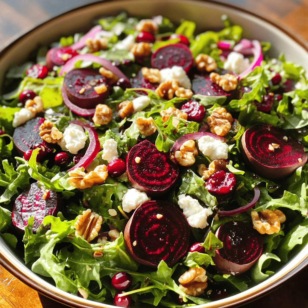 - 3 medium-sized beets - 4 cups mixed greens (arugula, spinach, baby kale) - 1/2 cup goat cheese - 1/4 cup walnuts To make a great roasted beet salad, you need some key items. Start with three medium-sized beets. They give the salad its beautiful color and earthy taste. Next, grab four cups of mixed greens. I love using arugula, spinach, and baby kale for a tasty mix. For creaminess, add half a cup of crumbled goat cheese. Finally, add a quarter cup of walnuts for crunch. - 2 tablespoons olive oil - 1 tablespoon balsamic vinegar - Salt and pepper to taste The dressing is simple yet rich in flavor. You need two tablespoons of olive oil for smoothness. Add one tablespoon of balsamic vinegar for that tangy kick. Don't forget to season with salt and pepper. This mix ties all the flavors together nicely. - Fresh herbs (parsley or dill) - Optional toppings (dried cranberries, red onion) Garnishing makes the salad pop. Use fresh herbs like parsley or dill for a bright touch. You can also add dried cranberries for sweetness or thinly sliced red onion for a sharp bite. These extras make your salad look and taste even better. For the complete guide, check the Full Recipe. - Preheat the oven to 400°F (200°C). - Wrap each beet in aluminum foil. Place them on a baking sheet. Roast them for 45-60 minutes. They should be fork-tender when done. After baking, let them cool. Peel and slice the beets into wedges. - In a large bowl, combine 4 cups of mixed greens with 1/4 cup of thinly sliced red onion. - In a small bowl, mix 2 tablespoons of olive oil and 1 tablespoon of balsamic vinegar. Add salt and pepper for taste. Whisk until well combined. - Drizzle the dressing over the greens. Toss gently to coat everything. - Now, add the roasted beet wedges, 1/2 cup of crumbled goat cheese, 1/4 cup of toasted walnuts, and 1/4 cup of dried cranberries. Toss lightly to mix. - Garnish with fresh herbs like parsley or dill before serving. For the full recipe, check out the [Full Recipe]. To roast beets perfectly, start by preheating the oven to 400°F (200°C). Wrap each beet in aluminum foil. This traps steam and helps them cook evenly. Roast the beets for 45 to 60 minutes. They should be fork-tender when done. To test for doneness, insert a fork or knife into the beet. If it goes in easily, your beets are ready. Let them cool before peeling them. The skin should come off easily. You can boost the flavor of your roasted beet salad. Try adding fresh herbs like thyme or basil for an extra kick. For a bit of spice, sprinkle in some chili flakes. If you want to mix up the cheese, feta or blue cheese works well, too. Each cheese adds a different taste and texture to the salad. For a beautiful presentation, use a large, shallow bowl. This allows the vibrant colors of the beets and greens to shine. Drizzle a bit of extra balsamic vinegar on top for a lovely finish. When serving, plan for about one to two cups of salad per person. This ensures everyone gets a satisfying portion. To keep things fresh, serve it right after tossing the salad. Enjoy the bright flavors! {{image_2}} You can change the salad with seasonal fruits. In fall, try adding crisp apples. In winter, sweet pears add a nice touch. These fruits bring fresh flavors and textures. You can also incorporate grains like quinoa or farro. They boost the dish's nutrients and make it more filling. Just cook the grains according to package directions. Mix in with the greens before adding the beets. If you need a vegan option, replace goat cheese with avocado or cashew cream. Both choices give a creamy texture without dairy. For those with nut allergies, skip the walnuts. Instead, use seeds like sunflower or pumpkin. They provide crunch without the risk. Don't be afraid to play with dressings. A honey mustard vinaigrette can add sweet and tangy notes. You might also enjoy a lemon tahini dressing for a creamy twist. Just whisk your choice with olive oil and season to taste. These variations keep the salad exciting and fresh. For a creamier option, consider a yogurt dressing. It's light yet rich, perfect for drizzling over the beets. To keep your roasted beet salad fresh, store it in the fridge. Place the salad in a tight container. This helps lock in the flavors. If you have leftover dressing, keep it separate. It prevents the greens from wilting. Roasted beets can last longer if stored right. Wrap them in plastic wrap or foil. Place them in the fridge for up to a week. For longer storage, you can freeze them. Cut the beets into wedges before freezing. This way, you can use them later in various dishes. Look for signs of spoilage. If the salad smells sour or looks slimy, toss it out. Roasted beets can last about three to five days in the fridge. Mixed greens? They usually stay fresh for about three days. Always check for freshness before using any ingredients. Yes, you can use canned beets. Canned beets are ready to eat, which saves time. They are soft and already cooked. However, they may lack the deep flavor and sweetness of fresh beets. Fresh beets offer a firmer texture and a richer taste when roasted. If you use canned beets, rinse them well to remove excess salt. You can add them directly to your salad without roasting. To check if your beets are cooked, insert a fork into them. If it goes in easily, they are done. Roasting time usually ranges from 45 to 60 minutes. Beets should feel tender but not mushy. If you want to ensure they are perfect, start checking at 45 minutes. The larger the beet, the longer it takes to cook. Roasted beet salad pairs well with many side dishes. Here are some great options: - Grilled chicken or fish for protein. - Quinoa or farro for a hearty grain. - A light soup like tomato or butternut squash. - Roasted vegetables like carrots or Brussels sprouts. These sides enhance the flavors of your salad and create a balanced meal. This blog post covers a tasty roasted beet salad. We explored ingredients like beets, greens, and goat cheese. You learned to prep beets, assemble the salad, and add tasty touches. I shared helpful tips for roasting and flavor boosts. Don't forget about variations for seasons or diets. In the end, this salad is simple, healthy, and customizable. Enjoy making it your way!