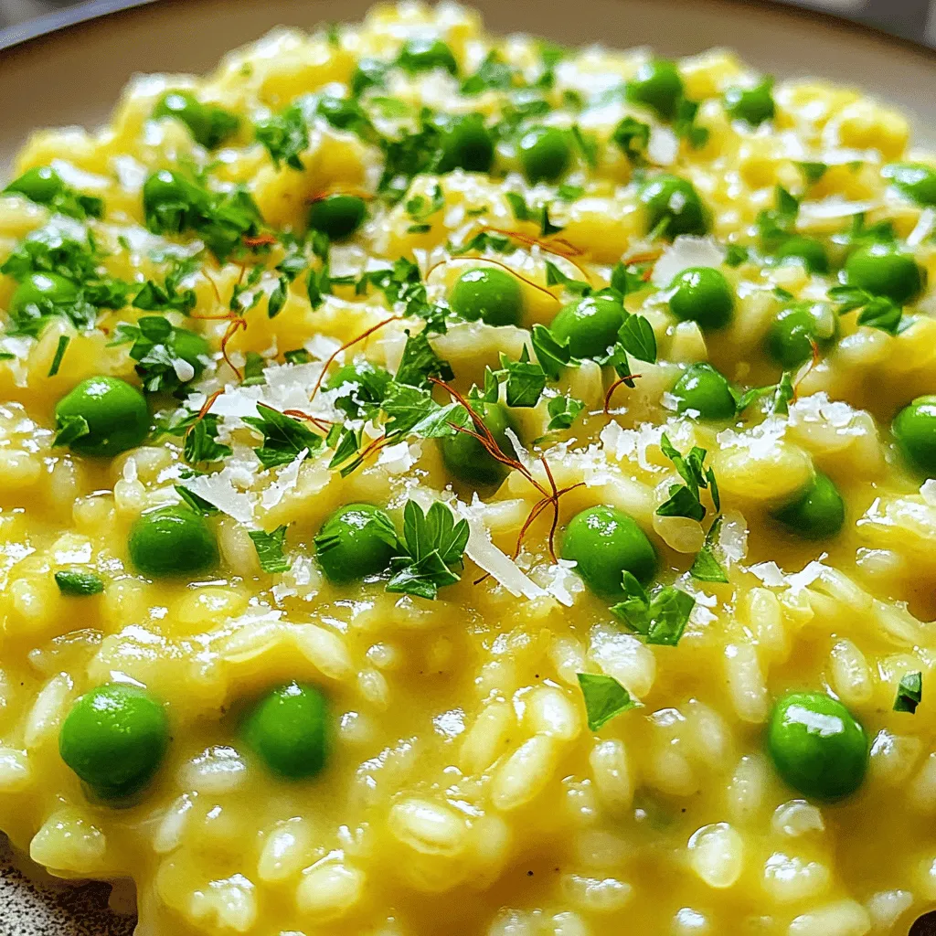- 1 cup Arborio rice - 4 cups vegetable broth - 1 small onion, finely chopped - 2 tablespoons olive oil - 1 tablespoon unsalted butter - 1/2 cup frozen peas, thawed - 1/4 teaspoon saffron threads - 1/2 cup grated Parmesan cheese (optional) - Salt and pepper to taste - Fresh parsley, chopped (for garnish) You can change the rice if you don't have Arborio. Use Carnaroli or sushi rice as options. If you want to switch the broth, chicken or beef broth works well too. For a dairy-free version, use a non-dairy cheese like nutritional yeast. Quality matters in cooking. Fresh ingredients often taste better. However, frozen peas are great too. They stay sweet and are easy to use. They are picked when ripe and frozen right away, keeping their flavor. - Preparing the broth: Start by heating 4 cups of vegetable broth in a small saucepan. Bring it to a gentle simmer. Keep it warm over low heat while you cook the risotto. This helps the rice cook evenly. - Chopping onions how-to: Take one small onion and peel it. Cut it in half. Place one half flat on your cutting board. Slice it into thin pieces. Then, chop across the slices to create small bits. Aim for a fine chop to help them cook well. - Thawing peas correctly: If you use frozen peas, take half a cup out. Place them in a bowl of warm water for a few minutes. This helps them thaw quickly. Drain them before adding to the risotto. - Sautéing onions and toasting rice: Heat 2 tablespoons of olive oil and 1 tablespoon of unsalted butter in a large pan over medium heat. Add the chopped onion and sauté for about 5 minutes. Stir until the onion is soft and translucent. Next, add 1 cup of Arborio rice. Stir for 2-3 minutes until the rice is well coated and lightly toasted. - Incorporating saffron: Take 1/4 teaspoon of saffron threads and place them in a ladle of warm broth. Let the saffron steep for a few minutes. This releases its rich color and flavor. - Adding broth correctly: tips for risotto: Add one ladle of warm broth to the rice. Stir continuously until the liquid is mostly absorbed. Repeat this step, adding one ladle at a time. Keep stirring and allow each addition to absorb before adding more. This should take about 18-20 minutes until the rice is creamy and al dente. - Stirring in peas and cheese: During the last 5 minutes of cooking, stir in the thawed peas and the saffron-infused broth. This adds a vibrant color and sweetness to the risotto. If you like, add 1/2 cup of grated Parmesan cheese at this stage. Stir until melted. - Allowing flavors to meld: Once you finish cooking, remove the risotto from heat. Let it sit for a couple of minutes. This allows the flavors to meld together nicely. - Tips for perfect texture: The risotto should be creamy but not soupy. If it seems too thick, add a bit more warm broth. Taste and season with salt and pepper as needed. The right texture is key for a great saffron risotto with peas. For the full recipe, check out the detailed instructions above. - Stir continuously: Stirring keeps the rice from sticking and helps it cook evenly. It also releases starch, making the risotto creamy. - Timing for adding broth: Add broth one ladle at a time. Wait until each ladle is almost fully absorbed before adding the next. This method gives you the perfect texture. - Suggestions for herbs and spices: Fresh basil or thyme can elevate the dish. A pinch of black pepper adds depth. - Additional toppings: Finish with a sprinkle of Parmesan cheese or a drizzle of olive oil. Fresh parsley adds color and freshness. - Overcooking the rice: Keep an eye on the rice. It should be creamy but still al dente. - Skipping the infusion step: Infusing saffron in warm broth is key. This step brings out the full flavor of the saffron, making your dish special. For a detailed guide, check the Full Recipe. {{image_2}} You can make saffron risotto even better by adding proteins. Chicken or shrimp works great. Just cook the protein first, then add it back in at the end. This makes the dish hearty. You can also mix in different veggies. Asparagus and spinach are tasty choices. They add color and nutrients. Just add them when you stir in the peas. If you want a twist, try mushroom saffron risotto. The earthiness of mushrooms complements saffron well. Simply sauté the mushrooms before adding the rice. Another option is lemon and herb risotto with peas. The bright lemon adds a fresh taste. Mix in chopped herbs like basil or thyme for extra flavor. For vegan or vegetarian options, skip the butter and cheese. Use vegetable broth and add more veggies for a rich dish. You can also try a non-dairy cheese if you want a creamy texture. If you need a gluten-free version, make sure to use certified gluten-free broth. Arborio rice is naturally gluten-free, so you’re good there! Remember, you can find the full recipe for saffron risotto with peas above. To store any leftover saffron risotto, first, let it cool to room temperature. This step helps keep it fresh. Once cool, place the risotto in an airtight container. Glass or plastic containers work well. Store it in the fridge. It stays good for about 3 days. When reheating, you can use either the microwave or stovetop. For the microwave, place the risotto in a bowl. Add a splash of broth or water to keep it moist. Heat in short bursts, stirring in between. For stovetop, use a non-stick pan. Add a little broth and warm it over low heat. Stir often to keep it creamy. You can freeze risotto, but it may change texture. To freeze, let it cool completely. Scoop portions into freezer-safe bags. Make sure to remove as much air as possible. When ready to eat, thaw overnight in the fridge. Reheat gently on the stovetop, adding some broth for creaminess. Enjoy your saffron risotto later! For the full recipe, check the main article. The best rice for risotto is Arborio rice. It has a high starch content. This starch gives risotto its creamy texture. Other good options include Carnaroli and Vialone Nano. These types also create a rich risotto. Cooking risotto usually takes about 18 to 20 minutes. It starts with sautéing the onion and rice. Then, you slowly add broth, stirring often. This method helps the rice absorb flavors nicely. Yes, you can use stock instead of broth. Both options add great flavor to risotto. Stock may have a stronger taste. Choose the one you prefer for your dish. Saffron adds a unique flavor and color to risotto. While it enhances the dish, it is not required. You can skip it and still enjoy a tasty risotto. Risotto is best served fresh. However, you can prepare it ahead of time. Just reheat it gently and add a bit of broth. This helps bring back its creamy texture. You can find the full recipe for saffron risotto with peas [here](#). This recipe guides you through each step to create the perfect dish. In this article, we explored how to make saffron risotto with peas. We covered the right ingredients, step-by-step cooking instructions, and helpful tips. You learned about ingredient substitutes, variations, and how to store leftovers properly. With practice, you can create a creamy, delicious risotto. Remember to stir and flavor well. Experiment with different ingredients to suit your taste. Enjoy cooking this classic dish!