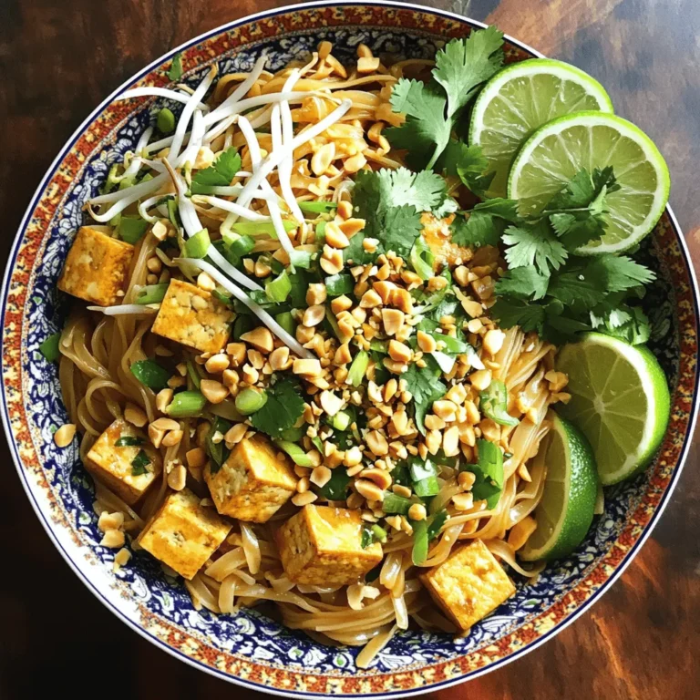 - 8 ounces rice noodles - 2 tablespoons vegetable oil - 2 cloves garlic, minced - 1 cup firm tofu (or chicken) For Easy Pad Thai, start with the main ingredients. First, you need rice noodles. They give the dish its signature texture. You will also need some vegetable oil to cook everything. Garlic adds a strong flavor that makes the dish pop. Choose firm tofu or chicken as your protein. Both work well and taste great. - 3 tablespoons soy sauce - 2 tablespoons brown sugar - 1 tablespoon lime juice Next, let’s talk about flavor enhancers. Soy sauce adds a savory taste that is key in Pad Thai. The brown sugar brings a touch of sweetness that balances it out. Finally, lime juice gives it a fresh zing. These three ingredients make the dish come alive. - 1 cup bean sprouts - 3 green onions, chopped - ¼ cup crushed peanuts - Fresh cilantro leaves & slices of lime for garnish Now for the fresh additions. Bean sprouts add crunch and freshness. Green onions bring a mild onion flavor that brightens the dish. Crushed peanuts give a nice texture and nutty taste. To finish, use fresh cilantro leaves and lime slices for garnish. They make your dish look pretty and add more flavor. For the complete recipe, check out the Full Recipe. Start by soaking the rice noodles. Place them in a bowl. Pour hot water over them. Let them sit for about 10 minutes. They should become soft but still firm. After soaking, drain the noodles and set them aside. Next, heat the vegetable oil in a large skillet. Use medium-high heat for this step. Once the oil is hot, add the minced garlic. Sauté it for about 30 seconds until it smells great. This step adds a nice flavor to your dish. Now it's time to add your protein. Add the cubed tofu or chicken to the skillet. Fry it for about 3 to 4 minutes. Cook until it turns golden brown on all sides. This gives your Pad Thai a delicious taste. After cooking the protein, push it to one side of the skillet. Pour the beaten eggs on the other side. Scramble the eggs until they are fully cooked. Once done, mix the eggs with the tofu or chicken. This adds a nice texture to your dish. It's time for the star of the dish—the noodles! Add the soaked rice noodles to the skillet. Toss everything together gently. In another bowl, combine the soy sauce, brown sugar, and lime juice. Pour this sauce over the noodles. Stir well to coat all the noodles evenly. Finally, add the bean sprouts and half of the green onions to the skillet. Toss everything together again. Cook for an additional 2 to 3 minutes until heated through. Remove from the heat and serve right away. Top with crushed peanuts, the remaining green onions, fresh cilantro, and lime slices. Enjoy your Easy Pad Thai! For the full recipe, check out the detailed instructions. To get the best noodle texture, soak the rice noodles in hot water. Follow the package instructions until they are just tender, or al dente. This step is key to avoiding mushy noodles. After soaking, drain them well and set them aside. If you want a firmer bite, cook them for a shorter time. To amp up the taste, consider adding a pinch of red pepper flakes. You can also try a splash of fish sauce for depth. If you like it sweet, a bit more brown sugar works wonders. Don’t be afraid to adjust flavors to your liking. Experimenting is part of the fun! For a stunning presentation, serve your Pad Thai in a large, colorful bowl. Top it with a generous sprinkle of crushed peanuts and a few fresh cilantro leaves. Adding lime slices on the side not only looks great but adds a fresh zing. A beautiful plate makes the meal even more inviting! For the full recipe, check out the Easy Pad Thai section! {{image_2}} You can switch up the protein in your Easy Pad Thai. Shrimp is a great choice if you love seafood. Just sauté the shrimp until they turn pink. If you prefer a vegetarian option, use vegetables. Bell peppers, carrots, and snap peas work well. They add color and crunch. If you need a gluten-free dish, choose rice noodles made from 100% rice. Many brands offer these noodles. You can find gluten-free soy sauce too. Just check the label before buying. This way, everyone can enjoy Pad Thai without worry. Want it spicier? Adding chili is a simple fix. You can use fresh chili peppers or chili flakes. Start with a small amount, then taste. Adjust to your liking. A little heat makes the flavors pop and keeps things exciting! For the full recipe, check out the detailed cooking steps above. To store leftover Pad Thai, let it cool first. Place it in an airtight container. Keep it in the fridge for up to three days. This keeps it fresh and safe to eat. Make sure to label the container with the date. It helps you track how long it has been stored. For freezing portions, use freezer-safe bags or containers. Divide the Pad Thai into single servings. Remove as much air as possible before sealing. This helps prevent freezer burn. You can freeze it for up to two months. When you're ready to eat, just thaw it in the fridge overnight. To reheat your Pad Thai, use a skillet over medium heat. Add a splash of water or broth to keep it moist. Stir it often to heat evenly without drying out. You can also use the microwave. Place it in a bowl with a lid, adding a little water. Heat for one to two minutes, stirring halfway through. This keeps the texture nice and soft. For the best flavor, add fresh lime juice before serving. For the Full Recipe, check out the main article. Yes, you can! Shrimp, pork, or beef are great choices. If you prefer a plant-based option, try tempeh or seitan. Each protein brings its own flavor and texture. Feel free to mix and match based on your taste and what's on hand. Just adjust cooking times based on the protein you choose. To reduce sweetness, cut back on brown sugar. You can use only one tablespoon or skip it entirely. Another option is to add more lime juice. This will balance flavors and cut the sweetness. Adding extra soy sauce can also help with flavor without making it too sweet. If lime juice isn't available, use lemon juice instead. It offers a similar tangy taste. You can also try vinegar, like rice vinegar, for a different flavor. Adjust the amount to taste since vinegar can be stronger. Fresh herbs like cilantro can also brighten the dish. Pad Thai can be a balanced meal. It has protein from tofu or chicken and fiber from bean sprouts. You can make it healthier by adding more vegetables like bell peppers or carrots. Use less oil and sugar to lower calories. Overall, it can fit well into a healthy diet. Making Easy Pad Thai takes about 25 minutes. You need about 10 minutes for prep and 15 minutes for cooking. This quick process makes it perfect for busy nights. You can enjoy a delicious meal without spending hours in the kitchen. Try the Full Recipe for step-by-step guidance. This blog post provided a clear guide to making delicious Pad Thai at home. You learned about the main ingredients and how to enhance flavors with sauces and spices. I shared tips for perfecting the noodles and ideas for serving. Variations allow you to customize the dish to your taste. Lastly, I covered storage and reheating methods. With these steps, you can enjoy a tasty, homemade Pad Thai whenever you crave it. Now, it’s time to cook and enjoy this classic dish!