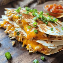 - 2 cups cooked chicken, shredded - 1 cup cheddar cheese, shredded - 1 cup mozzarella cheese, shredded - 1/2 cup mild salsa - 1/4 cup chopped green onions - 1 teaspoon cumin - 1 teaspoon paprika - 4 large flour tortillas - 2 tablespoons olive oil - Salt and pepper to taste You can change up your quesadilla with extras. Try adding: - Black beans for more protein - Bell peppers for crunch and flavor - Jalapeños for a spicy kick - Corn for sweetness - Avocado for creaminess Using good brands can make your quesadillas shine. I suggest: - Perdue for chicken, it’s tender and tasty - Tillamook for cheddar, it melts well - Galbani for mozzarella, it’s creamy and rich - Pace for salsa, it has great flavor Start by gathering your ingredients. You need cooked chicken, cheeses, salsa, and spices. In a large bowl, mix together 2 cups of shredded chicken, 1 cup of cheddar cheese, and 1 cup of mozzarella cheese. Add in 1/2 cup of mild salsa and 1/4 cup of chopped green onions. Sprinkle in 1 teaspoon of cumin and 1 teaspoon of paprika. Season with salt and pepper. Stir everything until it blends well. This mixture gives your quesadillas great flavor. Heat 1 tablespoon of olive oil in a large skillet on medium heat. Place one tortilla in the skillet. Spoon half of your chicken mixture onto one half of the tortilla. Spread it evenly for the best taste. Fold the tortilla over to cover the filling. Press down gently with a spatula. Cook for about 3-4 minutes until it turns golden brown. Flip it and cook for another 3-4 minutes. The cheese should melt nicely. Remove the quesadilla and repeat with the second tortilla and the rest of the chicken mixture. Slice your cooked quesadillas into wedges for easy serving. Arrange them on a plate and serve them hot. For a fun touch, add extra salsa or sour cream on the side. You can also sprinkle chopped green onions on top for color. This makes your dish look appealing. Enjoy your meal with family or friends! Don't forget to check out the Full Recipe for more tips. To get the best crispy quesadillas, use medium heat. Too high can burn them. Always use enough oil to coat your skillet. I like to use olive oil for flavor. Place the quesadilla in the pan and press down with a spatula. This helps everything cook evenly. Flip it carefully to keep the filling inside. Cook until both sides are golden brown. For gooey cheese, mix different types together. Cheddar and mozzarella melt well. Shred your cheese fresh for the best texture and taste. It melts better than pre-shredded cheese. Add cheese on both sides of the filling. This helps create a cheesy seal. Your quesadilla will hold together nicely. Use spices to boost flavor. I love adding cumin and paprika for warmth. You can also experiment with different herbs. Fresh cilantro gives a great taste. Don’t forget to season your chicken. Salt and pepper are key. Lastly, serve with salsa or sour cream. These toppings add zest and creaminess. For more details, check out the Full Recipe. {{image_2}} You can easily make a tasty vegetarian quesadilla. Start by using black beans or refried beans as a base. Add plenty of veggies like bell peppers, spinach, or mushrooms. For cheese lovers, use a mix of cheddar and mozzarella for a creamy texture. You can even add some corn for sweetness. This gives the quesadilla a great crunch and flavor without meat. Want a kick? Add jalapeños or diced chili peppers to your chicken mixture. You can also mix in a bit of hot sauce with the salsa. If you like bold flavors, try pepper jack cheese instead of regular cheese. It melts well and has a nice heat. For extra spice, sprinkle some chili powder in the mix. Your taste buds will love the extra warmth! Not in the mood for chicken? You can swap it out for turkey or shrimp. Both options work well with the same spices. For a plant-based choice, try tofu or tempeh. Marinate them in your favorite sauce for more flavor. Each option brings a unique taste to your quesadilla. Get creative and find your new favorite filling. For more chicken ideas, check out the Full Recipe. To keep your chicken quesadillas fresh, let them cool down first. Once cooled, wrap them in plastic wrap or aluminum foil. You can also place them in an airtight container. This helps keep them soft and tasty. Store them in the fridge for up to three days. If you plan to eat them later, it’s best to freeze them. For the best taste, reheat your quesadillas in a skillet. Heat a small amount of olive oil over medium heat. Place the quesadilla in the skillet and cook for about 2-3 minutes on each side. This helps make them crispy again. You can also use a microwave for quick reheating, but they may get soft. Heat them on a plate for about 30 seconds, then check if they are warm. To freeze quesadillas, wrap each one in plastic wrap. Then, place them in a freezer bag. Make sure to remove as much air as possible. They can stay frozen for up to two months. When you want to eat them, thaw them in the fridge overnight. After thawing, reheat them in a skillet for the best results. This way, you get a tasty meal ready in no time. Enjoy your easy chicken quesadillas anytime! For the full recipe, check out the details above. Yes, you can use other cheeses. Try pepper jack for a spicy kick. You can also use gouda or colby jack for a twist. Just make sure the cheese melts well. Mixing different cheeses adds more flavor. Quesadillas pair well with many sides. Refried beans are tasty and filling. You can also serve them with a fresh salad. Guacamole and salsa are great dips too. Rice can make a nice side as well. You can tell when it is golden brown. Look for melted cheese oozing out. Press down lightly with a spatula. If it feels firm, it is ready. Cooking time is about 3-4 minutes on each side. Enjoy your delicious meal! We’ve covered how to make quesadillas from start to finish. You learned about the key ingredients and how to customize them. I shared step-by-step instructions for cooking and presenting your dish. Tips helped you achieve crispy perfection, and I explored tasty variations. Lastly, I provided storage options to keep leftovers fresh. Now you’re ready to impress with your homemade quesadillas. Enjoy your cooking journey, and have fun experimenting with flavors!