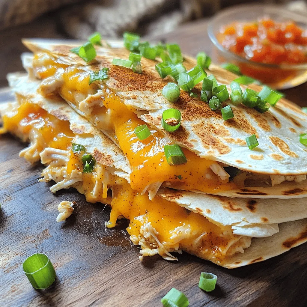 - 2 cups cooked chicken, shredded - 1 cup cheddar cheese, shredded - 1 cup mozzarella cheese, shredded - 1/2 cup mild salsa - 1/4 cup chopped green onions - 1 teaspoon cumin - 1 teaspoon paprika - 4 large flour tortillas - 2 tablespoons olive oil - Salt and pepper to taste You can change up your quesadilla with extras. Try adding: - Black beans for more protein - Bell peppers for crunch and flavor - Jalapeños for a spicy kick - Corn for sweetness - Avocado for creaminess Using good brands can make your quesadillas shine. I suggest: - Perdue for chicken, it’s tender and tasty - Tillamook for cheddar, it melts well - Galbani for mozzarella, it’s creamy and rich - Pace for salsa, it has great flavor Start by gathering your ingredients. You need cooked chicken, cheeses, salsa, and spices. In a large bowl, mix together 2 cups of shredded chicken, 1 cup of cheddar cheese, and 1 cup of mozzarella cheese. Add in 1/2 cup of mild salsa and 1/4 cup of chopped green onions. Sprinkle in 1 teaspoon of cumin and 1 teaspoon of paprika. Season with salt and pepper. Stir everything until it blends well. This mixture gives your quesadillas great flavor. Heat 1 tablespoon of olive oil in a large skillet on medium heat. Place one tortilla in the skillet. Spoon half of your chicken mixture onto one half of the tortilla. Spread it evenly for the best taste. Fold the tortilla over to cover the filling. Press down gently with a spatula. Cook for about 3-4 minutes until it turns golden brown. Flip it and cook for another 3-4 minutes. The cheese should melt nicely. Remove the quesadilla and repeat with the second tortilla and the rest of the chicken mixture. Slice your cooked quesadillas into wedges for easy serving. Arrange them on a plate and serve them hot. For a fun touch, add extra salsa or sour cream on the side. You can also sprinkle chopped green onions on top for color. This makes your dish look appealing. Enjoy your meal with family or friends! Don't forget to check out the Full Recipe for more tips. To get the best crispy quesadillas, use medium heat. Too high can burn them. Always use enough oil to coat your skillet. I like to use olive oil for flavor. Place the quesadilla in the pan and press down with a spatula. This helps everything cook evenly. Flip it carefully to keep the filling inside. Cook until both sides are golden brown. For gooey cheese, mix different types together. Cheddar and mozzarella melt well. Shred your cheese fresh for the best texture and taste. It melts better than pre-shredded cheese. Add cheese on both sides of the filling. This helps create a cheesy seal. Your quesadilla will hold together nicely. Use spices to boost flavor. I love adding cumin and paprika for warmth. You can also experiment with different herbs. Fresh cilantro gives a great taste. Don’t forget to season your chicken. Salt and pepper are key. Lastly, serve with salsa or sour cream. These toppings add zest and creaminess. For more details, check out the Full Recipe. {{image_2}} You can easily make a tasty vegetarian quesadilla. Start by using black beans or refried beans as a base. Add plenty of veggies like bell peppers, spinach, or mushrooms. For cheese lovers, use a mix of cheddar and mozzarella for a creamy texture. You can even add some corn for sweetness. This gives the quesadilla a great crunch and flavor without meat. Want a kick? Add jalapeños or diced chili peppers to your chicken mixture. You can also mix in a bit of hot sauce with the salsa. If you like bold flavors, try pepper jack cheese instead of regular cheese. It melts well and has a nice heat. For extra spice, sprinkle some chili powder in the mix. Your taste buds will love the extra warmth! Not in the mood for chicken? You can swap it out for turkey or shrimp. Both options work well with the same spices. For a plant-based choice, try tofu or tempeh. Marinate them in your favorite sauce for more flavor. Each option brings a unique taste to your quesadilla. Get creative and find your new favorite filling. For more chicken ideas, check out the Full Recipe. To keep your chicken quesadillas fresh, let them cool down first. Once cooled, wrap them in plastic wrap or aluminum foil. You can also place them in an airtight container. This helps keep them soft and tasty. Store them in the fridge for up to three days. If you plan to eat them later, it’s best to freeze them. For the best taste, reheat your quesadillas in a skillet. Heat a small amount of olive oil over medium heat. Place the quesadilla in the skillet and cook for about 2-3 minutes on each side. This helps make them crispy again. You can also use a microwave for quick reheating, but they may get soft. Heat them on a plate for about 30 seconds, then check if they are warm. To freeze quesadillas, wrap each one in plastic wrap. Then, place them in a freezer bag. Make sure to remove as much air as possible. They can stay frozen for up to two months. When you want to eat them, thaw them in the fridge overnight. After thawing, reheat them in a skillet for the best results. This way, you get a tasty meal ready in no time. Enjoy your easy chicken quesadillas anytime! For the full recipe, check out the details above. Yes, you can use other cheeses. Try pepper jack for a spicy kick. You can also use gouda or colby jack for a twist. Just make sure the cheese melts well. Mixing different cheeses adds more flavor. Quesadillas pair well with many sides. Refried beans are tasty and filling. You can also serve them with a fresh salad. Guacamole and salsa are great dips too. Rice can make a nice side as well. You can tell when it is golden brown. Look for melted cheese oozing out. Press down lightly with a spatula. If it feels firm, it is ready. Cooking time is about 3-4 minutes on each side. Enjoy your delicious meal! We’ve covered how to make quesadillas from start to finish. You learned about the key ingredients and how to customize them. I shared step-by-step instructions for cooking and presenting your dish. Tips helped you achieve crispy perfection, and I explored tasty variations. Lastly, I provided storage options to keep leftovers fresh. Now you’re ready to impress with your homemade quesadillas. Enjoy your cooking journey, and have fun experimenting with flavors!