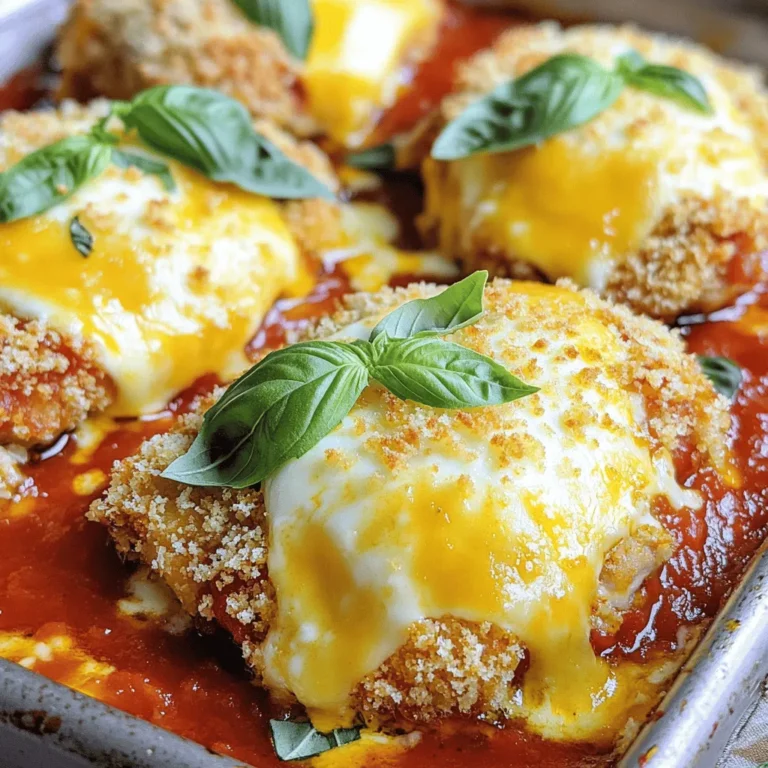 For a tasty Baked Chicken Parmesan, gather these key ingredients: - 4 boneless, skinless chicken breasts - 1 cup breadcrumbs (preferably panko for extra crunch) - 1/2 cup grated Parmesan cheese - 1 cup marinara sauce (homemade or store-bought) - 1 cup shredded mozzarella cheese These ingredients create a delicious base for the dish. The chicken breasts are juicy, and the cheeses add a rich flavor. The marinara sauce brings everything together. To enhance the taste, you will need these spices: - 1 teaspoon dried basil - 1 teaspoon garlic powder - 1 teaspoon onion powder - Salt and pepper to taste These spices are simple but effective. They add depth to your chicken without overpowering it. To finish your dish, consider adding: - Fresh basil leaves Fresh basil not only looks nice, but it also adds a bright flavor. You can sprinkle it on top just before serving for a lovely touch. This Baked Chicken Parmesan recipe is straightforward. Follow the Full Recipe for easy steps to enjoy this meal at home. First, preheat your oven to 400°F (200°C). This helps the chicken cook evenly. Next, gather all your ingredients. You will need chicken breasts, breadcrumbs, marinara sauce, and cheese. Having everything ready makes cooking easier. Now, let’s mix the breadcrumb mixture. In a shallow bowl, combine the breadcrumbs, grated Parmesan, dried basil, garlic powder, onion powder, salt, and pepper. This mix gives the chicken its flavor. For the chicken, take each breast and brush them with olive oil on both sides. This helps the breadcrumbs stick. Dip each chicken breast into the breadcrumb mix, pressing down firmly. Make sure the crumbs stick well. Place the coated chicken breasts on a baking sheet lined with parchment paper. Bake them in the oven for 25 minutes. Flip them halfway to get that nice crispiness. After 25 minutes, take the chicken out. Top each piece with marinara sauce and a layer of mozzarella cheese. This adds creaminess and flavor. Return the chicken to the oven for another 10 minutes. You want the cheese to melt and bubble. Once it is done, let the chicken rest for 5 minutes. Garnish with fresh basil leaves before serving. Enjoy your delicious Baked Chicken Parmesan! For the complete details, check the Full Recipe. To get that perfect crunch, start with the right breadcrumbs. I suggest using panko breadcrumbs. They are light and crisp, giving your chicken a nice texture. Regular breadcrumbs can work, but panko shines for this dish. Next, don’t skip the olive oil. It helps the crumbs stick and creates that golden crust. Brush both sides of the chicken with olive oil. This step is key for that crispy finish. Adding herbs and spices can really boost the taste. I often add some dried oregano or Italian seasoning for extra flavor. These herbs give a lovely aroma and depth to the dish. For the marinara sauce, go for homemade if you can. It tastes fresher and richer. If you use store-bought, look for one with no added sugars. This keeps the sauce savory and delicious. Pair your Baked Chicken Parmesan with sides that complement its flavor. A simple green salad or garlic bread works well. For presentation, slice the chicken before serving. Arrange it on a nice plate and drizzle extra marinara on top. Add fresh basil leaves for a pop of color. This makes the dish look as good as it tastes. For the full recipe, check the details provided above. {{image_2}} You can change the protein in this dish. Instead of chicken, try turkey or eggplant. Both options taste great and provide a nice twist. For cheese, use provolone or gouda if you want something different. These cheeses melt well and add rich flavor. Want a quicker option? Use an air fryer for your Baked Chicken Parmesan. It cooks faster and gives you that nice crisp. Just set it to 375°F (190°C) and cook for about 15-20 minutes. Flip the chicken halfway for even cooking. You can also use a skillet. Sear the chicken in olive oil first, then bake it in the oven to finish. This method adds flavor and keeps the chicken juicy. If you're gluten-free, use gluten-free breadcrumbs. They work just as well and keep the dish tasty. For dairy-free options, look for cheese alternatives made from nuts or soy. These options melt nicely and taste great. You can enjoy this dish even with dietary restrictions! After you enjoy your baked chicken Parmesan, store leftovers in proper containers. Use airtight containers to keep the chicken fresh. This helps prevent moisture loss and keeps flavors intact. Baked chicken Parmesan lasts about 3 to 4 days in the fridge. Be sure to let it cool down first before sealing the container. Freezing is a great way to keep extra chicken Parmesan. First, allow it to cool completely. Then, wrap each piece in plastic wrap. After that, place the wrapped pieces in a freezer bag. Remove as much air as you can. Baked chicken Parmesan can last for about 3 months in the freezer. When you’re ready to enjoy it, thaw it in the fridge overnight. This helps keep the texture nice. To reheat, you have two main options: oven or microwave. The oven gives the best results. Preheat it to 350°F (175°C). Place the chicken on a baking sheet and cover it with foil. Heat for about 15-20 minutes. This keeps it crispy. If you use the microwave, place the chicken on a plate. Heat in 1-minute intervals until warm. The microwave may make it softer, but it's faster. Enjoy your meal! Yes, you can make Baked Chicken Parmesan ahead of time. Cook the chicken and let it cool. Then, cover it and store it in the fridge. You can prepare it a day in advance. When you are ready to serve, add the sauce and cheese. Bake it again until hot and bubbly. This keeps the flavors fresh and tasty. I recommend using mozzarella cheese for that gooey, melty texture. You can also mix in provolone or gouda for a unique flavor. Parmesan cheese adds a nice sharpness and depth. The combination of these cheeses really enhances the dish. Use fresh cheese for the best results. Absolutely! Store-bought marinara sauce works great in this recipe. It saves time and still tastes delicious. Look for a brand with simple, quality ingredients. You can enhance the flavor by adding extra herbs or spices if you like. Homemade sauce is always an option too. To check if the chicken is fully cooked, use a meat thermometer. The internal temperature should reach 165°F (75°C). If you don’t have one, cut into the thickest part of the chicken. The meat should be white and the juices should run clear. This ensures your chicken is safe to eat. Serve Baked Chicken Parmesan hot, right from the oven. Pair it with a side of pasta or a fresh salad. A sprinkle of fresh basil adds a nice touch. You could serve it with garlic bread for a complete meal. For a fun twist, try it on a sub roll for a sandwich! For the full recipe, check the previous sections. This blog post covered all you need for Baked Chicken Parmesan. We talked about the key ingredients, like chicken breasts and marinara sauce. I shared tips for perfecting the crunch and enhancing flavor. You learned about fun variations and how to store leftover meals. With these simple steps, you can make this dish a family favorite. Enjoy making it, and have fun experimenting with your own twist!