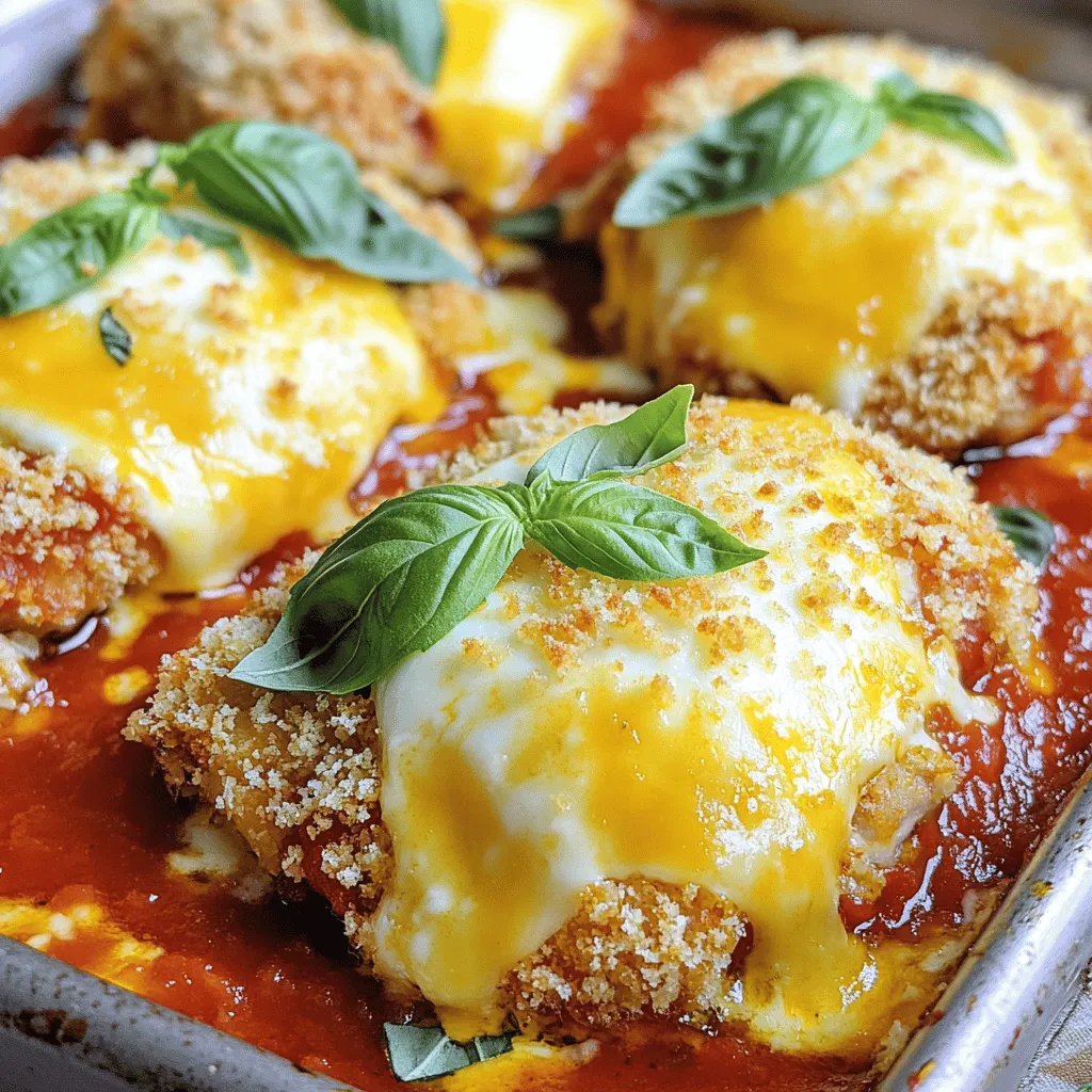 For a tasty Baked Chicken Parmesan, gather these key ingredients: - 4 boneless, skinless chicken breasts - 1 cup breadcrumbs (preferably panko for extra crunch) - 1/2 cup grated Parmesan cheese - 1 cup marinara sauce (homemade or store-bought) - 1 cup shredded mozzarella cheese These ingredients create a delicious base for the dish. The chicken breasts are juicy, and the cheeses add a rich flavor. The marinara sauce brings everything together. To enhance the taste, you will need these spices: - 1 teaspoon dried basil - 1 teaspoon garlic powder - 1 teaspoon onion powder - Salt and pepper to taste These spices are simple but effective. They add depth to your chicken without overpowering it. To finish your dish, consider adding: - Fresh basil leaves Fresh basil not only looks nice, but it also adds a bright flavor. You can sprinkle it on top just before serving for a lovely touch. This Baked Chicken Parmesan recipe is straightforward. Follow the Full Recipe for easy steps to enjoy this meal at home. First, preheat your oven to 400°F (200°C). This helps the chicken cook evenly. Next, gather all your ingredients. You will need chicken breasts, breadcrumbs, marinara sauce, and cheese. Having everything ready makes cooking easier. Now, let’s mix the breadcrumb mixture. In a shallow bowl, combine the breadcrumbs, grated Parmesan, dried basil, garlic powder, onion powder, salt, and pepper. This mix gives the chicken its flavor. For the chicken, take each breast and brush them with olive oil on both sides. This helps the breadcrumbs stick. Dip each chicken breast into the breadcrumb mix, pressing down firmly. Make sure the crumbs stick well. Place the coated chicken breasts on a baking sheet lined with parchment paper. Bake them in the oven for 25 minutes. Flip them halfway to get that nice crispiness. After 25 minutes, take the chicken out. Top each piece with marinara sauce and a layer of mozzarella cheese. This adds creaminess and flavor. Return the chicken to the oven for another 10 minutes. You want the cheese to melt and bubble. Once it is done, let the chicken rest for 5 minutes. Garnish with fresh basil leaves before serving. Enjoy your delicious Baked Chicken Parmesan! For the complete details, check the Full Recipe. To get that perfect crunch, start with the right breadcrumbs. I suggest using panko breadcrumbs. They are light and crisp, giving your chicken a nice texture. Regular breadcrumbs can work, but panko shines for this dish. Next, don’t skip the olive oil. It helps the crumbs stick and creates that golden crust. Brush both sides of the chicken with olive oil. This step is key for that crispy finish. Adding herbs and spices can really boost the taste. I often add some dried oregano or Italian seasoning for extra flavor. These herbs give a lovely aroma and depth to the dish. For the marinara sauce, go for homemade if you can. It tastes fresher and richer. If you use store-bought, look for one with no added sugars. This keeps the sauce savory and delicious. Pair your Baked Chicken Parmesan with sides that complement its flavor. A simple green salad or garlic bread works well. For presentation, slice the chicken before serving. Arrange it on a nice plate and drizzle extra marinara on top. Add fresh basil leaves for a pop of color. This makes the dish look as good as it tastes. For the full recipe, check the details provided above. {{image_2}} You can change the protein in this dish. Instead of chicken, try turkey or eggplant. Both options taste great and provide a nice twist. For cheese, use provolone or gouda if you want something different. These cheeses melt well and add rich flavor. Want a quicker option? Use an air fryer for your Baked Chicken Parmesan. It cooks faster and gives you that nice crisp. Just set it to 375°F (190°C) and cook for about 15-20 minutes. Flip the chicken halfway for even cooking. You can also use a skillet. Sear the chicken in olive oil first, then bake it in the oven to finish. This method adds flavor and keeps the chicken juicy. If you're gluten-free, use gluten-free breadcrumbs. They work just as well and keep the dish tasty. For dairy-free options, look for cheese alternatives made from nuts or soy. These options melt nicely and taste great. You can enjoy this dish even with dietary restrictions! After you enjoy your baked chicken Parmesan, store leftovers in proper containers. Use airtight containers to keep the chicken fresh. This helps prevent moisture loss and keeps flavors intact. Baked chicken Parmesan lasts about 3 to 4 days in the fridge. Be sure to let it cool down first before sealing the container. Freezing is a great way to keep extra chicken Parmesan. First, allow it to cool completely. Then, wrap each piece in plastic wrap. After that, place the wrapped pieces in a freezer bag. Remove as much air as you can. Baked chicken Parmesan can last for about 3 months in the freezer. When you’re ready to enjoy it, thaw it in the fridge overnight. This helps keep the texture nice. To reheat, you have two main options: oven or microwave. The oven gives the best results. Preheat it to 350°F (175°C). Place the chicken on a baking sheet and cover it with foil. Heat for about 15-20 minutes. This keeps it crispy. If you use the microwave, place the chicken on a plate. Heat in 1-minute intervals until warm. The microwave may make it softer, but it's faster. Enjoy your meal! Yes, you can make Baked Chicken Parmesan ahead of time. Cook the chicken and let it cool. Then, cover it and store it in the fridge. You can prepare it a day in advance. When you are ready to serve, add the sauce and cheese. Bake it again until hot and bubbly. This keeps the flavors fresh and tasty. I recommend using mozzarella cheese for that gooey, melty texture. You can also mix in provolone or gouda for a unique flavor. Parmesan cheese adds a nice sharpness and depth. The combination of these cheeses really enhances the dish. Use fresh cheese for the best results. Absolutely! Store-bought marinara sauce works great in this recipe. It saves time and still tastes delicious. Look for a brand with simple, quality ingredients. You can enhance the flavor by adding extra herbs or spices if you like. Homemade sauce is always an option too. To check if the chicken is fully cooked, use a meat thermometer. The internal temperature should reach 165°F (75°C). If you don’t have one, cut into the thickest part of the chicken. The meat should be white and the juices should run clear. This ensures your chicken is safe to eat. Serve Baked Chicken Parmesan hot, right from the oven. Pair it with a side of pasta or a fresh salad. A sprinkle of fresh basil adds a nice touch. You could serve it with garlic bread for a complete meal. For a fun twist, try it on a sub roll for a sandwich! For the full recipe, check the previous sections. This blog post covered all you need for Baked Chicken Parmesan. We talked about the key ingredients, like chicken breasts and marinara sauce. I shared tips for perfecting the crunch and enhancing flavor. You learned about fun variations and how to store leftover meals. With these simple steps, you can make this dish a family favorite. Enjoy making it, and have fun experimenting with your own twist!
