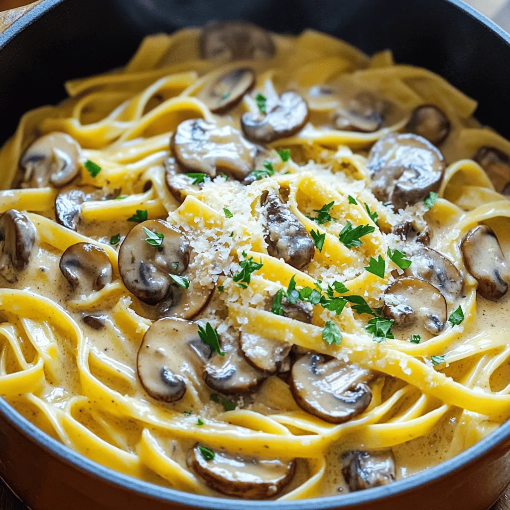 Let's get straight to the good stuff! Here’s what you need for One-Pot Creamy Mushroom Pasta. Gather these simple ingredients to create a meal everyone will love. - 12 oz (340g) fettuccine or spaghetti - 2 tablespoons olive oil - 1 medium onion, finely chopped - 3 cloves garlic, minced - 8 oz (225g) mushrooms, sliced (such as cremini or button) - 4 cups vegetable broth - 1 cup heavy cream (or coconut milk for a dairy-free option) - 1 teaspoon dried thyme - 1 teaspoon dried oregano - Salt and pepper to taste - ¼ cup grated Parmesan cheese (optional, for serving) - Fresh parsley, chopped (for garnish) With these ingredients, you’re well on your way to a creamy, comforting dish. The mushrooms bring a wonderful earthiness, while the cream adds richness. If you want a dairy-free version, just swap the heavy cream for coconut milk. This recipe offers flexibility, so you can adjust it to fit your tastes! For the full recipe, check out the complete guide. - Heat 2 tablespoons of olive oil in a large pot over medium heat. - Add 1 medium onion, finely chopped, and sauté for about 3-4 minutes until it is soft. - Stir in 3 cloves of minced garlic and 8 oz of sliced mushrooms. Cook for 5-6 minutes until the mushrooms brown. - Pour in 4 cups of vegetable broth. - Add 12 oz of fettuccine or spaghetti, making sure it is submerged in the broth. - Stir in 1 cup of heavy cream or coconut milk, 1 teaspoon of dried thyme, and 1 teaspoon of dried oregano. Season with salt and pepper to taste. - Bring the mix to a boil, then lower the heat to a simmer. Cover and cook for about 10-12 minutes, stirring occasionally. - If the sauce is too thick, add a bit more broth or water for your desired thickness. - Once cooked, remove from heat and stir in ¼ cup of grated Parmesan cheese if you like. - Serve the pasta, garnished with chopped fresh parsley for a bright touch. For the full recipe, refer to the section above. To make a great creamy sauce, start by sautéing the mushrooms well. This step brings out their rich flavor. Cook them until they are golden brown. This can take about 5 to 6 minutes. For the sauce's thickness, adjust the cream as needed. If you want it thicker, use less broth. If it's too thick, add more broth or water until it feels just right. Timing is key for cooking pasta. You want it to be al dente, which means firm but not hard. Check the pasta during cooking. Taste a piece a minute or two before the time ends. This way, you can catch it at the perfect texture. Stir the pasta often to prevent sticking. This keeps it soft and helps it soak up the sauce. To boost flavor, think about adding herbs and spices. Fresh basil or parsley makes a great addition. You can also try adding a pinch of red pepper flakes for heat. If you want more protein, consider adding chicken or shrimp. For a veggie twist, mix in spinach or bell peppers. This makes your dish more colorful and tasty. For the full recipe, check out the One-Pot Creamy Mushroom Pasta recipe. {{image_2}} You can easily adapt this dish to fit your dietary needs. For those who avoid dairy, using coconut milk is a great choice. It gives the sauce a creamy texture without any dairy. You can swap out heavy cream with one cup of coconut milk. This keeps the dish rich and satisfying. If you're gluten-free, you can use gluten-free pasta. Many brands offer options that work well in this recipe. Just cook it according to the package instructions. The rest of the steps will stay the same. Want to mix things up? You can add different vegetables for extra flavor and color. For example, spinach or bell peppers can enhance the dish. Just toss them in with the mushrooms. They will cook down and add nutrients. You can also introduce proteins to make the dish heartier. Chicken, shrimp, or tofu are great options. Cook the protein separately, then add it in before serving. This adds more depth to your meal. This creamy pasta pairs well with a fresh salad or crusty bread. A light side salad can balance the richness of the pasta. Try a simple mix of greens, tomatoes, and a lemon vinaigrette. If you want to plan meals, think about serving this dish for lunch or dinner. It works well as a main course. You can also save leftovers for a quick meal the next day. Check out the Full Recipe for more ideas on how to enjoy this dish! To keep your One-Pot Creamy Mushroom Pasta fresh, store it in an airtight container. Place it in the fridge. It will last for about 3 to 4 days. Make sure it cools down before sealing. This keeps the texture nice for later. When it’s time to eat again, you want to keep that creamy sauce! For reheating, use a stovetop or microwave. If you use the stovetop, add a splash of broth or cream. Heat it gently over low heat, stirring often. If using the microwave, heat in short bursts. Stir in between to warm it evenly. Yes, you can freeze this dish! Just store it in a freezer-safe container. It can last for up to 2 months. When you’re ready to eat, thaw it overnight in the fridge. Reheat it on the stovetop, adding a bit of broth to bring back the creaminess. This way, you get a tasty meal with ease! You can use many pasta shapes in this dish. My top picks are: - Fettuccine - Spaghetti - Penne - Linguine Fettuccine and spaghetti work best for creamy sauces. They hold the sauce well and add a nice bite. Penne is also great because its hollow shape traps sauce inside. Feel free to use what you have on hand. Just adjust the cooking time as needed. Yes, you can prep this dish ahead of time. Here are some tips: - Cook the pasta and sauce separately. - Store them in airtight containers. - Combine them just before serving. This way, you keep the pasta from getting mushy. You can also prepare the sauce a day before. Just reheat it on low heat. Add a splash of broth if it thickens too much. Making this dish vegan is easy. Here are some swaps: - Use coconut milk instead of heavy cream. - Replace Parmesan cheese with nutritional yeast. - Use vegetable broth to keep it plant-based. These changes keep the creamy texture and rich flavor. You won’t miss the dairy! Enjoy your vegan version just as much as the original. This blog post covered a rich, creamy mushroom pasta recipe. You learned about the fresh ingredients, step-by-step instructions, and useful tips. We also explored variations for different diets and tasty serving ideas. Making this dish is easy and fun. You can impress your family or friends with your cooking skills. Remember to explore flavors and customize it. Enjoy making and sharing this creamy delight! Your kitchen adventure awaits!