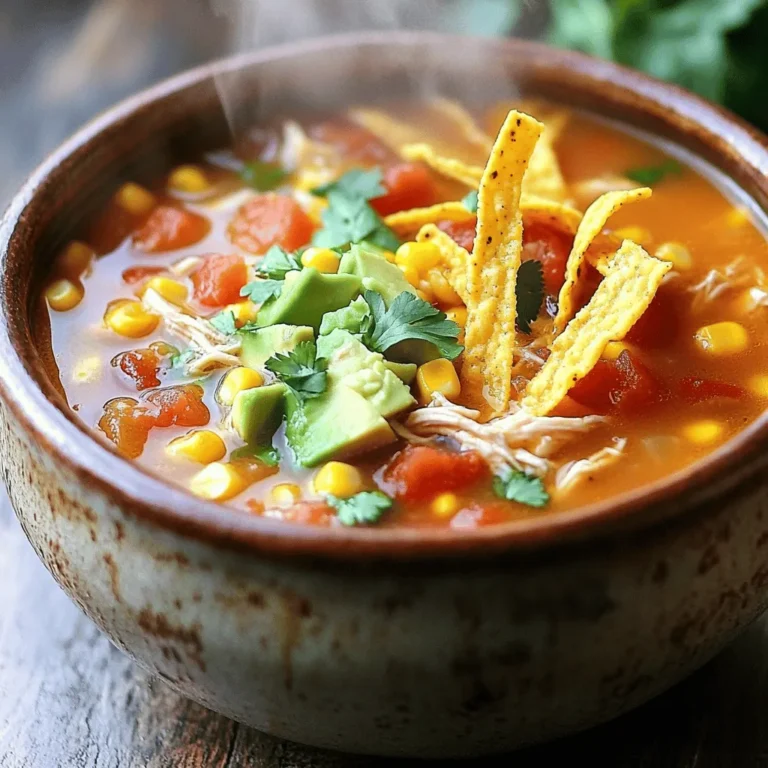 To make Easy Chicken Tortilla Soup, gather these essential items: - 2 tablespoons olive oil - 1 medium onion, chopped - 2 garlic cloves, minced - 1 bell pepper (any color), diced - 1 jalapeño, diced (optional for extra heat) - 1 teaspoon ground cumin - 1 teaspoon smoked paprika - 1 (14.5 oz) can diced tomatoes, with juice - 4 cups chicken broth - 2 cups cooked chicken, shredded (use rotisserie for ease) - 1 (15 oz) can black beans, rinsed and drained - 1 cup corn (fresh, frozen, or canned) - Salt and pepper to taste - Juice of 1 lime - Corn tortilla strips for garnish - Fresh cilantro, chopped for garnish - Avocado, diced for garnish (optional) - Shredded cheese for garnish (optional) When selecting fresh produce, choose vibrant and firm vegetables. Look for onions and peppers that are shiny and heavy for their size. Fresh herbs, like cilantro, should be bright green and fragrant. For canned goods, opt for low-sodium options. They keep the soup tasty without too much salt. To make the soup gluten-free, use corn tortillas instead of flour ones. For dairy-free garnishes, skip the cheese and add extra avocado. You can also use nutritional yeast for a cheesy flavor without dairy. To start, gather your fresh veggies and chicken. Here are the steps: - Chop 1 medium onion. - Mince 2 garlic cloves. - Dice 1 bell pepper (any color). - If you like spice, dice 1 jalapeño. - Shred 2 cups of cooked chicken (using rotisserie is easy). For tools, use a large pot or Dutch oven. A good knife and cutting board are key. A can opener will help with canned goods too. Now, let’s cook! Follow these steps: 1. In your pot, heat 2 tablespoons of olive oil over medium heat. 2. Add the chopped onion. Cook for about 5 minutes until it turns soft and clear. 3. Stir in the minced garlic, diced bell pepper, and jalapeño (if you want heat). Cook for 2-3 more minutes. 4. Sprinkle 1 teaspoon of ground cumin and 1 teaspoon of smoked paprika over the veggies. Stir well. 5. Pour in 1 (14.5 oz) can of diced tomatoes (juice included) and 4 cups of chicken broth. Bring this mix to a boil. 6. When it boils, lower the heat. Add in the shredded chicken, 1 (15 oz) can of black beans (drained), and 1 cup of corn. Simmer for 10-15 minutes. 7. Taste your soup! Add salt, pepper, and juice from 1 lime to make it pop. Serve your soup hot for the best taste. Here are some tips to make it look great: - Use crispy tortilla strips on top for crunch. - Sprinkle chopped cilantro for freshness. - Diced avocado and shredded cheese add creaminess. For the full recipe, check the section above! Enjoy your delicious chicken tortilla soup! To make your Easy Chicken Tortilla Soup really shine, focus on flavor. Start by adding spices early. Cumin and smoked paprika boost the taste. Fresh garlic and onion create a strong base. If you want more depth, try a splash of lime juice. This adds brightness and balances the flavors. I love to use rotisserie chicken for this soup. It cuts down prep time by a lot. Just shred it and toss it in. You can also cook everything in one pot. This saves on dishes and makes cleanup easy. Choose a good chicken broth. It sets the tone for the soup. Look for low-sodium options to control salt. For canned goods, pick brands with fewer additives. Fresh herbs like cilantro add a burst of flavor. Always aim for the best quality to elevate your dish. {{image_2}} You can easily make this soup vegetarian. Just swap the chicken for legumes or tofu. Black beans or chickpeas work great. If you choose tofu, use firm tofu and cube it. Adjust the cooking time to allow for the tofu to heat through, about 5 minutes. You may also want to add more veggies, like zucchini or carrots, for extra flavor. If you love heat, this soup can pack a punch! Add more jalapeños or chili powder to boost the spice level. You can also incorporate hot sauce or fresh peppers like serrano for extra kick. Start with a small amount, then taste. You can always add more spice, but it's hard to take it away. Feel free to get creative with extra vegetables. Spinach, kale, or bell peppers add color and nutrients. You can also add grains like quinoa or rice to make it heartier. This will give you a filling meal, perfect for lunch or dinner. Enjoy customizing your Easy Chicken Tortilla Soup to fit your taste! For the full recipe, check the link. Store your chicken tortilla soup in an airtight container. Glass or BPA-free plastic works best. It can stay fresh in the fridge for up to three days. Make sure to let it cool before sealing the container. To freeze the soup, allow it to cool completely. Then, pour it into freezer bags or containers. Remove as much air as possible to prevent freezer burn. The soup can last for about three months in the freezer. When you're ready to eat, thaw it overnight in the fridge. Reheat your soup on the stove over medium heat. Stir occasionally to keep it even. You can also use the microwave in a safe dish. If the soup seems thick, add a splash of broth or water. After reheating, taste it again. You may want to adjust the flavors with salt, pepper, or lime juice. For this soup, you can use fresh or cooked chicken. I often use rotisserie chicken for its ease and flavor. You can shred it and add it straight to the pot. If you prefer fresh chicken, cook and shred it before adding. This will give you a tasty and tender result. Yes, you can make this soup ahead of time! It tastes even better after the flavors meld. Store it in an airtight container in the fridge for up to three days. To reheat, simply warm it on the stove until hot. You can also freeze it for up to three months. If you want a thicker soup, there are a few ways to do this. You can mash some of the black beans against the pot. Another option is to add a cornstarch slurry. Mix equal parts cornstarch and cold water, stir it in, and let it simmer. This will help achieve your desired consistency. Easy Chicken Tortilla Soup is a versatile dish. You learned about essential ingredients and clever substitutions for dietary needs. I shared tips for prepping, cooking, serving, and storing your soup. Variations suit different tastes, from vegetarian to spicy versions. Quality ingredients enhance flavor and texture. This soup is easy to make and enjoy. Keep experimenting with flavors and methods. You’ll find your perfect bowl.
