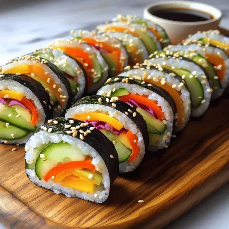 To make these colorful sushi rolls, gather these key ingredients: - 1 cup sushi rice - 1 ¼ cups water - ¼ cup rice vinegar - 1 tablespoon sugar - 4 sheets nori (seaweed) - 1 avocado, sliced - 1 cucumber, julienned - 1 carrot, julienned - 1 bell pepper (any color), thinly sliced - ½ red cabbage, finely shredded - 2 tablespoons sesame seeds - Soy sauce (for serving) These ingredients give the sushi its flavor and color. The sushi rice forms the base, while the fresh veggies add crunch and nutrition. Don't forget the nori, as it holds everything together. You can add your favorite ingredients to make the rolls unique. Here are some ideas: - Radishes for a spicy kick - Cream cheese for a creamy texture - Pickled ginger for tanginess - Green onions for extra flavor - Sweet potato for a hearty twist Feel free to mix and match based on what you like. This flexibility makes it fun and tasty! Each ingredient in these sushi rolls brings something good for you: - Sushi rice: Provides energy and carbs to fuel your day. - Avocado: Packed with healthy fats and vitamins. - Cucumber: Hydrating and low in calories. - Carrot: Full of beta-carotene, great for your eyes. - Bell pepper: High in vitamin C, good for your immune system. - Red cabbage: Rich in fiber and antioxidants. Eating these rolls is a tasty way to get your daily vitamins and minerals. Enjoying colorful foods helps you feel good inside and out. For a complete guide, check the Full Recipe. To start, rinse 1 cup of sushi rice under cold water. This step removes excess starch. Keep rinsing until the water runs clear. In a medium saucepan, combine the rinsed rice and 1 ¼ cups of water. Bring this mixture to a boil. Once it boils, lower the heat, cover, and let it simmer for 15 minutes. The rice should absorb all the water. After cooking, remove the saucepan from heat and let the rice cool slightly. Next, mix ¼ cup rice vinegar, 1 tablespoon sugar, and a pinch of salt in a small bowl. Stir until the sugar dissolves. Once the rice is cool, gently fold this vinegar mixture into the rice. Let the rice cool completely before using it in your rolls. Now, it's time to create your rolls. Place a bamboo sushi mat on a clean surface. Lay a sheet of nori, shiny side down, on the mat. With wet hands, spread a thin layer of sushi rice over the nori. Leave about 1 inch at the top edge. In a horizontal line across the rice, arrange your colorful veggies: 1 sliced avocado, 1 julienned cucumber, 1 julienned carrot, 1 thinly sliced bell pepper, and ½ finely shredded red cabbage. This creates a vibrant rainbow effect. Sprinkle 2 tablespoons of sesame seeds over the veggies. Carefully lift the edge of the mat closest to you and start rolling away from you. Keep the filling tightly packed. Roll until you reach the top edge of the nori. Wet the edge with a little water to seal the roll. Using a sharp knife, cut the roll into bite-sized pieces. Wipe the knife with a damp cloth between cuts. This keeps the edges clean and neat. Repeat this process with the remaining nori sheets and fillings. For serving, arrange the sushi rolls on a platter. Place soy sauce in a small bowl for dipping. You can also garnish with extra sesame seeds and cucumber slices. Add ginger and wasabi on the side for extra flavor if you like. Enjoy your beautiful and tasty rainbow veggie sushi rolls! To make rainbow veggie sushi rolls, you need a few key tools. Here’s what I recommend: - Bamboo sushi mat - Sharp knife - Rice cooker (optional) - Small bowls for ingredients - Plastic wrap These tools help you create perfect sushi rolls. The bamboo mat makes rolling easier. A sharp knife ensures clean cuts. Rolling sushi takes practice, but you can master it. Start by laying the nori shiny side down. Spread a thin layer of rice, leaving an inch at the top. Place your colorful veggies in a line across the rice. Here’s the trick: lift the mat while rolling. Tuck the filling in tightly. Use your fingers to keep the roll compact. When you reach the top edge, wet it to seal the roll. Soggy sushi is no fun! Here are some tips to keep your rolls fresh: - Use dry veggies. Pat them with a paper towel if needed. - Don’t overfill your rolls. Too much filling can lead to sogginess. - Keep the rice cool before rolling. Warm rice can make the nori wet. These tips help you make tasty rainbow sushi rolls that stay crisp. For the full recipe, check out the details above! {{image_2}} You can easily swap ingredients to make your sushi unique. For example, try using quinoa instead of sushi rice. Quinoa adds a nutty flavor and packs extra protein. You can also use different veggies, like radishes or sweet potatoes. These swaps keep the rolls colorful and tasty. Experiment with herbs, too! Fresh basil or cilantro can give your sushi a fresh twist. Rainbow veggie sushi can fit vegan and gluten-free diets. Use tamari instead of soy sauce for a gluten-free dip. You can also fill your rolls with marinated tofu or tempeh for added protein. Wrap the veggies in rice paper instead of nori for a fun change. This option makes the rolls light and crispy. Don't worry; they will still look vibrant! Dipping sauces can elevate your sushi experience. Soy sauce is a classic choice, but there are other options. Try mixing soy sauce with a bit of lime juice for a zesty kick. Peanut sauce adds creaminess and flavor. You can also make a spicy mayo by mixing mayo with sriracha. These sauces add fun flavors and complement the fresh veggies perfectly. For the full recipe, you can check the complete cooking instructions. Store leftover sushi rolls in an airtight container. Place a damp paper towel in the container to keep the rolls fresh. This helps prevent the rice from drying out. Try to eat the rolls within 24 hours for the best taste. If you want them to last longer, store them in the fridge. They can stay fresh for one day in the fridge. Sushi is best fresh, but you can refresh it. Remove the sushi from the fridge. Let it sit at room temperature for about 10 minutes. This helps the rice regain some of its original texture. Avoid using the microwave, as it can make the sushi soggy. If you want to warm the sushi slightly, use a steamer for a few seconds. You can freeze sushi rolls if you want to save them for later. Wrap each roll tightly in plastic wrap. Then, place them in a freezer bag or airtight container. Make sure to label the bag with the date. You can freeze sushi for up to one month. When you are ready to eat, thaw them in the fridge overnight. Enjoy them cold or let them sit at room temperature before serving. Yes, you can use brown rice. However, sushi rice is sticky and helps hold the roll together. Brown rice has a firmer texture and may not stick as well. If you choose brown rice, cook it longer and add a little more water. This will help achieve a better texture for rolling. You can use many colorful veggies! Here are some great options: - Avocado - Cucumber - Carrot - Bell pepper (any color) - Red cabbage - Radish These veggies add both color and crunch. You can mix and match to fit your taste! Homemade sushi rolls are best eaten fresh. If you must store them, wrap them tightly in plastic wrap. They can last in the fridge for about 24 hours. After that, the rice may dry out, and the veggies can lose their crunch. Using a bamboo mat makes rolling easier and neater, but it’s not required. If you don't have one, you can use a clean kitchen towel or just your hands. Just be careful to keep the roll tight and even. If you want to skip the seaweed, use thin slices of cucumber or rice paper instead. Cucumber slices can add a fresh crunch, while rice paper wraps hold everything together nicely. Just layer your fillings as you would with nori, and roll them up! For a full recipe, check out the Rainbow Veggie Sushi Rolls section in this article! You learned about the key ingredients for rainbow veggie sushi rolls and their benefits. I gave step-by-step instructions for making sushi, from rice prep to serving. We covered tips for tools and rolling techniques to make your sushi perfect. I shared fun variations and how to store or reheat leftovers for later. Enjoy making and sharing your rainbow veggie sushi. It’s fun, tasty, and good for you!