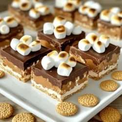 To make these No-Bake S'mores Bars, you need: - 1 ½ cups graham cracker crumbs - ½ cup unsweetened cocoa powder - ½ cup powdered sugar - ½ cup unsalted butter, melted - 2 cups mini marshmallows - 1 cup semisweet chocolate chips - ½ cup creamy peanut butter - 1 teaspoon vanilla extract - Pinch of salt These simple ingredients make a tasty treat everyone loves. If you want to mix it up, try these ideas: - Replace graham crackers with gluten-free cookies. - Use almond or cashew butter instead of peanut butter. - Try dark chocolate chips for a richer flavor. - Swap mini marshmallows for larger ones, cut into small pieces. These changes can offer new tastes while keeping the fun. Fresh ingredients make a big difference in your treats. Using fresh mini marshmallows gives a soft, fluffy texture. Fresh chocolate chips melt smoothly for a nice layer. Fresh butter adds richness to the crust. Always check the expiration dates. This small step keeps your bars tasting great! Making No-Bake S'mores Bars is fun and easy. You will need to gather your ingredients first. The prep time is just 20 minutes. Then, let the bars chill in the fridge for 2 hours. This treat serves 16, perfect for sharing. 1. In a large mixing bowl, mix the graham cracker crumbs, cocoa powder, and powdered sugar. Use a whisk to combine them well. 2. Pour in the melted butter. Stir until the dry mix gets moist. It should start to clump together. 3. Firmly press the mixture into the bottom of an 8x8 inch baking dish. Use your hands or a spatula to pack it tightly. 4. In a microwave-safe bowl, combine the chocolate chips and peanut butter. Microwave for 30 seconds at a time. Stir between each interval until smooth. 5. Add the vanilla extract and a pinch of salt to the melted chocolate mixture. Stir well to combine. 6. Pour the chocolate-peanut butter mix over the graham cracker base. Spread it evenly with a spatula. 7. Sprinkle the mini marshmallows on top of the chocolate layer. Press them gently into the chocolate to make them stick. 8. Refrigerate the bars for at least 2 hours. This helps them set well. 9. Once set, lift the bars out of the baking dish. Cut them into squares and serve. - Use a food processor for the graham cracker crumbs. It saves time and makes a fine mix. - Keep a bowl of warm water nearby to wash your hands. This helps when you press the mixture into the pan. - For an easy clean-up, line the baking dish with parchment paper before adding the mix. This will help you lift out the bars later. For the full recipe, check the section above. Enjoy making these tasty No-Bake S'mores Bars! To get that ideal texture, press the crust tightly. Use your hands or a spatula. This helps it hold together. For the chocolate layer, melt the chocolate and peanut butter slowly. Stir often to keep it smooth. Don’t rush this step. A creamy, even layer makes the bars great. One common mistake is not measuring the ingredients. Use a measuring cup for accuracy. Another mistake is not chilling the bars long enough. They need at least two hours to set. Don’t skip this step or the bars will be too soft. Finally, avoid using too much heat when melting chocolate. It can burn quickly. For this recipe, you need a few basic tools. A large mixing bowl is essential for mixing. Use a spatula for spreading and pressing. A microwave-safe bowl helps melt the chocolate evenly. Have a greased 8x8 inch baking dish ready. Parchment paper can also help lift the bars out easily. These tools make the process smooth and fun! For the full recipe, see above. {{image_2}} You can change up the flavor of your no-bake s'mores bars with different nut butters. Try almond or cashew butter instead of peanut butter. Each nut butter adds its own taste and texture. You can also swap in Nutella for a rich twist. This chocolate hazelnut spread gives a dreamy flavor that pairs well with marshmallows. Don’t be afraid to mix flavors; creativity is key! If you need gluten-free options, use gluten-free graham crackers. Many brands offer great substitutes that taste just as good. You can also use coconut flour or almond flour for a unique twist. For a vegan option, swap out the butter for coconut oil and use dairy-free chocolate chips. This way, everyone can enjoy these tasty treats without worry. You can make your bars fit any season with special ingredients. For fall, add pumpkin spice to the chocolate mixture or sprinkle in some chopped pecans. In winter, mix in crushed candy canes for a minty flavor. For summer, try adding fresh berries or a layer of fruit preserves. These small changes make your no-bake s'mores bars fun and festive! For the full recipe, check the instructions above and get started! To keep your No-Bake S'mores Bars fresh, place them in an airtight container. This helps prevent them from drying out. You can also wrap them tightly in plastic wrap. Make sure they are fully set before storing. You can freeze these bars for longer storage. First, cut them into squares. Then, place them in a single layer in a freezer-safe container. You can add parchment paper between layers to prevent sticking. These bars can stay fresh for up to three months in the freezer. When stored in the fridge, No-Bake S'mores Bars last about a week. For the best taste and texture, enjoy them within the first few days. If you notice any changes in smell or texture, it’s best to toss them. You can find the full recipe for these delicious bars in the earlier section. To make No-Bake S'mores Bars, follow these steps: 1. Mix graham cracker crumbs, cocoa powder, and powdered sugar in a bowl. 2. Add melted butter and stir until clumps form. 3. Press this mix into the bottom of a greased 8x8 inch baking dish. 4. In a microwave-safe bowl, melt chocolate chips and peanut butter together. 5. Stir in vanilla extract and a pinch of salt. 6. Spread the chocolate mix over the graham base. 7. Top with mini marshmallows, pressing them gently into the chocolate. 8. Refrigerate for at least 2 hours to set. 9. Lift the bars out and cut them into squares. For the full recipe, refer to the previous section. Yes, you can use different types of chocolate. Milk chocolate, dark chocolate, or even white chocolate work well. Each type gives a unique flavor. Experiment with your favorites to find the best taste for you. Just remember to adjust the sweetness if needed. If you don’t have graham crackers, try digestive biscuits or vanilla wafers. Crushed pretzels can also work for a salty twist. Use whatever you have on hand. Just make sure it crumbles easily, so you can mix it well with other ingredients. No-Bake S'mores Bars need at least 2 hours to set. This time helps the layers firm up and hold together. For best results, leave them in the fridge longer if you can. This makes them easier to cut and enjoy. Yes, you can make these bars a day in advance. They store well in the fridge. Just cover them tightly to keep them fresh. This makes them great for parties or gatherings, saving you time on the day of the event. This article covered how to make easy No-Bake S'mores Bars. We looked at the key ingredients and some tasty alternatives. Fresh ingredients make a big difference. I shared step-by-step instructions for making them and tips for smoother prep. You now know how to avoid common mistakes and tools to use. We explored fun flavor variations and how to store your bars. Now, go ahead and enjoy making these delicious treats! You'll impress your friends and family.