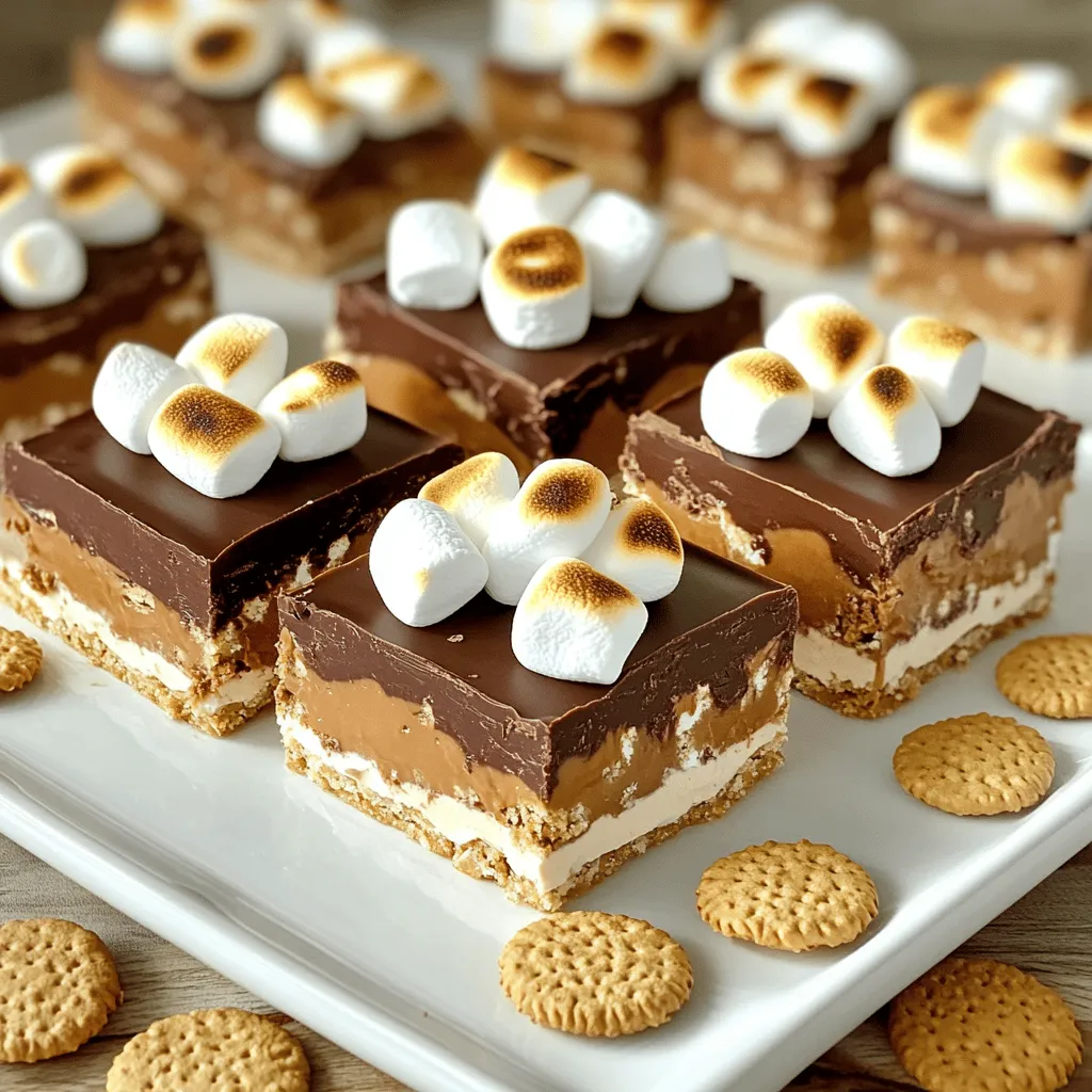 To make these No-Bake S'mores Bars, you need: - 1 ½ cups graham cracker crumbs - ½ cup unsweetened cocoa powder - ½ cup powdered sugar - ½ cup unsalted butter, melted - 2 cups mini marshmallows - 1 cup semisweet chocolate chips - ½ cup creamy peanut butter - 1 teaspoon vanilla extract - Pinch of salt These simple ingredients make a tasty treat everyone loves. If you want to mix it up, try these ideas: - Replace graham crackers with gluten-free cookies. - Use almond or cashew butter instead of peanut butter. - Try dark chocolate chips for a richer flavor. - Swap mini marshmallows for larger ones, cut into small pieces. These changes can offer new tastes while keeping the fun. Fresh ingredients make a big difference in your treats. Using fresh mini marshmallows gives a soft, fluffy texture. Fresh chocolate chips melt smoothly for a nice layer. Fresh butter adds richness to the crust. Always check the expiration dates. This small step keeps your bars tasting great! Making No-Bake S'mores Bars is fun and easy. You will need to gather your ingredients first. The prep time is just 20 minutes. Then, let the bars chill in the fridge for 2 hours. This treat serves 16, perfect for sharing. 1. In a large mixing bowl, mix the graham cracker crumbs, cocoa powder, and powdered sugar. Use a whisk to combine them well. 2. Pour in the melted butter. Stir until the dry mix gets moist. It should start to clump together. 3. Firmly press the mixture into the bottom of an 8x8 inch baking dish. Use your hands or a spatula to pack it tightly. 4. In a microwave-safe bowl, combine the chocolate chips and peanut butter. Microwave for 30 seconds at a time. Stir between each interval until smooth. 5. Add the vanilla extract and a pinch of salt to the melted chocolate mixture. Stir well to combine. 6. Pour the chocolate-peanut butter mix over the graham cracker base. Spread it evenly with a spatula. 7. Sprinkle the mini marshmallows on top of the chocolate layer. Press them gently into the chocolate to make them stick. 8. Refrigerate the bars for at least 2 hours. This helps them set well. 9. Once set, lift the bars out of the baking dish. Cut them into squares and serve. - Use a food processor for the graham cracker crumbs. It saves time and makes a fine mix. - Keep a bowl of warm water nearby to wash your hands. This helps when you press the mixture into the pan. - For an easy clean-up, line the baking dish with parchment paper before adding the mix. This will help you lift out the bars later. For the full recipe, check the section above. Enjoy making these tasty No-Bake S'mores Bars! To get that ideal texture, press the crust tightly. Use your hands or a spatula. This helps it hold together. For the chocolate layer, melt the chocolate and peanut butter slowly. Stir often to keep it smooth. Don’t rush this step. A creamy, even layer makes the bars great. One common mistake is not measuring the ingredients. Use a measuring cup for accuracy. Another mistake is not chilling the bars long enough. They need at least two hours to set. Don’t skip this step or the bars will be too soft. Finally, avoid using too much heat when melting chocolate. It can burn quickly. For this recipe, you need a few basic tools. A large mixing bowl is essential for mixing. Use a spatula for spreading and pressing. A microwave-safe bowl helps melt the chocolate evenly. Have a greased 8x8 inch baking dish ready. Parchment paper can also help lift the bars out easily. These tools make the process smooth and fun! For the full recipe, see above. {{image_2}} You can change up the flavor of your no-bake s'mores bars with different nut butters. Try almond or cashew butter instead of peanut butter. Each nut butter adds its own taste and texture. You can also swap in Nutella for a rich twist. This chocolate hazelnut spread gives a dreamy flavor that pairs well with marshmallows. Don’t be afraid to mix flavors; creativity is key! If you need gluten-free options, use gluten-free graham crackers. Many brands offer great substitutes that taste just as good. You can also use coconut flour or almond flour for a unique twist. For a vegan option, swap out the butter for coconut oil and use dairy-free chocolate chips. This way, everyone can enjoy these tasty treats without worry. You can make your bars fit any season with special ingredients. For fall, add pumpkin spice to the chocolate mixture or sprinkle in some chopped pecans. In winter, mix in crushed candy canes for a minty flavor. For summer, try adding fresh berries or a layer of fruit preserves. These small changes make your no-bake s'mores bars fun and festive! For the full recipe, check the instructions above and get started! To keep your No-Bake S'mores Bars fresh, place them in an airtight container. This helps prevent them from drying out. You can also wrap them tightly in plastic wrap. Make sure they are fully set before storing. You can freeze these bars for longer storage. First, cut them into squares. Then, place them in a single layer in a freezer-safe container. You can add parchment paper between layers to prevent sticking. These bars can stay fresh for up to three months in the freezer. When stored in the fridge, No-Bake S'mores Bars last about a week. For the best taste and texture, enjoy them within the first few days. If you notice any changes in smell or texture, it’s best to toss them. You can find the full recipe for these delicious bars in the earlier section. To make No-Bake S'mores Bars, follow these steps: 1. Mix graham cracker crumbs, cocoa powder, and powdered sugar in a bowl. 2. Add melted butter and stir until clumps form. 3. Press this mix into the bottom of a greased 8x8 inch baking dish. 4. In a microwave-safe bowl, melt chocolate chips and peanut butter together. 5. Stir in vanilla extract and a pinch of salt. 6. Spread the chocolate mix over the graham base. 7. Top with mini marshmallows, pressing them gently into the chocolate. 8. Refrigerate for at least 2 hours to set. 9. Lift the bars out and cut them into squares. For the full recipe, refer to the previous section. Yes, you can use different types of chocolate. Milk chocolate, dark chocolate, or even white chocolate work well. Each type gives a unique flavor. Experiment with your favorites to find the best taste for you. Just remember to adjust the sweetness if needed. If you don’t have graham crackers, try digestive biscuits or vanilla wafers. Crushed pretzels can also work for a salty twist. Use whatever you have on hand. Just make sure it crumbles easily, so you can mix it well with other ingredients. No-Bake S'mores Bars need at least 2 hours to set. This time helps the layers firm up and hold together. For best results, leave them in the fridge longer if you can. This makes them easier to cut and enjoy. Yes, you can make these bars a day in advance. They store well in the fridge. Just cover them tightly to keep them fresh. This makes them great for parties or gatherings, saving you time on the day of the event. This article covered how to make easy No-Bake S'mores Bars. We looked at the key ingredients and some tasty alternatives. Fresh ingredients make a big difference. I shared step-by-step instructions for making them and tips for smoother prep. You now know how to avoid common mistakes and tools to use. We explored fun flavor variations and how to store your bars. Now, go ahead and enjoy making these delicious treats! You'll impress your friends and family.