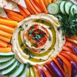 - 1 can (15 oz) chickpeas - 1/4 cup tahini - 2 tablespoons olive oil - 2 tablespoons lemon juice - 1 clove garlic, minced - 1/2 teaspoon ground cumin - Salt to taste - Fresh parsley and paprika for garnish - Assorted veggies and pita bread To make a classic hummus platter, you need simple yet fresh ingredients. Start with a can of chickpeas. These are the base for your hummus. Then, you’ll need tahini, which adds creaminess and depth. Olive oil brings richness, while lemon juice gives that needed zing. Don't skip the garlic! It adds a punch of flavor. Ground cumin gives a warm note that complements the other flavors. Use salt to bring all the tastes together. For a beautiful finish, use fresh parsley and paprika as garnishes. Finally, the platter shines with assorted veggies like carrot sticks and cucumber slices, plus warm pita bread cut into triangles. This variety makes it fun to eat and share. You can find the full recipe for a classic hummus platter linked above. - Drain and rinse the chickpeas: Start by taking your can of chickpeas. Use a colander to drain the liquid. Rinse them well under cold water. This step helps to remove any canning liquid and salt. Clean chickpeas make a smoother hummus. - Mince the garlic: Take one clove of garlic. Peel it and chop it finely. You want small pieces so that the garlic mixes well into the hummus. This adds a fresh, bold flavor. - Combine all ingredients in a food processor: In your food processor, add the drained chickpeas, tahini, olive oil, lemon juice, minced garlic, ground cumin, and a pinch of salt. You want all the flavors to blend together. - Achieve the desired consistency: Blend the mixture until it is smooth. If it feels too thick, add cold water one tablespoon at a time. Keep blending until you reach that creamy, dreamy texture. Taste it. If it needs more flavor, add a bit more salt or lemon juice. - Create a well in the hummus: Once your hummus is ready, transfer it to a serving bowl. Use the back of a spoon to make a shallow well in the center. This will hold your olive oil and make it look nice. - Drizzle with olive oil and garnish: Pour a little olive oil into the well. Then sprinkle paprika and chopped fresh parsley on top for color. This makes your hummus look fancy and inviting. - Arrange the veggies and pita bread: Place your assorted veggies and pita triangles around the hummus. This adds color and gives everyone something to dip with. Enjoy your Classic Hummus Platter! For the complete recipe, check the Full Recipe section. To make great hummus, pay attention to seasoning. I like to taste it after blending. You can add more salt or lemon juice if it needs a boost. The right balance makes a huge difference. For consistency, start with the basic recipe. If the hummus is thick, add cold water. Blend it until smooth. You want it creamy and easy to scoop. It should not be too runny either. When serving, arrange the veggies and pita bread nicely around the hummus. A colorful spread makes it more inviting. Carrot sticks, cucumber slices, and bell pepper strips work well. For extra flavor, add olives or cherry tomatoes. They add color and a burst of taste. Choose a bright, colorful plate for your platter. This will make your hummus look even more appealing. Layer the veggies and pita around the hummus. A well-arranged platter is fun and exciting. Remember, we eat with our eyes first! {{image_2}} You can give your hummus a tasty boost with roasted red peppers. Just chop them up and blend them in. They add a sweet and smoky flavor. Another option is to use spices like smoked paprika or za'atar. These spices add warmth and depth. A sprinkle of smoked paprika enhances the earthy chickpeas. Za'atar brings a fresh, herbal note that makes the hummus shine. Feel free to play around with these flavors! To keep things vegan and gluten-free, check your ingredient labels. Make sure your tahini and olive oil are certified vegan and gluten-free. If you want a gluten-free dipper, try carrots or celery sticks. They add a nice crunch and are great with hummus. You could also use rice crackers or cucumber slices for variety. There are many options to enjoy this classic dish! You can make your hummus platter unique by adding Mediterranean-style ingredients. Crumbled feta cheese gives a salty kick that pairs well with the creamy hummus. You can also explore regional spices. For example, adding sumac brings a tangy flavor that brightens the dish. Don't hesitate to experiment with ingredients from different cultures. Each twist will offer a fresh experience for your taste buds! For the complete recipe, check the [Full Recipe]. To store leftover hummus, place it in an airtight container. This keeps the hummus fresh and safe. In the fridge, it can last about 4 to 7 days. After a week, check for any changes in smell or texture before using. If you have more hummus than you can eat, freezing is a great option. To freeze hummus, spoon it into a freezer-safe container. Leave some space at the top, as it will expand. For the best taste, use it within three months. When you’re ready to enjoy it, thaw the hummus in the fridge overnight. For quicker thawing, place it in a bowl of cold water for about an hour. You can use leftover hummus in many ways. Spread it on sandwiches for added flavor. Use it as a dip for chips or veggies. You can even mix it into pasta for a creamy sauce. With these ideas, your hummus won’t go to waste! A Classic Hummus Platter is a simple yet tasty dish. It features creamy hummus at its center. You can surround it with colorful veggies and warm pita bread. Common veggies include carrot sticks, cucumber slices, and bell pepper strips. This platter is not only delicious but also great for sharing. It's a popular dish in many cultures, especially in the Middle East. Making hummus from scratch is easy and fun. Start with one can of chickpeas. You’ll also need tahini, olive oil, lemon juice, garlic, and spices. Here’s a quick overview of the steps: 1. Drain and rinse the chickpeas. 2. Blend them with tahini, olive oil, lemon juice, minced garlic, and cumin in a food processor. 3. Add salt to taste. 4. Blend until smooth, adding cold water for the right texture. For a detailed guide, check the Full Recipe. Hummus is a healthy choice for many reasons. It is high in protein and fiber. These nutrients help you feel full and satisfied. Chickpeas, the main ingredient, provide vitamins and minerals. However, some people worry about the fat in tahini and olive oil. While these fats are healthy, portion control is key. If you have nut allergies, check the tahini source. Overall, hummus is a nutritious option that can fit into a balanced diet. This blog post covered how to make delicious hummus step by step. We looked at key ingredients, prep techniques, and tips for a great flavor. You can customize your hummus with various additives and serve it creatively. Don’t forget storage tips to keep it fresh! Making hummus is simple and it packs nutrients too. Try it out for a healthy snack or meal idea. Enjoy exploring flavors and impress your friends with your hummus skills!