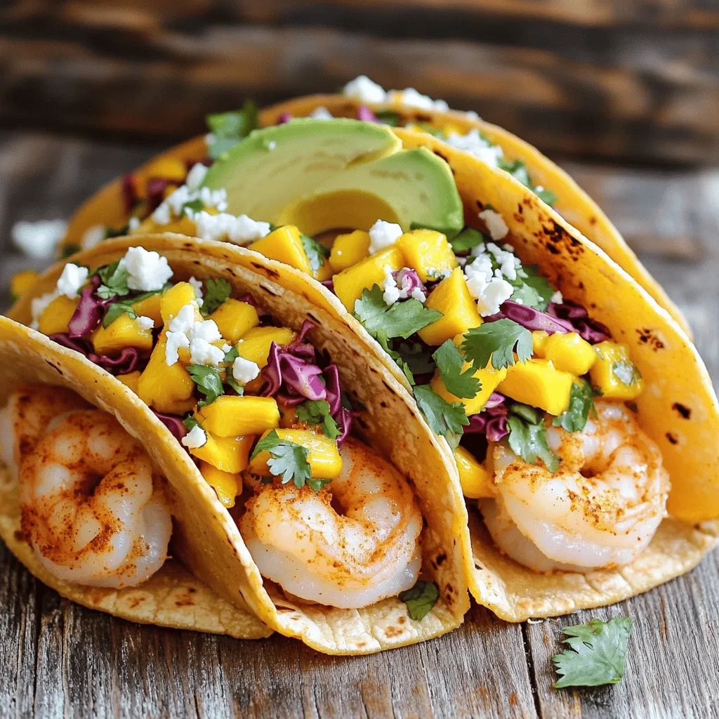 - 1 lb large shrimp, peeled and deveined - 8 small corn tortillas - 1 mango, peeled and diced - 1 cup red cabbage, shredded - 2 tablespoons olive oil - 1 teaspoon chili powder - 1 teaspoon cumin - 1/2 teaspoon garlic powder - Salt and pepper, to taste - 1 tablespoon lime juice - Avocado, sliced (for topping) - Crumbled feta cheese (optional, for topping) When making shrimp tacos, the right ingredients make all the difference. You want fresh shrimp that shines with flavor. Look for large shrimp, as they hold up well in the taco. Corn tortillas add a nice touch. They are soft and warm, perfect for holding the filling. For the mango slaw, ripe mango is key. It brings sweetness and a bright color. Red cabbage gives crunch and a pop of color. You can also add fresh cilantro for a lovely herb touch. Seasoning is vital. Olive oil helps coat the shrimp and keeps them moist. Chili powder and cumin provide warmth. Garlic powder adds depth. Don’t forget salt and pepper to taste! Lime juice brings a zesty kick that brightens the whole dish. For toppings, sliced avocado adds creaminess. Crumbled feta cheese is an optional treat for a salty bite. Find the full recipe for a detailed guide on how to create these mouthwatering shrimp tacos with mango slaw! To start, toss the shrimp in a bowl with olive oil. Add chili powder, cumin, garlic powder, salt, and pepper. Mix well until the shrimp are coated in the spices. This step adds lots of flavor. Next, heat a skillet over medium-high heat. Add the seasoned shrimp to the skillet and cook for 2-3 minutes on each side. The shrimp should turn pink and opaque. Once cooked, remove them from the heat. In a separate bowl, combine the diced mango, shredded red cabbage, chopped cilantro, and lime juice. Mix everything well. This slaw adds a fresh taste to the tacos. It balances the shrimp's spice and gives a nice crunch. Make sure all the ingredients are well-mixed for the best flavor. Now, heat the corn tortillas in a dry skillet or microwave until warm. This makes them soft and easy to fold. To assemble the tacos, place a few shrimp in each tortilla. Top them with the mango slaw. If you like, add sliced avocado and crumbled feta cheese on top. Serve the tacos right away while warm. Enjoy the fresh flavors of your shrimp tacos with mango slaw! For the full recipe, check the main section. When choosing shrimp, both fresh and frozen options work well. Fresh shrimp offers great taste, but frozen shrimp is often just as good. Both types can be tasty. If you buy frozen, check for good quality and solid color. For this recipe, I recommend using large shrimp. A size of 16/20 means there are 16 to 20 shrimp per pound. This size fits well in the tacos and gives a nice bite. To kick up the flavor, think about adding more spices. A pinch of smoked paprika adds warmth. You can also try fresh herbs like dill or mint for a twist. These herbs pair well with the mango slaw. Making the slaw colorful can impress your guests. Add some chopped red bell pepper or grated carrots. These ingredients not only add color but also enhance flavor and crunch. For sides, consider a fresh salad or tortilla chips with salsa. A simple black bean salad also works well. These sides balance the meal and add more variety. When serving, think about fun ideas. You can set up a taco bar for gatherings. Let guests build their own tacos, adding their choice of toppings. This interactive approach makes meals more enjoyable. For the full recipe, check out the detailed steps to create your own shrimp tacos with mango slaw! {{image_2}} For shrimp tacos, you can switch proteins. Fish works well, like tilapia or cod. Just season the fish the same way as the shrimp. Cook until flaky and tender. Chicken also makes a nice choice. Use grilled or shredded chicken for a tasty twist. For a vegetarian option, try black beans or roasted veggies. They add great flavor and texture. You can change up the slaw to keep it fresh. Add fruits like pineapple or apples for sweetness. They brighten up the dish and pair well with shrimp. You can also explore different cabbages. Green cabbage or napa cabbage can add crunch. Other greens like kale or spinach can work too. Mix and match to find your favorite combo. When it comes to tortillas, you have options. Corn tortillas are traditional and gluten-free. They add a nice flavor. Flour tortillas offer a soft, chewy texture. If you need gluten-free choices, look for brands that use alternative flours. You can even try lettuce wraps for a low-carb option. Each tortilla brings its unique taste to the tacos. For full details on the recipe, check out the Full Recipe. To store leftover shrimp tacos, wrap them tightly in plastic wrap or foil. You can also place them in an airtight container. This keeps the tacos fresh for up to two days in the fridge. Make sure to keep the shrimp and slaw separate from the tortillas to avoid sogginess. Using glass containers works well and helps prevent any odors from mixing. The best methods for reheating shrimp tacos are in a skillet or oven. Heat a skillet on medium-low and add a little oil. Place the tacos in the skillet for about two minutes on each side. This keeps the shrimp tender and warm. You can also use a toaster oven for a crispier tortilla. If using the microwave, heat in short bursts and cover with a damp paper towel to keep them moist. Yes, you can freeze shrimp tacos, but it’s best to freeze the shrimp and slaw separately. Place the shrimp in a freezer bag, removing as much air as possible. For the slaw, use a sealed container. When you’re ready to eat, thaw the shrimp in the fridge overnight. Reheat in a skillet, and mix with fresh slaw before serving. This method keeps the flavors fresh and enjoyable. To keep shrimp tender, cook them quickly. Overcooking makes shrimp tough. Aim for just 2-3 minutes per side on medium-high heat. - Use fresh shrimp. They taste better and cook evenly. - Avoid freezing shrimp for too long. Fresh is best. - Marinate shrimp briefly. A quick soak in lime juice or oil adds flavor and moisture. If you want heat, add spices or hot sauce. Here are a few ideas: - Mix cayenne pepper into your seasoning. - Top tacos with sliced jalapeños. - Use hot salsa instead of mild. - Add a drizzle of sriracha for a kick. Try these tips to find your perfect spice level! Yes, you can prep shrimp tacos ahead of time! Here’s how: - Cook shrimp and store them in the fridge for up to two days. - Make the mango slaw the day before. It will stay fresh. - Heat tortillas just before serving. This keeps them soft. These tips help you save time on busy days. Check the Full Recipe for more details! In this post, we covered tasty shrimp tacos, with main ingredients like shrimp, tortillas, and mango. I shared step-by-step instructions to prepare, cook, and assemble them. You learned tips for choosing shrimp and enhancing flavor, plus variations for proteins and slaws. Remember, perfecting shrimp tacos is about fresh ingredients and personal flair. Enjoy the fun of making them your way, and impress your friends and family at your next gathering. Dive in and savor every bite!