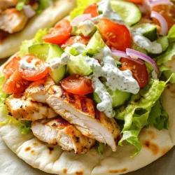 - 1 lb (450g) boneless, skinless chicken thighs - 3 tablespoons olive oil - 2 tablespoons Greek yogurt - 1 tablespoon lemon juice - 2 cloves garlic, minced - 1 teaspoon dried oregano - 1 teaspoon paprika - Salt and pepper to taste - 4 pita breads - 1 cup shredded lettuce - 1 tomato, diced - 1/2 cucumber, thinly sliced - 1/4 red onion, thinly sliced - 1/2 cup tzatziki sauce When making chicken gyros, you want juicy chicken thighs. They are perfect because they stay moist. The marinade adds great flavor. I use olive oil, Greek yogurt, and lemon juice for a zesty kick. Garlic, oregano, and paprika make it even better. For toppings, fresh ingredients are key. Crisp lettuce, juicy tomatoes, and cool cucumbers add crunch. Red onion gives a nice bite, and tzatziki sauce ties it all together. - Chicken breast for leaner meat - Turkey thighs for a lighter option - Firm tofu for a plant-based choice If you want a lower-fat option, try chicken breast. It cooks faster but may dry out. Turkey thighs work well if you want a different flavor. For a plant-based meal, firm tofu absorbs marinades nicely. - 4 servings per recipe - 3-4 ounces of chicken per gyro - Pair with a side salad for balanced nutrition I recommend making four gyros with this recipe. Each gyro should have about 3-4 ounces of chicken. A side salad pairs well and boosts your veggie intake. This meal is not just tasty; it’s good for you, too! For the full recipe, check out the details I provided. To get the best flavor, coat the chicken well in the marinade. Start by mixing olive oil, Greek yogurt, lemon juice, minced garlic, oregano, paprika, salt, and pepper in a bowl. Stir until it's smooth. Next, add the chicken thighs. Make sure they are fully covered in the marinade. Cover the bowl and place it in the refrigerator. For great taste, let it marinate for at least 30 minutes. If you have time, marinate for up to 2 hours for even better flavor. You can cook the chicken on a grill or in a skillet. For grilling, preheat your grill to medium-high heat. Cook the chicken for about 5-7 minutes on each side. Use a meat thermometer to check if the chicken reaches 165°F (75°C). If using a skillet, heat a little oil and cook the chicken in the same way. Once done, take the chicken off the heat and let it rest for 5 minutes. This helps keep it juicy. After resting, slice the chicken into thin strips. Now it’s time to fill the pita. Start with a warm pita bread. Place the sliced chicken in the center. Then, add shredded lettuce, diced tomatoes, cucumber slices, and red onion on top. For a creamy touch, drizzle tzatziki sauce over everything. Fold the pita around the filling, making sure it stays inside. For a beautiful dish, stack the gyros neatly on a plate. You can garnish with extra herbs or a slice of lemon for a pop of color. For the full recipe, check out Easy Chicken Gyros. To really boost flavor in your Easy Chicken Gyros, try these spices and herbs: - Dried oregano: This adds a nice, earthy taste. - Paprika: Use smoked paprika for a deeper flavor. - Garlic powder: For extra garlic flavor without the fuss. When marinating, remember these dos and don’ts: - Do marinate for at least 30 minutes. - Don’t skip the salt; it brings out the flavors. - Do cover your chicken while it marinates. - Don’t marinate for too long; over 12 hours can make it mushy. To ensure your chicken is juicy and tender, follow these tips: - Use chicken thighs instead of breasts for more fat and flavor. - Cook on medium-high heat to get a nice sear. - Always let the chicken rest for a few minutes before slicing. This keeps it juicy. Avoid these common mistakes: - Don’t overcrowd the pan; this can lead to steaming instead of searing. - Check doneness with a meat thermometer; it should reach 165°F. - Avoid cooking on too high heat; this can burn the outside before the inside cooks. For great pairings with your chicken gyros, consider these side dishes: - Greek salad: Fresh and colorful, it adds crunch. - Sweet potato fries: Their sweetness matches well with savory gyros. - Rice pilaf: A light, fluffy side that complements the gyros. For drinks, I recommend: - Sparkling water: It refreshes without overpowering the meal. - Lemonade: A sweet and tangy choice that balances the flavors. - Greek wine: A light red or crisp white can elevate your meal. For the full recipe, check the Easy Chicken Gyros section. {{image_2}} You can swap chicken for other meats. Try lamb or beef for a richer taste. Turkey works well too if you want a leaner choice. If you prefer plant-based, use chickpeas or falafel. These options give you a tasty twist on the classic gyro. Tzatziki sauce is key, but you can make it your own. Add fresh herbs like mint or dill for extra flavor. You can also mix in more garlic or lemon juice to suit your taste. For toppings, consider feta cheese or olives. These add a nice salty bite that pairs well with the chicken. Pita bread is great, but there are other choices. Use flatbreads or wraps if you want a change. For gluten-free options, look for corn tortillas or gluten-free pita. These options keep your meal fun and accessible for everyone. Check out the Full Recipe for more details! Store leftover chicken gyros in the fridge. Use an airtight container. This keeps the flavors fresh. Place the chicken and toppings in separate containers. This prevents sogginess. Enjoy your leftovers within three days for the best taste. To reheat chicken gyros, use a skillet. Heat it over medium heat. Place the chicken in the skillet for about 5 minutes. Flip it halfway through to warm evenly. For the pita, wrap it in foil. Heat in the oven at 350°F (175°C) for 10 minutes. This keeps the pita soft and fresh. Yes, you can freeze gyros! Wrap the chicken tightly in plastic wrap. Then, place it in a freezer bag. Squeeze out the air before sealing. For best results, freeze for up to three months. When ready to eat, thaw overnight in the fridge. Reheat gently before serving. To make tzatziki sauce, you need just a few ingredients. Start with: - 1 cup Greek yogurt - 1/2 cucumber, grated - 2 cloves garlic, minced - 1 tablespoon lemon juice - Salt and pepper to taste 1. In a bowl, mix the yogurt, grated cucumber, garlic, and lemon juice. 2. Add salt and pepper to your liking. 3. Stir well until smooth. 4. Chill in the fridge for about 30 minutes. This helps the flavors blend. Now, you have a fresh and creamy tzatziki sauce for your gyros! Yes, you can use chicken breast. However, there are some key differences. Chicken thighs have more fat and flavor. They stay juicy when cooked. Chicken breast is leaner and may dry out if overcooked. If you choose breasts, watch the cooking time closely. Cook them for about 4-6 minutes on each side. You can serve chicken gyros with various sides. Here are some tasty options: - Greek salad with tomatoes and feta - Crispy fries or sweet potato fries - Roasted vegetables for a healthy touch - Pita chips with hummus for snacking - A refreshing drink like iced tea or lemonade These pair well with the gyros and make a complete meal. Enjoy your feast! In this article, we explored key ingredients for tasty chicken gyros, from thighs to toppings. I shared how to marinate and cook chicken perfectly, plus tips for assembling your dish. You learned about variations, sides, and even storage for leftovers. When you follow these simple steps, you'll enjoy delicious gyros every time. Experimenting with flavors and substitutes can make this dish your own. Enjoy your cooking journey and the tasty results!